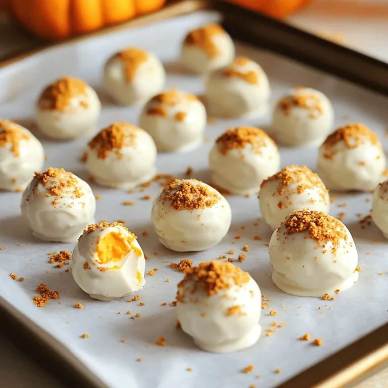 To make Pumpkin Cheesecake Truffles, you need a few key ingredients. These items create a rich and flavorful treat. Here’s what you’ll need: - 8 oz cream cheese, softened - 1 cup pumpkin puree - 1/2 cup powdered sugar - 1 teaspoon vanilla extract - 1 teaspoon pumpkin pie spice - 1 cup graham cracker crumbs - 1 cup white chocolate chips - 1 tablespoon coconut oil - Pinch of sea salt These ingredients work together to give the truffles their creamy texture and warm fall flavor. The cream cheese adds richness, while the pumpkin brings moisture and taste. The powdered sugar sweetens the mixture, and vanilla extract adds depth. Pumpkin pie spice brings that classic fall flavor we all love. Graham cracker crumbs provide the perfect crunch, making each bite interesting. The white chocolate coating adds sweetness and a lovely finish. Coconut oil helps the chocolate melt smoothly and harden nicely. Finally, a pinch of sea salt balances all the flavors. With these ingredients, you’re ready to create a delicious fall treat that everyone will love! To start, gather your ingredients. In a large bowl, combine these items: - 8 oz cream cheese, softened - 1 cup pumpkin puree - 1/2 cup powdered sugar - 1 teaspoon vanilla extract - 1 teaspoon pumpkin pie spice - Pinch of sea salt Mix these together until the mixture is smooth and creamy. This step is key for a rich flavor. Once mixed, add in the graham cracker crumbs. Stir until everything is well combined. Next, cover the bowl with plastic wrap and chill the mixture in the fridge for about 1 to 2 hours. This helps it firm up, making it easier to handle. Once it’s chilled, use a small cookie scoop or your hands to scoop out the mixture. Roll each scoop into balls, about 1 inch in size. Place these on a parchment-lined baking sheet. For extra firmness, freeze the truffles for 30 minutes. This step is important for easy coating later on. While the truffles chill, melt your white chocolate and coconut oil. Use a microwave-safe bowl and heat in 30-second intervals. Stir after each interval until it’s smooth. When ready, take the truffles from the freezer. Using a fork, dip each truffle into the melted chocolate. Make sure each truffle is coated evenly. Let any excess chocolate drip off before placing them back on the parchment paper. If you want, sprinkle extra graham cracker crumbs or pumpkin pie spice on top of the truffles. This adds a nice touch. Allow the truffles to sit at room temperature until the chocolate hardens. You can also speed this up by placing them in the fridge for about 15 minutes. Enjoy your delightful Pumpkin Cheesecake Truffles! To get the right texture for your truffles, the cheesecake mixture should be smooth and creamy. It needs to be thick enough to hold its shape when scooped. If it’s too runny, add a bit more graham cracker crumbs. Chill the mixture for 1 to 2 hours before shaping. This time allows it to firm up, making it easier to roll into balls. You can make your truffles even more special with fun toppings. Consider using crushed graham crackers, cinnamon, or mini chocolate chips. Each topping adds a unique twist. For flavor, try adding a pinch of nutmeg or even a splash of maple syrup to the mixture. This can give your truffles a different taste that might surprise your friends. Serve the truffles on a nice plate or in cupcake liners for a fun touch. They look great and make for easy serving. Pair these treats with hot cider, coffee, or even a sweet dessert wine. The flavors complement each other well and make your treat time even more enjoyable. {{image_2}} You can easily add your twist to these truffles. Try different spices like cinnamon or nutmeg. These spices can enhance the warm flavors. You can also use dark chocolate instead of white. Dark chocolate gives a richer taste that pairs well with pumpkin. If you want a gluten-free treat, simply use gluten-free graham crackers. They work just as well in this recipe. For a vegan option, swap the cream cheese for a vegan cream cheese. You can also use maple syrup instead of powdered sugar for sweetness. How you present these truffles can make them extra special. You can package them in small boxes tied with ribbons for gifts. This adds a nice touch for friends or family. For serving, arrange them on a festive platter. You can also use cupcake liners for an attractive display. To keep your Pumpkin Cheesecake Truffles fresh, store them properly. Place them in an airtight container. This keeps moisture out and flavor in. In the fridge, they stay tasty for up to a week. Be sure to layer them with parchment paper to avoid sticking. If you want to save some for later, freezing is a great option. Freeze the truffles on a baking sheet first. After they’re firm, transfer them to a freezer-safe bag. They can last up to three months in the freezer. Just remember to label the bag with the date! To enjoy your truffles at their best, follow some best practices. Keep them in the fridge for no more than a week. If you see any moisture on the surface, it's time to toss them. Signs of spoilage include a change in color or a sour smell. If you notice these signs, don’t eat them. It's better to be safe than sorry! Yes, you can use fresh pumpkin! Fresh pumpkin adds bright flavor and a lovely texture. It is fun to roast and puree your own pumpkin. The fresh kind can feel more natural without added preservatives. However, it can be more work than using canned pumpkin. Canned pumpkin is often more convenient and consistent. It gives you a smooth base for your truffles. If you choose fresh, make sure to cook it well and drain any excess water. These truffles are tasty for up to one week when stored correctly. Keep them in an airtight container in the fridge. This helps keep them fresh and firm. If you want to save them for longer, you can freeze the truffles. They last up to three months in the freezer. To thaw, just place them in the fridge overnight. Enjoy them chilled for the best flavor! You can use dark chocolate! It will change the taste and texture a bit. Dark chocolate adds a rich, deep flavor that contrasts nicely with the sweet pumpkin. The texture may be less creamy than white chocolate. For a smoother finish, you can add a bit of coconut oil to the dark chocolate. This helps it melt well and coat the truffles nicely. Experiment with different types of chocolate for fun flavors! You learned how to make tasty pumpkin cheesecake truffles today. We covered the key ingredients and how to mix them smoothly. I shared step-by-step instructions for forming and coating your truffles. Tips helped you get the best texture and ideas for decorating. We explored flavor and dietary variations to fit your needs. Lastly, I shared storage advice and answered common questions. Get ready to impress your friends and family with these delightful treats! Enjoy making them.