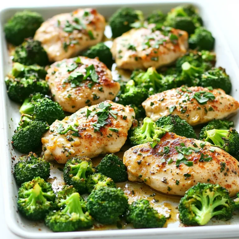 - 4 boneless, skinless chicken breasts - 2 cups broccoli florets - 4 tablespoons unsalted butter, melted - 5 cloves garlic, minced - 1 teaspoon dried thyme - 1 teaspoon paprika - Salt and pepper to taste - 1 lemon, zested and juiced - 1 tablespoon olive oil - Fresh parsley, for garnish Gathering the right ingredients is key for this dish. Start with four boneless, skinless chicken breasts. They cook evenly and stay juicy. Next, grab two cups of fresh broccoli florets. They add color and nutrients. Melt four tablespoons of unsalted butter. This will create a rich garlic butter that flavors the chicken and broccoli. You’ll need five cloves of garlic, finely minced. The garlic gives a strong flavor that pairs well with the chicken. Add one teaspoon of dried thyme and one teaspoon of paprika for depth. These herbs create a nice balance. Remember to season with salt and pepper to taste. For a bright kick, use one lemon. Zest it and juice it into your garlic butter. Finally, you’ll need one tablespoon of olive oil. This helps the broccoli roast perfectly. Don’t forget fresh parsley for garnish. It adds a nice touch of green and freshness to your dish. Now you have all the ingredients ready to create a flavorful meal! - Preheat the oven to 400°F (200°C). - Line a large baking sheet with parchment paper or foil. - In a small bowl, mix melted butter, minced garlic, thyme, paprika, lemon zest, lemon juice, salt, and pepper. This mix creates a tasty garlic butter marinade. - Place the chicken breasts on one side of the baking sheet. Brush half of the garlic butter over the chicken. Make sure to coat it well. - On the other side, toss the broccoli florets with olive oil, salt, and pepper. Spread the broccoli out in a single layer. - Drizzle the rest of the garlic butter over the broccoli for added flavor. - Bake in the preheated oven for about 20-25 minutes. Check the chicken's internal temperature. It should reach 165°F (75°C) and the broccoli should be tender and slightly crispy. - After baking, remove the sheet from the oven. Let it rest for a few minutes to keep the juices in the chicken. To make this dish pop, adjust your salt and pepper. Start with a pinch of salt. Taste and add more if needed. For pepper, a light sprinkle works well. You can also add red pepper flakes for heat. This brings a nice kick to the chicken and broccoli. If you want more flavor, try adding herbs like oregano or rosemary. Cook the chicken for 20 to 25 minutes. Check if it reaches 165°F (75°C). Use a meat thermometer for accuracy. Broccoli should be tender yet crisp. If the chicken is done, it is best to let it rest. This keeps it juicy and flavorful. Let it sit for about five minutes before serving. Serving directly on the sheet pan gives a rustic look. It’s easy and fun for a family meal. For a fancier touch, transfer to plates. Garnish with fresh parsley for color. Squeeze some lemon juice on top for extra zing. This adds brightness and enhances the flavors, making the dish even more delightful. {{image_2}} You can switch out broccoli for green beans or asparagus. Both add a nice crunch and flavor. For a splash of color, add bell peppers or carrots. They roast well and taste great with garlic butter. If you prefer dark meat, use chicken thighs instead of breasts. They stay moist and flavorful. For a vegetarian option, try tofu or chickpeas. Both soak up the garlic butter nicely and make a filling meal. To change the flavor, mix in different herbs and spices. Rosemary or oregano can give a fresh taste. You can also add a tangy sauce or sprinkle cheese on top. This creates a rich layer of flavor that will surprise your taste buds. After you enjoy your Sheet Pan Garlic Butter Chicken Broccoli, store any leftovers in the fridge. Use an airtight container to keep the dish fresh. It will last about three to four days. If you want to extend the life, use glass containers. They keep flavors better than plastic. To reheat, you have a few good options. The oven works best. Preheat it to 350°F (175°C). Place the chicken and broccoli on a baking sheet. Heat for about 10-15 minutes. This method keeps the chicken juicy and the broccoli crisp. You can also use a microwave. Just cover the dish to avoid drying out the food. Heat in short bursts, checking every minute. Want to freeze it? You can! Let it cool completely first. Then, place the chicken and broccoli in a freezer-safe bag. Squeeze out all the air before sealing. It’s best to eat it within three months. When ready to eat, thaw it in the fridge overnight. Reheat in the oven for best results. This way, you’ll keep that delicious flavor. Yes, you can prepare the garlic butter marinade a day before. Mix the melted butter, garlic, thyme, paprika, lemon juice, zest, salt, and pepper. Store it in the fridge. You can also marinate the chicken in advance. Just cover it and keep it cool until you are ready to cook. This dish pairs well with many sides. Here are some ideas: - Rice or quinoa for a filling base - Mashed potatoes for a creamy touch - A fresh garden salad for crunch - Crusty bread to soak up the butter sauce Absolutely! You can make a few easy swaps: - Use olive oil instead of butter for a dairy-free option. - Swap chicken for tofu or chickpeas for a vegetarian dish. - Change broccoli to other veggies like green beans or carrots. Check the chicken's internal temperature. Use a food thermometer if you have one. It should reach 165°F (75°C). The juices should run clear, not pink. If you cut into it, the meat should look opaque and firm. Yes, you can double it easily! Just make sure your baking sheet is big enough. If not, use two sheets. Keep the same cooking time, but check the chicken’s temperature to ensure it cooks evenly. This blog post covered a simple garlic butter chicken and broccoli recipe. We explored the key ingredients, step-by-step instructions, and tips for perfect results. I shared ways to adjust the flavors and substitute ingredients to suit your taste. Remember, you can store leftovers or freeze the dish for later. With these guidelines, you can enjoy a tasty, healthy meal with ease. Cooking doesn’t have to be hard. Enjoy your delicious creation!