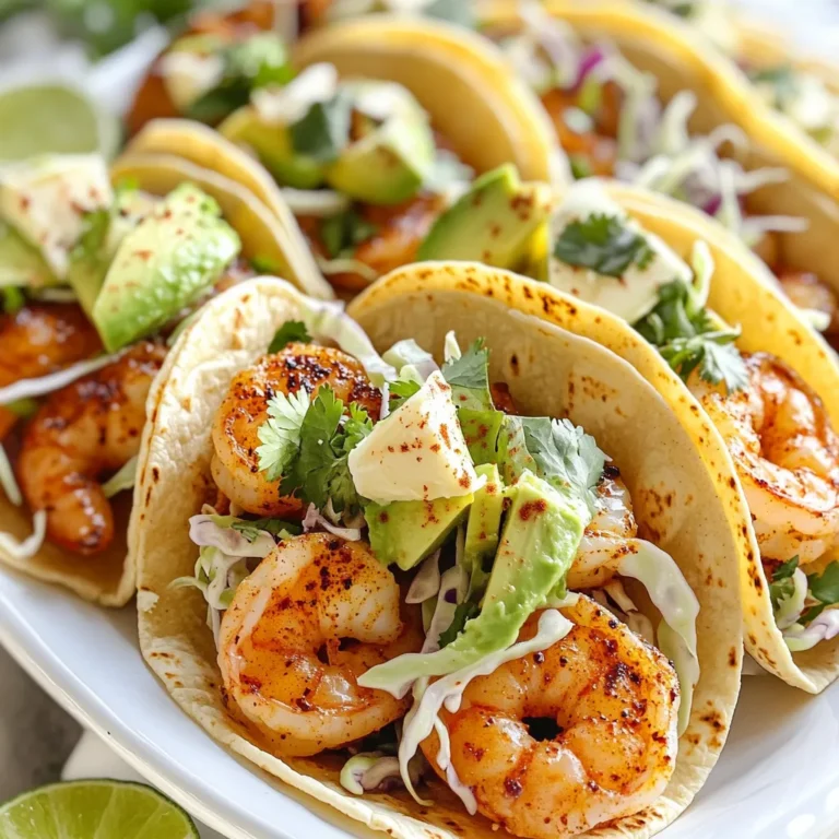 - 1 pound large shrimp, peeled and deveined - 4 tablespoons unsalted butter, melted - 4 cloves garlic, minced - 1 teaspoon smoked paprika - 1 teaspoon chili powder - Salt and pepper to taste - 8 small corn tortillas - 1 cup shredded cabbage - 1 avocado, sliced - ¼ cup fresh cilantro, chopped - Lime wedges for serving When making Garlic Butter Shrimp Tacos, fresh ingredients shine. You want to start with large shrimp. They cook fast and stay juicy. I love using shrimp that is peeled and deveined. This saves time and effort. Next, the butter adds richness. I prefer unsalted butter because it allows me to control the salt. Garlic is a must! Minced garlic adds an amazing aroma and flavor. For the spice mix, smoked paprika gives a nice depth. Chili powder adds warmth. I usually sprinkle in salt and pepper to taste. This combo really makes the shrimp pop. Moving on to taco essentials, corn tortillas are my favorite. They are soft and have great flavor. Shredded cabbage adds crunch and freshness. Don't skip the avocado! Its creaminess balances the dish. Fresh cilantro brings in brightness. Lastly, lime wedges are perfect for a zesty finish. Gather these ingredients, and you are ready to create a taco feast! - Preheat your oven to 400°F (200°C). - In a large bowl, mix melted butter, minced garlic, smoked paprika, chili powder, salt, and pepper. - Toss the shrimp in the garlic butter mixture until all are coated. - Spread the shrimp evenly on a parchment-lined sheet pan. - Bake the shrimp in the preheated oven for 8-10 minutes, until they turn pink. - While the shrimp bake, warm the corn tortillas in a dry skillet over medium heat. Heat them for about 30 seconds on each side until they are soft. - Once the shrimp are cooked, take them out of the oven. - Place a handful of shredded cabbage on each tortilla, then add a few shrimp. - Top with avocado slices and chopped cilantro. - Squeeze fresh lime juice over each taco right before serving. - Ensure shrimp are evenly coated. This helps in getting a rich flavor. - Check shrimp for doneness. They should be fully pink. Under-cooked shrimp can be unsafe. - Use fresh ingredients for the best flavor. Fresh produce makes a big difference. - Serve hot with lime wedges. The lime adds a nice zing to each bite. - Use parchment paper for easy cleanup. It keeps the pan clean and saves time. {{image_2}} You can change the filling in your tacos for different tastes. If you don’t like shrimp, try chicken or tofu. Both options taste great with garlic butter. You can also add fun toppings. Try jalapeños for some heat. Salsa adds a fresh twist. To make your tacos even better, play with spices and herbs. Add cumin or oregano for a new flavor. You can also try cheese or sour cream. These can make your tacos creamy and rich. Get creative with how you serve your dish. Instead of tacos, turn it into a burrito bowl. Just add the shrimp and toppings over rice. You can also serve it with beans for a filling meal. Enjoy your garlic butter shrimp in many ways! Store any leftovers in an airtight container. This keeps the shrimp fresh. You can enjoy them for up to 2 days. Just make sure to seal it well to avoid any odors. If you want to save your tacos longer, freeze them. Pack the assembled tacos in freezer bags. They can last up to a month in the freezer. This way, you can enjoy a quick meal anytime. To reheat the shrimp, set your oven to 350°F (175°C). Place the shrimp on a baking tray. Heat them for about 10 minutes, until warm. For the tortillas, warm them in a skillet. Just a minute on each side will restore their soft texture. This keeps your tacos tasty and fresh! Cooked shrimp turn pink and opaque. They also curl up slightly. When you see these signs, your shrimp are ready to eat. It’s best not to overcook them, as they can become tough. Yes, you can use frozen shrimp. Just ensure they are thawed before cooking. To thaw, place them in the fridge overnight or run them under cold water for a quick thaw. This keeps them fresh and tasty. Popular toppings include shredded lettuce, diced tomatoes, and hot sauce. You can also add avocado or mango for extra flavor. Feel free to mix and match based on your taste. They can be healthy when made with fresh ingredients and consumed in moderation. The shrimp provide protein, and using fresh vegetables boosts nutrition. Just watch the butter and tortillas if you’re counting calories. This blog post gives you a simple way to make garlic butter shrimp tacos. You start with fresh shrimp and spices, then cook everything just right. Remember to keep your shrimp pink and juicy for the best taste. Feel free to change up the ingredients to suit your style or add your favorite toppings. With these easy tips, you can enjoy tasty tacos at home. Now, gather your ingredients and get ready to cook something delicious!