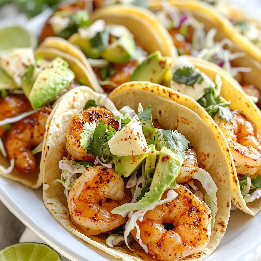 - 1 pound large shrimp, peeled and deveined - 4 tablespoons unsalted butter, melted - 4 cloves garlic, minced - 1 teaspoon smoked paprika - 1 teaspoon chili powder - Salt and pepper to taste - 8 small corn tortillas - 1 cup shredded cabbage - 1 avocado, sliced - ¼ cup fresh cilantro, chopped - Lime wedges for serving When making Garlic Butter Shrimp Tacos, fresh ingredients shine. You want to start with large shrimp. They cook fast and stay juicy. I love using shrimp that is peeled and deveined. This saves time and effort. Next, the butter adds richness. I prefer unsalted butter because it allows me to control the salt. Garlic is a must! Minced garlic adds an amazing aroma and flavor. For the spice mix, smoked paprika gives a nice depth. Chili powder adds warmth. I usually sprinkle in salt and pepper to taste. This combo really makes the shrimp pop. Moving on to taco essentials, corn tortillas are my favorite. They are soft and have great flavor. Shredded cabbage adds crunch and freshness. Don't skip the avocado! Its creaminess balances the dish. Fresh cilantro brings in brightness. Lastly, lime wedges are perfect for a zesty finish. Gather these ingredients, and you are ready to create a taco feast! - Preheat your oven to 400°F (200°C). - In a large bowl, mix melted butter, minced garlic, smoked paprika, chili powder, salt, and pepper. - Toss the shrimp in the garlic butter mixture until all are coated. - Spread the shrimp evenly on a parchment-lined sheet pan. - Bake the shrimp in the preheated oven for 8-10 minutes, until they turn pink. - While the shrimp bake, warm the corn tortillas in a dry skillet over medium heat. Heat them for about 30 seconds on each side until they are soft. - Once the shrimp are cooked, take them out of the oven. - Place a handful of shredded cabbage on each tortilla, then add a few shrimp. - Top with avocado slices and chopped cilantro. - Squeeze fresh lime juice over each taco right before serving. - Ensure shrimp are evenly coated. This helps in getting a rich flavor. - Check shrimp for doneness. They should be fully pink. Under-cooked shrimp can be unsafe. - Use fresh ingredients for the best flavor. Fresh produce makes a big difference. - Serve hot with lime wedges. The lime adds a nice zing to each bite. - Use parchment paper for easy cleanup. It keeps the pan clean and saves time. {{image_2}} You can change the filling in your tacos for different tastes. If you don’t like shrimp, try chicken or tofu. Both options taste great with garlic butter. You can also add fun toppings. Try jalapeños for some heat. Salsa adds a fresh twist. To make your tacos even better, play with spices and herbs. Add cumin or oregano for a new flavor. You can also try cheese or sour cream. These can make your tacos creamy and rich. Get creative with how you serve your dish. Instead of tacos, turn it into a burrito bowl. Just add the shrimp and toppings over rice. You can also serve it with beans for a filling meal. Enjoy your garlic butter shrimp in many ways! Store any leftovers in an airtight container. This keeps the shrimp fresh. You can enjoy them for up to 2 days. Just make sure to seal it well to avoid any odors. If you want to save your tacos longer, freeze them. Pack the assembled tacos in freezer bags. They can last up to a month in the freezer. This way, you can enjoy a quick meal anytime. To reheat the shrimp, set your oven to 350°F (175°C). Place the shrimp on a baking tray. Heat them for about 10 minutes, until warm. For the tortillas, warm them in a skillet. Just a minute on each side will restore their soft texture. This keeps your tacos tasty and fresh! Cooked shrimp turn pink and opaque. They also curl up slightly. When you see these signs, your shrimp are ready to eat. It’s best not to overcook them, as they can become tough. Yes, you can use frozen shrimp. Just ensure they are thawed before cooking. To thaw, place them in the fridge overnight or run them under cold water for a quick thaw. This keeps them fresh and tasty. Popular toppings include shredded lettuce, diced tomatoes, and hot sauce. You can also add avocado or mango for extra flavor. Feel free to mix and match based on your taste. They can be healthy when made with fresh ingredients and consumed in moderation. The shrimp provide protein, and using fresh vegetables boosts nutrition. Just watch the butter and tortillas if you’re counting calories. This blog post gives you a simple way to make garlic butter shrimp tacos. You start with fresh shrimp and spices, then cook everything just right. Remember to keep your shrimp pink and juicy for the best taste. Feel free to change up the ingredients to suit your style or add your favorite toppings. With these easy tips, you can enjoy tasty tacos at home. Now, gather your ingredients and get ready to cook something delicious!