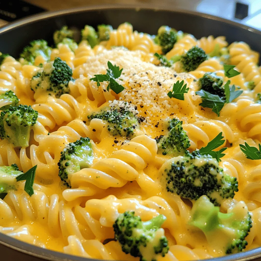 - 10 oz of pasta (fusilli or penne) - 2 cups broccoli florets - 4 cups vegetable broth - 1 cup heavy cream or full-fat coconut milk - 1 ½ cups sharp cheddar cheese, grated - 1 tablespoon olive oil - 3 cloves garlic, minced - Onion powder, garlic powder, salt, and pepper Gathering the right ingredients is key to a great dish. Here, you need just a few simple items to make this creamy pasta. You’ll start with 10 oz of pasta. Fusilli or penne works best for this recipe. Next, grab 2 cups of fresh broccoli florets. They add a nice crunch and nutrition. Then, you need 4 cups of vegetable broth. This broth gives flavor and moisture to the pasta. For the creamy aspect, use 1 cup of heavy cream or full-fat coconut milk. Both options will work well. You also want 1 ½ cups of sharp cheddar cheese. Grate it yourself for the best melt. Now, let’s talk seasonings. You will need 1 tablespoon of olive oil to sauté. Then, add 3 cloves of minced garlic for a fragrant base. For extra flavor, use onion powder, garlic powder, salt, and pepper. These spices will enhance the dish. These ingredients come together to create a rich and tasty meal. Make sure to have everything prepped before you start cooking. Enjoy the process! First, grab a large pot and add one tablespoon of olive oil. Heat it over medium heat. Once hot, toss in three cloves of minced garlic. Sauté the garlic for about one to two minutes. You want it to smell great but not turn brown. Next, add the dry pasta and two cups of broccoli florets to the pot. Stir everything together well. Now, pour in four cups of vegetable broth. Season with half a teaspoon of onion powder, half a teaspoon of garlic powder, and salt and pepper to taste. Stir once more to mix all the flavors. Bring the mixture to a boil. Once it bubbles, lower the heat to a simmer. Cover the pot and let it cook for about ten to twelve minutes. Stir occasionally. You want the pasta to be al dente and the broccoli to be tender. After the pasta is cooked, reduce the heat to low. Pour in one cup of heavy cream or full-fat coconut milk. Stir until it blends smoothly. Gradually add one and a half cups of grated sharp cheddar cheese. Keep stirring until the cheese melts fully and the sauce becomes creamy. Taste and adjust seasoning if needed. Your dish is nearly ready! To get a creamy sauce, stir continuously while adding cheese. This keeps the cheese from clumping. Start with a low heat as you add the cheese. Mix it in slowly. This helps the cheese melt evenly, making a smooth sauce. If you notice clumps forming, use a whisk. Whisking breaks them apart quickly. You can also add a splash of cream to help. This will keep your sauce silky and rich. Timing is key for perfect pasta and broccoli. Cook the pasta until it's al dente, which takes about 10-12 minutes. The broccoli should be tender but not mushy. Stir it every few minutes to prevent sticking. To enhance flavor, use fresh garlic. Fresh garlic gives a stronger taste than powdered. Adding a pinch of red pepper flakes can add a nice kick, too. Garnishing can make your dish look even better. Top your pasta with extra cheddar cheese for richness. Fresh parsley adds color and freshness. A sprinkle of black pepper gives a nice finish. Try adding toasted breadcrumbs for crunch. They add texture and flavor. Enjoy getting creative with your toppings! {{image_2}} You can boost your One Pot Creamy Broccoli Cheddar Pasta with proteins like chicken, shrimp, or tofu. - Chicken: Use cooked, shredded chicken. Add it in the last few minutes to warm through. - Shrimp: Add raw shrimp during the last 5 minutes of cooking. They cook quickly and add a nice flavor. - Tofu: Use firm tofu, cubed. Sauté it first for a crispy texture before adding it to the pot. Adjust cooking times to ensure your protein is fully cooked and safe to eat. Feel free to mix in other veggies for added nutrition and flavor. - Spinach: Add fresh spinach at the end for a pop of color and nutrients. - Carrots: Shredded carrots cook quickly and add sweetness. - Cauliflower: Substitute cauliflower for broccoli if you prefer. You can use seasonal vegetables to keep your dish fresh and exciting. This dish is easy to modify for different diets. - Vegan: Replace heavy cream with coconut milk and use vegan cheese. - Gluten-Free: Use gluten-free pasta. Ensure all other ingredients are gluten-free too. - Nut-Free: Most cheese options are nut-free, but check labels to be sure. These changes let anyone enjoy this creamy pasta dish! To store leftovers, let the pasta cool first. Place it in an airtight container. This keeps the dish fresh and tasty. You can keep it in the fridge for up to three days. If you want to enjoy it later, make sure to check for any signs of spoilage before eating. If you want to freeze the pasta, use a freezer-safe container. It’s best to freeze it without any garnishes. The pasta will stay good for about two months in the freezer. When you're ready to eat, thaw it overnight in the fridge. To reheat, warm it in a pot over low heat. Add a splash of broth or water to bring back its creaminess. You can prep this dish ahead of time. Cook the pasta and broccoli, then cool them separately. Store them in airtight containers. This way, you can combine them with the sauce fresh when you're ready to eat. It saves time on busy days and keeps the flavors bright. Yes, you can easily make this dish vegan. For the cheese, use a plant-based cheese. Choose a brand that melts well. For the cream, replace heavy cream with full-fat coconut milk or cashew cream. Both provide creaminess without dairy. Cooking pasta in this dish takes about 10-12 minutes. You will cook it until it's al dente. Stir occasionally to keep it from sticking. Make sure to check the pasta for doneness as cooking times can vary. This pasta pairs well with a simple side salad. A light green salad with vinaigrette works great. You can also serve it with garlic bread for a comforting meal. Roasted vegetables add color and nutrition, too. This blog post shared a simple recipe for One Pot Creamy Broccoli Cheddar Pasta. You learned how to combine pasta, broccoli, and creamy cheese for a delicious dish. I provided tips for making the sauce extra creamy and offered variations to fit different diets. Remember, you can store leftovers for future meals or prep ingredients ahead of time. Enjoy this tasty meal that you can easily customize. Cooking this dish will impress both yourself and your family!