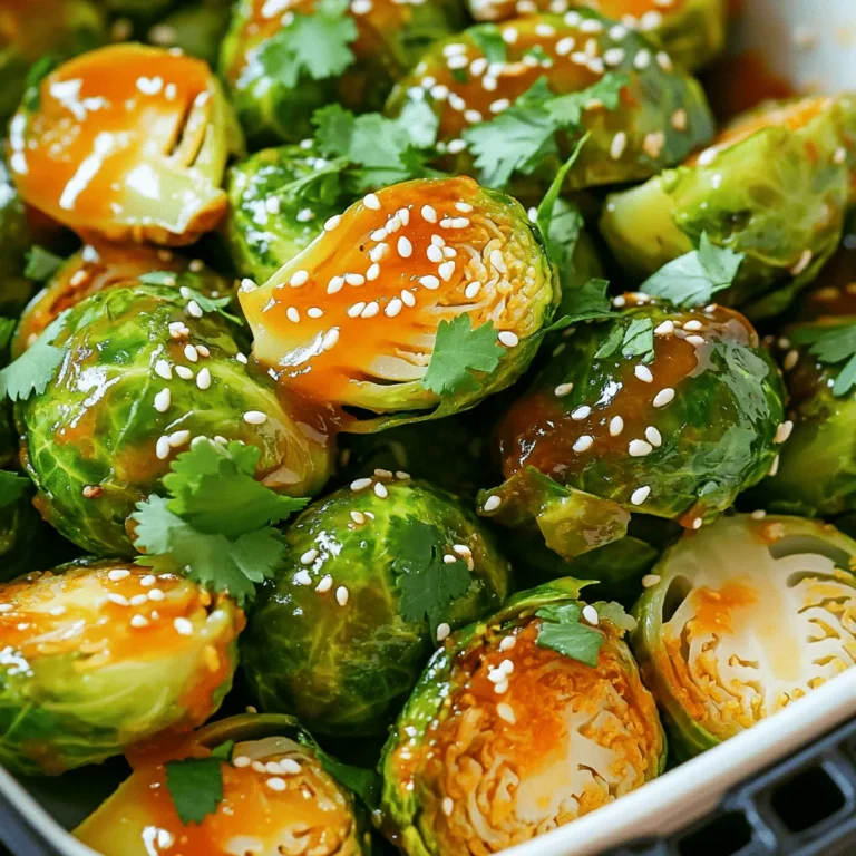 - 1 lb Brussels sprouts, trimmed and halved - 2 tablespoons sweet chili sauce - 1 tablespoon olive oil - 1 teaspoon garlic powder - 1 teaspoon onion powder - Salt and pepper to taste - 1 tablespoon sesame seeds (optional) - Fresh cilantro, for garnish You can swap sweet chili sauce for other sauces. Try sriracha or hoisin sauce. If you need a different oil, avocado oil works well. For garlic and onion powder, use fresh garlic and onion if you prefer. Just chop finely and add more to taste. When choosing Brussels sprouts, look for bright green color. They should feel firm, not soft. Bigger sprouts can be sweeter, but smaller ones are often more tender. Always avoid any yellow or wilted leaves. Fresh Brussels sprouts make a big difference in taste. 1. Preheat the air fryer Start by preheating your air fryer to 375°F (190°C). This takes about 5 minutes. The hot air helps to make the Brussels sprouts crispy. 2. Mixing the ingredients correctly In a mixing bowl, add 1 lb of halved Brussels sprouts. Pour in 1 tablespoon of olive oil and 2 tablespoons of sweet chili sauce. Add 1 teaspoon of garlic powder, 1 teaspoon of onion powder, and salt and pepper to taste. Toss everything well. Make sure the sprouts are coated nicely. 1. Arranging Brussels sprouts in the air fryer basket Place the seasoned Brussels sprouts in the air fryer basket. Spread them out in a single layer. Avoid stacking them. This helps them cook evenly. 2. Cooking time and temperature settings Cook the Brussels sprouts for 12-15 minutes. Shake the basket halfway through. This way, they will turn golden brown and crispy on all sides. 1. How to achieve the perfect crispiness When the sprouts are golden and crispy, remove them from the air fryer. If you want extra crunch, you can cook them for a few more minutes. Just watch closely to avoid burning. 2. Serving suggestions for presentation Serve the Brussels sprouts in a shallow dish. Drizzle some sweet chili sauce on top. Sprinkle sesame seeds for added flavor and crunch. Garnish with fresh cilantro for a nice pop of color. This makes the dish look as good as it tastes! To get the best flavor, use fresh Brussels sprouts. Look for bright green veggies. Trim the ends and halve them. This helps them cook evenly. The sweet chili sauce adds a nice kick. Balance it with garlic and onion powder for depth. Adjust salt and pepper to your taste. To prevent sogginess, make sure to coat the Brussels sprouts lightly in olive oil. Too much oil can make them wet. You want each piece to be coated but not swimming in oil. Avoid overcrowding in the air fryer. If you stack the Brussels sprouts, they won’t cook well. They need space for hot air to circulate. Cook in batches if needed to keep them crispy. Shaking the basket halfway through cooking is crucial. This ensures even cooking and crispiness. When you shake, the sprouts flip and brown nicely on all sides. You can prepare Brussels sprouts in advance. Trim and halve them a day before. Store in a sealed bag in the fridge. This saves time when cooking day arrives. For quick clean-up, line the air fryer basket with parchment paper. It catches drips and makes washing easy. Just toss the paper when you’re done. {{image_2}} You can spice up your Air Fryer Sweet Chili Brussels Sprouts. Add some red pepper flakes for heat. You could also mix in a bit of sriracha. This gives a nice kick to your dish. If you want something sweeter, try adding pineapple or mango chunks. These fruits bring out the sweetness in the chili sauce. They make the dish bright and fresh. If you're vegan, use a plant-based sweet chili sauce. This keeps the dish tasty and friendly. For gluten-free options, check the sauce label carefully. Many sweet chili sauces are gluten-free. If you want a low-carb version, skip the sweet chili sauce. Instead, use a mix of olive oil and lemon juice. This keeps your sprouts flavorful without added sugars. Air Fryer Sweet Chili Brussels Sprouts pair well with many main dishes. Serve them alongside grilled chicken or fish. They also fit nicely with rice or quinoa for a complete meal. Want to make a salad? Toss the cooked Brussels sprouts with mixed greens. Add a light vinaigrette for a fresh, crunchy salad. This way, you have a perfect dish for any table! To store cooked Brussels sprouts, let them cool first. Place them in an airtight container. This helps keep them fresh. You can store them in the fridge for up to three days. Make sure to label your container with the date. This way, you know how long they have been in there. To freeze Brussels sprouts, start with fresh ones. Trim and halve them as you did for cooking. Blanch them in boiling water for two minutes. Then, quickly cool them in ice water. Drain and dry them well. Place them in freezer bags, removing as much air as possible. They can stay frozen for about three months. For reheating, cook them straight from frozen. This keeps their flavor and texture intact. You can reheat your Brussels sprouts in the air fryer or microwave. The air fryer gives the best results. Heat them at 350°F (175°C) for about five to seven minutes. This helps them stay crispy. In the microwave, use a microwave-safe dish. Heat in short bursts of 30 seconds. Stir in between to keep them even. This method may soften them a bit, but they will still taste good. How long to cook Brussels sprouts in the air fryer? I cook Brussels sprouts in the air fryer for 12-15 minutes at 375°F (190°C). This time gives them a nice crisp. Remember to shake the basket halfway through to cook them evenly. Can I use frozen Brussels sprouts for this recipe? Yes, you can use frozen Brussels sprouts. Just note they may need a few extra minutes to cook. Thaw them first for best results. Why are my Brussels sprouts not getting crispy? If your Brussels sprouts are not crispy, check the oil amount. Too little oil can cause them to steam instead of crisp. Make sure they are in a single layer in the air fryer, too. What to do if the sweet chili sauce burns? If the sweet chili sauce burns, lower the temperature next time. You can add the sauce later in the cooking process. This keeps it from burning and helps it stick better. What are the health benefits of Brussels sprouts? Brussels sprouts are packed with vitamins C and K. They also have fiber, which helps digestion. These little veggies are great for your health and can support your immune system. Caloric content and nutritional breakdown per serving Each serving of Air Fryer Sweet Chili Brussels Sprouts has about 150 calories. They provide protein, healthy fats, and carbs, making them a balanced side dish. We explored how to make tasty air fryer sweet chili Brussels sprouts. You learned about the key ingredients, clever substitutions, and tips for picking the freshest sprouts. I provided step-by-step cooking instructions and helpful tricks to perfect your dish. Try these variations for additional flavors and learn best practices for storage. With this recipe, you can enjoy a delicious dish that’s easy and fun to make. Your next meal will be a winner with these crispy, flavor-packed Brussels sprouts!