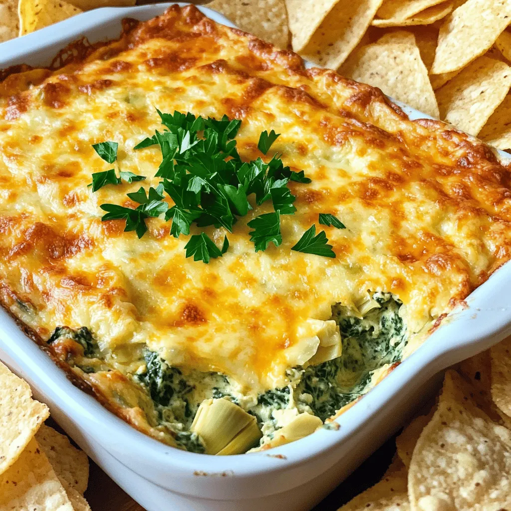 - 1 cup fresh spinach, chopped - 1 cup artichoke hearts, drained and chopped - 1 cup cream cheese, softened - 1/2 cup sour cream - 1/2 cup mayonnaise - 1 cup shredded mozzarella cheese - 1/2 cup grated Parmesan cheese - 2 garlic cloves, minced - 1 teaspoon lemon juice - 1/2 teaspoon red pepper flakes - Salt and pepper to taste This recipe makes enough dip for 6 to 8 servings. It takes about 10 minutes to prep and 30 minutes to bake. You can add more flavor with a few tweaks: - Mix in chopped green onions for a fresh taste. - Use cooked bacon bits for a smoky twist. - Swap mozzarella for cheddar for a sharp flavor. - Add a dash of Worcestershire sauce for depth. Feel free to get creative! The key is to keep it creamy and tasty. 1. First, preheat your oven to 350°F (175°C). This step gets your oven ready. 2. In a large mixing bowl, add the softened cream cheese, sour cream, and mayonnaise. Mix until it becomes smooth. 3. Next, add the chopped spinach and artichoke hearts to the bowl. 4. Then, stir in the minced garlic, lemon juice, and red pepper flakes. This mix adds great flavor! 5. Now, add the shredded mozzarella and grated Parmesan cheese. Combine everything well. 6. Finally, season with salt and pepper to taste. This is how you customize it just for you. 7. Transfer the dip mixture into a baking dish. Spread it evenly across the dish. 1. Place the baking dish in your preheated oven. 2. Bake for 25-30 minutes. Look for a bubbly and golden top. This shows it’s ready! 3. Once done, remove it from the oven. Let it cool slightly before serving. Serve this dip warm. It tastes great with tortilla chips or sliced baguette. You can also use fresh vegetable sticks for a healthier option. For a nice touch, add a sprinkle of parsley on top. This makes it look even more appetizing! When making baked spinach artichoke dip, avoid these common errors. First, do not skip softening the cream cheese. Softening helps blend it well. Next, overcooking can dry out the dip. Watch it closely while baking. Also, don’t forget to mix in enough salt and pepper. This step is key for great flavor. Lastly, be careful not to use canned artichokes without draining them. Excess liquid can make the dip watery. To boost the flavor of your dip, try adding a few extras. A dash of hot sauce can add heat. You can also mix in some sun-dried tomatoes for a tangy twist. Fresh herbs like parsley or basil brighten the dish. For a smoky taste, add a bit of smoked paprika. These small changes can make your dip stand out at any gathering. You can prepare the dip ahead of time. Just mix all the ingredients and store it in the fridge. Cover the dish well to keep it fresh. When ready to serve, bake it as directed. This method saves you time and stress. You can also freeze the dip. Just thaw it overnight in the fridge before baking. This way, you have a tasty snack ready whenever you need it. {{image_2}} You can make this dip vegetarian by using plant-based cream cheese and sour cream. Replace the mayonnaise with a vegan mayo. For a nutty flavor, try adding cashew cream instead. This way, you keep the creamy texture while staying plant-based. Cheese is key in this dish. You can swap mozzarella with gouda or cheddar for a richer taste. If you love a sharper flavor, try using aged cheddar or a blend of cheeses. Feta cheese can add a nice tang, too. Want to spice it up? Add diced jalapeños or green chilies for a kick. You can mix in sun-dried tomatoes for a sweet and savory twist. For a fresh touch, consider adding chopped herbs like basil or parsley. These simple changes can take your dip to new heights! After enjoying your dip, let it cool down. Transfer any leftovers to an airtight container. This keeps the dip fresh and tasty. Store it in the fridge for up to three days. Make sure to seal the container tightly to avoid any smells from other foods. When you are ready to eat the dip again, preheat your oven to 350°F (175°C). Place the dip in an oven-safe dish. Cover it with foil to keep it from drying out. Heat for about 15-20 minutes or until warm and bubbly again. You can also use a microwave. Heat in short bursts, stirring in between, until heated through. You can freeze leftovers for later use. First, let the dip cool completely. Then, place it in a freezer-safe container. It can last up to three months in the freezer. To use it later, thaw it overnight in the fridge. Reheat as described above for best results. Yes, you can use frozen spinach. Just make sure to thaw and drain it well. Frozen spinach can have a lot of water. If you don’t drain it, the dip may become too watery. I like to squeeze the spinach in a clean towel to remove extra moisture. This way, you keep the dip nice and creamy. This dip pairs well with many foods. Here are some tasty options: - Tortilla chips - Sliced baguette - Fresh vegetable sticks like carrots or celery - Pita chips - Crackers You can even serve it with a side of pickles for a nice crunch. Each option adds a unique twist to your snack time. When stored properly, this dip lasts about 3 to 4 days in the fridge. Keep it in an airtight container. Before you serve it again, just give it a stir. If you want to enjoy it later, you can also freeze it. Just make sure to store it in a freezer-safe container. In this post, we explored every facet of making a delicious spinach artichoke dip. We covered ingredients, measurements, and optional additions. Next, I showed you how to prepare, bake, and serve the dip. We also discussed tips to avoid common mistakes. We shared variations to suit different diets and preferences, plus smart storage tips for leftovers. Remember, with the right approach, you can enjoy this dish any time. Have fun cooking!