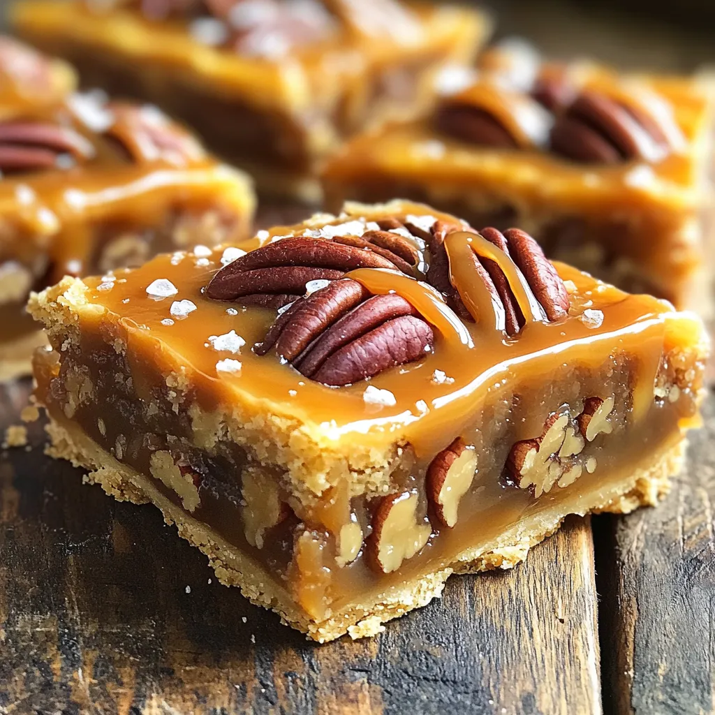 To make delicious Caramel Pecan Pie Bars, gather these simple ingredients: - 1 cup all-purpose flour - 1/2 cup unsalted butter, softened - 1/4 cup granulated sugar - 1/4 teaspoon salt - 1/2 cup brown sugar, packed - 1/4 cup corn syrup - 1 teaspoon vanilla extract - 2 large eggs - 1 cup pecans, roughly chopped - 1/2 cup caramel sauce (store-bought or homemade) - Sea salt, for garnish These ingredients create a rich and sweet flavor. The crust uses flour, butter, and sugar for a soft base. The filling combines eggs, sugars, and corn syrup for that classic pecan pie taste. The pecans add crunch and richness, while the caramel sauce makes it extra special. Don't forget the sea salt; it adds a perfect touch! First, set your oven to 350°F (175°C). This heat will help your bars bake evenly. Grease a 9x9-inch baking pan or line it with parchment paper. This step makes removal easy later. In a mixing bowl, cream together 1/2 cup of softened butter and 1/4 cup of granulated sugar. Mix until it feels light and fluffy. Then, add 1 cup of all-purpose flour and 1/4 teaspoon of salt. Stir until a dough forms. Press this dough evenly into the bottom of your prepared pan. Place the pan in the oven and bake for about 15 minutes. You want the crust to turn lightly golden. Once baked, take it out and let it cool for a few minutes. In a medium bowl, whisk together 1/2 cup of packed brown sugar, 1/4 cup of corn syrup, and 1 teaspoon of vanilla extract. Add the eggs, one at a time. Whisk well after each addition until smooth and combined. Now, stir in 1 cup of roughly chopped pecans and half of 1/2 cup of caramel sauce. Mix well until everything is evenly distributed. Pour the pecan mixture over the baked crust. Spread it evenly to cover the crust. Place it back in the oven and bake for another 25 to 30 minutes. The filling should be set and slightly bubbly. It will firm up as it cools. After baking, take the pan out and let it cool on a wire rack for at least 30 minutes. Once cool, drizzle the remaining caramel sauce over the top and sprinkle a little sea salt for flavor. When the bars are completely cool, lift them out of the pan using the parchment paper edges if you used them. Cut into squares or rectangles. Enjoy these sweet treats on their own or with a scoop of vanilla ice cream! To get a great crust, use cold butter. This helps the crust stay flaky. Mix the butter with the sugar well before adding flour. It should look light and fluffy. Press the dough into your pan firmly. This keeps the crust from puffing up while baking. Bake until it's just golden. Don’t overbake it. For a creamy filling, mix the sugars well with the corn syrup. Make sure to whisk in the eggs slowly. This helps avoid lumps. Stir in the pecans gently. You want them well mixed but not crushed. Pour the filling over the warm crust. This helps the layers stick well together. Slice the bars into squares once they cool completely. Drizzle the remaining caramel sauce on top for extra flavor. A sprinkle of sea salt enhances the sweetness. For a special touch, serve with vanilla ice cream. The cold ice cream pairs perfectly with the warm bars. Enjoy with friends and family for a sweet treat! {{image_2}} You don’t have to stick with pecans. Try walnuts or almonds for a new twist. They add a different crunch and flavor. If you want a softer bite, use hazelnuts. Just chop them up and mix them in with the filling. Each nut brings its own taste and texture. It's fun to experiment! Want to make this dessert gluten-free? Swap the all-purpose flour for almond flour or a gluten-free blend. This change keeps the bars tasty and rich. Check the labels to ensure your ingredients are gluten-free. You might need to adjust the baking time slightly. Keep an eye on them as they bake. Add a kick of flavor with spices. A dash of cinnamon or nutmeg can make a big difference. You could also mix in some orange zest for a fresh twist. If you love chocolate, try adding mini chocolate chips to the filling. These enhancements will make your bars even more special. The options are endless! To keep your caramel pecan pie bars fresh, place them in an airtight container. Make sure the bars are completely cool before storing. This step helps prevent sogginess. You can also layer parchment paper between bars to avoid sticking. If you want to save some bars for later, freezing is a great option. Wrap each bar tightly in plastic wrap. Then, place the wrapped bars in a freezer-safe bag. Be sure to label the bag with the date. These bars can last up to three months in the freezer. When stored properly, caramel pecan pie bars last about a week in the fridge. They may stay fresh for a bit longer, but the taste might change. If you notice any change in texture or smell, it’s best to toss them. To make these bars, first, you need to preheat your oven to 350°F (175°C). Grease a 9x9-inch pan or use parchment paper. Next, cream together 1/2 cup of softened butter and 1/4 cup of granulated sugar until fluffy. Add 1 cup of all-purpose flour and 1/4 teaspoon of salt, mixing until a dough forms. Press this dough into the bottom of your pan. Bake it for about 15 minutes until golden. For the filling, whisk together 1/2 cup of packed brown sugar, 1/4 cup of corn syrup, and 1 teaspoon of vanilla. Add 2 large eggs one at a time, mixing well. Stir in 1 cup of chopped pecans and 1/2 cup of caramel sauce. Pour this mixture over the crust and bake for an extra 25-30 minutes. Let it cool, drizzle with more caramel, and sprinkle sea salt before slicing. Yes, you can! While pecans are classic, walnuts and almonds work well too. Just chop them up like you would the pecans. Each nut brings its own flavor and crunch. Feel free to experiment with your favorites. You might discover a new twist on this dessert. I love serving these bars warm with a scoop of vanilla ice cream. The ice cream melts slightly and mixes with the caramel, creating a dreamy dessert. You can also serve them with whipped cream or a sprinkle of sea salt on top. They make a great treat for gatherings or family dinners. If you want to avoid corn syrup, you have options. You can use honey or maple syrup instead. Both add sweetness and a hint of flavor. Just keep in mind that they might change the taste a bit. Use the same amount as you would corn syrup. Absolutely! You can make these bars a day or two in advance. Just store them in an airtight container at room temperature. If you want, you can reheat them slightly before serving. This helps the caramel become gooey again. The bars are done when the filling is set and slightly bubbly. A toothpick should come out clean or with just a few moist crumbs. Keep in mind that the filling will firm up as it cools. If the center still looks too jiggly, give it a few more minutes in the oven. In this blog post, we explored how to make delicious Caramel Pecan Pie Bars. I detailed key ingredients and provided step-by-step instructions for success. Tips for a perfect crust and creamy filling were shared, along with fun variations and storage info. Embrace your baking skills and enjoy these bars with family and friends. You’ll impress everyone with your treat while creating sweet memories. Happy baking!