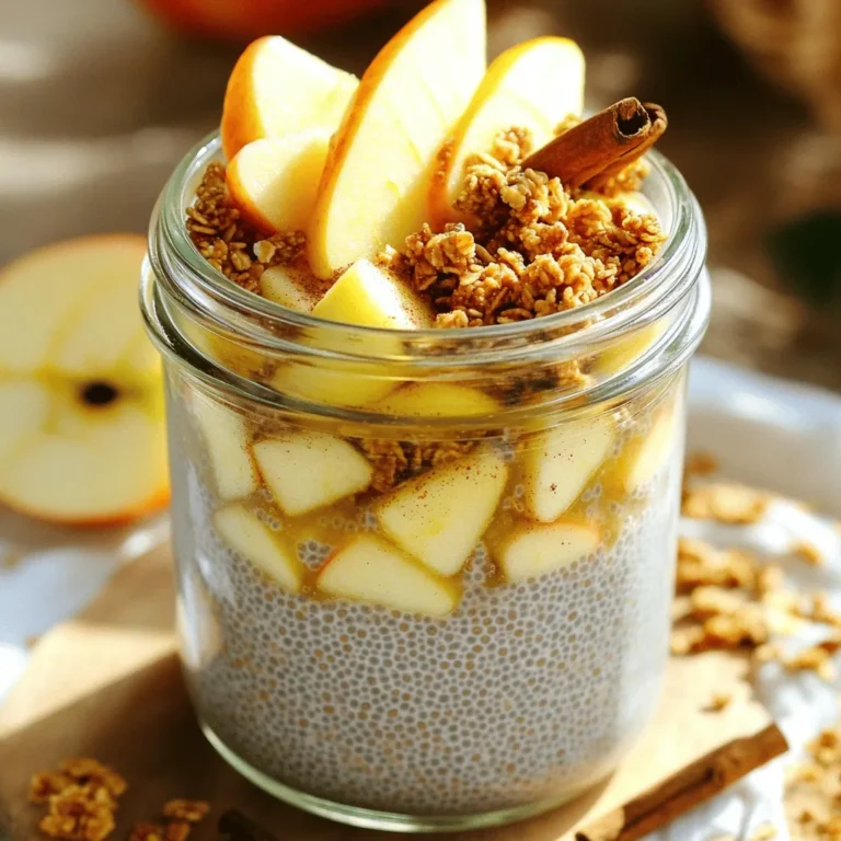 To make Apple Pie Overnight Chia Pudding, you will need: - 1 cup unsweetened almond milk - 1/2 cup chia seeds - 1 medium apple, peeled and diced - 1 tablespoon maple syrup - 1 teaspoon cinnamon - 1/2 teaspoon nutmeg - 1/4 teaspoon vanilla extract - Pinch of salt You can add extra flavor and crunch with these toppings: - 1/4 cup granola - Extra apple slices - A sprinkle of cinnamon This dish is not just tasty; it also has great health perks: - Chia seeds are high in fiber and omega-3s. They help keep you full. - Almond milk is low in calories and rich in vitamins. It is a good choice for many. - Apples provide fiber and vitamin C, boosting your immune system. - Maple syrup gives natural sweetness and has antioxidants. - Cinnamon can help lower blood sugar levels and is packed with antioxidants. - Nutmeg may aid digestion and improve sleep quality. Together, these ingredients create a healthy and delicious start to your day! Start by taking a medium bowl. Pour in 1 cup of unsweetened almond milk. Next, add 1/2 cup of chia seeds. These tiny seeds will help thicken the pudding. Then, mix in 1 tablespoon of maple syrup for sweetness. Add 1 teaspoon of cinnamon for that warm flavor. Don’t forget 1/2 teaspoon of nutmeg for extra spice. Also, include 1/4 teaspoon of vanilla extract for a nice aroma. Finally, add a pinch of salt to balance the flavors. Stir everything well until the chia seeds are evenly spread out. Now it’s time to bring in the apple. Peel and dice 1 medium apple into small pieces. Gently fold the diced apple into the mixture. Make sure the apple pieces get covered by the chia mix. This step adds freshness and texture to your pudding. Next, cover the bowl with plastic wrap. You can also use jars with lids for easy serving. Place the bowl or jars in the fridge. Let the mixture chill for at least 4 to 6 hours, or overnight if you can wait. During this time, the chia seeds will swell and create a pudding-like texture. In the morning, stir the pudding to break up any clumps. If it’s too thick, add a splash of almond milk. Now you’re ready to enjoy your delicious apple pie overnight chia pudding! To get a smooth and creamy chia pudding, use the right ratio of liquid to chia seeds. I recommend using 1 cup of almond milk for every 1/2 cup of chia seeds. This ratio helps the seeds absorb the milk and swell properly. After mixing, let the pudding sit for a few minutes before refrigerating. This allows the seeds to soak up some liquid first. If your pudding is too thick in the morning, add a splash of almond milk to loosen it up. Meal prepping this chia pudding is easy! You can prepare several jars at once. Just multiply the recipe by the number of servings you need. After mixing, divide the mixture into individual jars with lids. Store these jars in the fridge for up to five days. Grab one each morning for a quick breakfast. This method saves time and keeps you on track with healthy eating. Want to jazz up your chia pudding? Here are some tasty ideas: - Add nuts: Chopped walnuts or pecans give great crunch. - Use different spices: Try ginger or allspice for a twist. - Mix in yogurt: A dollop of yogurt adds creaminess. - Change the fruit: Swap apples for pears or berries for a fresh taste. These enhancements can make your chia pudding even more exciting and delicious! {{image_2}} You can change the fruit in your chia pudding for fun. Try using peaches, berries, or bananas. Each fruit brings its unique taste. For a tropical twist, use mango or pineapple. You can mix and match fruits based on what you like or have at home. If you want to switch from almond milk, go for oat milk or coconut milk. Both options are creamy and tasty. They add different flavors to your dish. You can even try soy milk or cashew milk. Each milk gives a new spin to your chia pudding. Maple syrup works great, but you can use honey or agave nectar. If you prefer to avoid sugar, try stevia or monk fruit sweetener. These options fit many diets. Make sure to adjust the amount based on how sweet you want it. This way, you can enjoy your dish without worry! Store leftover chia pudding in an airtight container. Glass jars work great for this. Make sure the lid is tight to keep it fresh. You can keep it in the fridge for easy access. It’s best to eat it within a few days for the best taste. Apple Pie Overnight Chia Pudding stays good for about 3 to 5 days in the fridge. After this time, the flavors may fade. The texture might change as well. Always check for any signs of spoilage before eating. If it smells off or looks strange, it’s better to toss it. You can enjoy this pudding cold or warm. If you prefer it warm, gently heat it in a pot over low heat. Stir often to avoid burning. Add a splash of almond milk to make it creamy again. Serve it in bowls with granola and extra apple slices on top. A sprinkle of cinnamon adds a nice touch. Enjoy your healthy treat! Chia seeds usually need 4 to 6 hours to soften. This time allows them to absorb the liquid and swell. If you leave them overnight, they yield a thicker pudding. The longer they sit, the creamier your pudding will become. Yes, you can use other types of milk. Options include coconut milk, oat milk, or regular milk. Each will add its own flavor and creaminess. Just keep in mind that non-dairy options are great for vegans or those with lactose issues. This recipe is perfect for meal prep! You can make it in advance and store it in the fridge. It stays fresh for about 3 to 5 days. Just add your toppings right before you eat to keep them crunchy and fresh. This article covered how to make Apple Pie Overnight Chia Pudding. We discussed the ingredient list, optional toppings, and health benefits. You learned step-by-step instructions, tips for consistency, and meal prep best practices. We explored tasty variations, storage methods, and frequently asked questions. Embrace this simple recipe for a healthy treat. Enjoy experimenting with flavors that suit your taste!