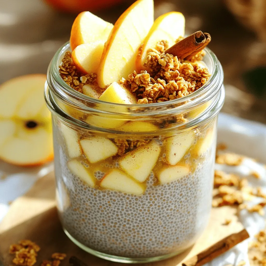 To make Apple Pie Overnight Chia Pudding, you will need: - 1 cup unsweetened almond milk - 1/2 cup chia seeds - 1 medium apple, peeled and diced - 1 tablespoon maple syrup - 1 teaspoon cinnamon - 1/2 teaspoon nutmeg - 1/4 teaspoon vanilla extract - Pinch of salt You can add extra flavor and crunch with these toppings: - 1/4 cup granola - Extra apple slices - A sprinkle of cinnamon This dish is not just tasty; it also has great health perks: - Chia seeds are high in fiber and omega-3s. They help keep you full. - Almond milk is low in calories and rich in vitamins. It is a good choice for many. - Apples provide fiber and vitamin C, boosting your immune system. - Maple syrup gives natural sweetness and has antioxidants. - Cinnamon can help lower blood sugar levels and is packed with antioxidants. - Nutmeg may aid digestion and improve sleep quality. Together, these ingredients create a healthy and delicious start to your day! Start by taking a medium bowl. Pour in 1 cup of unsweetened almond milk. Next, add 1/2 cup of chia seeds. These tiny seeds will help thicken the pudding. Then, mix in 1 tablespoon of maple syrup for sweetness. Add 1 teaspoon of cinnamon for that warm flavor. Don’t forget 1/2 teaspoon of nutmeg for extra spice. Also, include 1/4 teaspoon of vanilla extract for a nice aroma. Finally, add a pinch of salt to balance the flavors. Stir everything well until the chia seeds are evenly spread out. Now it’s time to bring in the apple. Peel and dice 1 medium apple into small pieces. Gently fold the diced apple into the mixture. Make sure the apple pieces get covered by the chia mix. This step adds freshness and texture to your pudding. Next, cover the bowl with plastic wrap. You can also use jars with lids for easy serving. Place the bowl or jars in the fridge. Let the mixture chill for at least 4 to 6 hours, or overnight if you can wait. During this time, the chia seeds will swell and create a pudding-like texture. In the morning, stir the pudding to break up any clumps. If it’s too thick, add a splash of almond milk. Now you’re ready to enjoy your delicious apple pie overnight chia pudding! To get a smooth and creamy chia pudding, use the right ratio of liquid to chia seeds. I recommend using 1 cup of almond milk for every 1/2 cup of chia seeds. This ratio helps the seeds absorb the milk and swell properly. After mixing, let the pudding sit for a few minutes before refrigerating. This allows the seeds to soak up some liquid first. If your pudding is too thick in the morning, add a splash of almond milk to loosen it up. Meal prepping this chia pudding is easy! You can prepare several jars at once. Just multiply the recipe by the number of servings you need. After mixing, divide the mixture into individual jars with lids. Store these jars in the fridge for up to five days. Grab one each morning for a quick breakfast. This method saves time and keeps you on track with healthy eating. Want to jazz up your chia pudding? Here are some tasty ideas: - Add nuts: Chopped walnuts or pecans give great crunch. - Use different spices: Try ginger or allspice for a twist. - Mix in yogurt: A dollop of yogurt adds creaminess. - Change the fruit: Swap apples for pears or berries for a fresh taste. These enhancements can make your chia pudding even more exciting and delicious! {{image_2}} You can change the fruit in your chia pudding for fun. Try using peaches, berries, or bananas. Each fruit brings its unique taste. For a tropical twist, use mango or pineapple. You can mix and match fruits based on what you like or have at home. If you want to switch from almond milk, go for oat milk or coconut milk. Both options are creamy and tasty. They add different flavors to your dish. You can even try soy milk or cashew milk. Each milk gives a new spin to your chia pudding. Maple syrup works great, but you can use honey or agave nectar. If you prefer to avoid sugar, try stevia or monk fruit sweetener. These options fit many diets. Make sure to adjust the amount based on how sweet you want it. This way, you can enjoy your dish without worry! Store leftover chia pudding in an airtight container. Glass jars work great for this. Make sure the lid is tight to keep it fresh. You can keep it in the fridge for easy access. It’s best to eat it within a few days for the best taste. Apple Pie Overnight Chia Pudding stays good for about 3 to 5 days in the fridge. After this time, the flavors may fade. The texture might change as well. Always check for any signs of spoilage before eating. If it smells off or looks strange, it’s better to toss it. You can enjoy this pudding cold or warm. If you prefer it warm, gently heat it in a pot over low heat. Stir often to avoid burning. Add a splash of almond milk to make it creamy again. Serve it in bowls with granola and extra apple slices on top. A sprinkle of cinnamon adds a nice touch. Enjoy your healthy treat! Chia seeds usually need 4 to 6 hours to soften. This time allows them to absorb the liquid and swell. If you leave them overnight, they yield a thicker pudding. The longer they sit, the creamier your pudding will become. Yes, you can use other types of milk. Options include coconut milk, oat milk, or regular milk. Each will add its own flavor and creaminess. Just keep in mind that non-dairy options are great for vegans or those with lactose issues. This recipe is perfect for meal prep! You can make it in advance and store it in the fridge. It stays fresh for about 3 to 5 days. Just add your toppings right before you eat to keep them crunchy and fresh. This article covered how to make Apple Pie Overnight Chia Pudding. We discussed the ingredient list, optional toppings, and health benefits. You learned step-by-step instructions, tips for consistency, and meal prep best practices. We explored tasty variations, storage methods, and frequently asked questions. Embrace this simple recipe for a healthy treat. Enjoy experimenting with flavors that suit your taste!