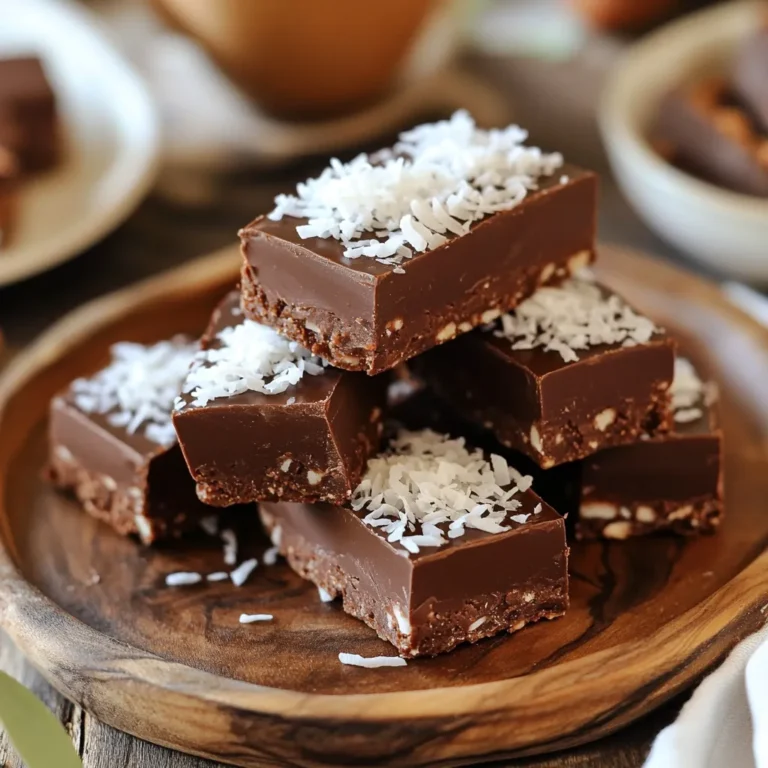 To make these no-bake bars, gather the following: - 1 cup almond flour - 1 cup shredded unsweetened coconut - 1/2 cup medjool dates, pitted - 1/4 cup almond butter - 1/4 cup pure maple syrup - 1/4 cup cocoa powder - 1 teaspoon vanilla extract - 1/4 teaspoon sea salt - 1/2 cup dark chocolate chips (dairy-free if desired) - 1 tablespoon coconut oil These ingredients create a rich and tasty treat. Each one adds unique flavor and texture. You can tweak the bars to match your taste. Here are a few ideas: - Add chopped nuts for extra crunch. - Mix in dried fruit for added sweetness. - Use different nut butters like cashew or peanut. - Swap maple syrup for honey if you prefer. Feel free to get creative and make this recipe your own! If you have dietary restrictions, there are easy swaps: - Use sunflower seed flour instead of almond flour for nut-free bars. - Replace almond butter with tahini for sesame lovers. - Choose agave syrup in place of maple syrup for a vegan option. - Use carob powder instead of cocoa for a caffeine-free treat. These substitutions keep the bars delicious while meeting your needs. Start by gathering your ingredients. Take your food processor and add the almond flour, shredded coconut, and sea salt. Pulse these ingredients until they mix well. Next, add the pitted medjool dates, almond butter, maple syrup, cocoa powder, and vanilla extract. Blend until the mixture forms a sticky dough. This step is key for a good base. Now, let’s melt the chocolate topping. In a small saucepan, combine the dark chocolate chips and coconut oil. Place it over low heat. Stir gently until the mix becomes smooth. This melted chocolate will add a rich flavor and shiny finish to your bars. Line an 8x8-inch baking dish with parchment paper. Leave some overhang for easy removal later. Press the base mixture firmly into the bottom of the dish. Use a spatula or your hands to make it even. Pour the melted chocolate over the base. Spread it out evenly. Next, place the dish in the refrigerator for about 30 minutes. This helps the chocolate set. Once set, lift the bars out using the parchment paper. Cut them into squares or rectangles. Enjoy your delicious bars! To get the best texture for your bars, focus on the blend. Use a food processor to mix the almond flour, shredded coconut, and sea salt first. Pulse until the mixture looks fluffy. Add the dates and other wet ingredients slowly. This way, the bars hold together well. When you press the mix into the baking dish, use firm pressure. This helps create a solid base. Serve your bars chilled for the best taste. Cut them into small squares for easy bites. You can add a sprinkle of extra shredded coconut on top for a fun look. They pair well with a warm drink, like tea or coffee. You can also serve them with fresh fruit for a nice touch. Store the bars in an airtight container in the fridge. They stay fresh for about one week. If you want to keep them longer, freeze them. Wrap each bar in plastic wrap, then place them in a freezer bag. To enjoy, just take them out and let them thaw at room temperature. No need to heat them! This keeps all the flavors intact. {{image_2}} You can make these bars nut-free easily. Replace almond flour with sunflower seed flour. Use sunflower seed butter instead of almond butter. This keeps the flavor rich while making it safe for nut allergies. Ensure you check all ingredients, like chocolate, to avoid nuts. If you need a gluten-free option, you're in luck! The ingredients in these bars are naturally gluten-free. Just ensure your almond flour is certified gluten-free. This way, everyone can enjoy these tasty treats without worry. Want to mix it up? You can add different flavors to your bars. Try adding a teaspoon of espresso powder for a coffee kick. Dried fruits like cherries or cranberries can add sweetness and chewiness. For a tropical twist, include some chopped pineapple or mango. Each variation gives a new taste to enjoy! To keep your no-bake chocolate coconut almond bars fresh, store them in an airtight container. Place a piece of parchment paper between layers to avoid sticking. This helps maintain their texture and flavor. You can keep them in the fridge or at room temperature. If you choose room temperature, make sure it’s cool, away from sunlight. These bars are great for snacks or dessert. When stored properly, they can last up to one week in the fridge. At room temperature, they stay fresh for about three days. Always check for any changes in smell or texture before eating. If you want to keep them longer, freezing is a great option. Cut the bars into squares or rectangles. Wrap each piece tightly in plastic wrap, then place them in a freezer-safe bag. They can last up to three months in the freezer. To enjoy, thaw them in the fridge overnight before serving. Yes, you can use different sweeteners. You may try honey or agave syrup. These work well in this recipe. They add sweetness and moisture. Just keep the amount the same as maple syrup. If you want a sugar-free option, you can use stevia. Adjust the amount based on your taste. To make these bars vegan, swap the honey with maple syrup. The other ingredients are already vegan. Make sure to use dairy-free dark chocolate chips. This way, you keep the treat tasty and plant-based. If you do not have almond flour, you can use oat flour. Simply grind rolled oats in a blender. You can also use sunflower seed flour or coconut flour. If you use coconut flour, use less, as it absorbs more moisture. Start with half the amount and adjust as needed. In this blog post, we explored ingredients, steps, and tips for making delicious bars. You learned about customizations, dietary substitutions, and how to achieve the perfect texture. Remember, you can add flavors, store bars properly, and even freeze them for later. Keep experimenting with your favorite ingredients to create your own unique version. With this knowledge, you can make tasty bars that fit your needs and impress anyone. Enjoy the process and taste each creation!