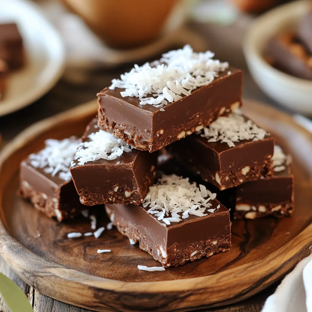 To make these no-bake bars, gather the following: - 1 cup almond flour - 1 cup shredded unsweetened coconut - 1/2 cup medjool dates, pitted - 1/4 cup almond butter - 1/4 cup pure maple syrup - 1/4 cup cocoa powder - 1 teaspoon vanilla extract - 1/4 teaspoon sea salt - 1/2 cup dark chocolate chips (dairy-free if desired) - 1 tablespoon coconut oil These ingredients create a rich and tasty treat. Each one adds unique flavor and texture. You can tweak the bars to match your taste. Here are a few ideas: - Add chopped nuts for extra crunch. - Mix in dried fruit for added sweetness. - Use different nut butters like cashew or peanut. - Swap maple syrup for honey if you prefer. Feel free to get creative and make this recipe your own! If you have dietary restrictions, there are easy swaps: - Use sunflower seed flour instead of almond flour for nut-free bars. - Replace almond butter with tahini for sesame lovers. - Choose agave syrup in place of maple syrup for a vegan option. - Use carob powder instead of cocoa for a caffeine-free treat. These substitutions keep the bars delicious while meeting your needs. Start by gathering your ingredients. Take your food processor and add the almond flour, shredded coconut, and sea salt. Pulse these ingredients until they mix well. Next, add the pitted medjool dates, almond butter, maple syrup, cocoa powder, and vanilla extract. Blend until the mixture forms a sticky dough. This step is key for a good base. Now, let’s melt the chocolate topping. In a small saucepan, combine the dark chocolate chips and coconut oil. Place it over low heat. Stir gently until the mix becomes smooth. This melted chocolate will add a rich flavor and shiny finish to your bars. Line an 8x8-inch baking dish with parchment paper. Leave some overhang for easy removal later. Press the base mixture firmly into the bottom of the dish. Use a spatula or your hands to make it even. Pour the melted chocolate over the base. Spread it out evenly. Next, place the dish in the refrigerator for about 30 minutes. This helps the chocolate set. Once set, lift the bars out using the parchment paper. Cut them into squares or rectangles. Enjoy your delicious bars! To get the best texture for your bars, focus on the blend. Use a food processor to mix the almond flour, shredded coconut, and sea salt first. Pulse until the mixture looks fluffy. Add the dates and other wet ingredients slowly. This way, the bars hold together well. When you press the mix into the baking dish, use firm pressure. This helps create a solid base. Serve your bars chilled for the best taste. Cut them into small squares for easy bites. You can add a sprinkle of extra shredded coconut on top for a fun look. They pair well with a warm drink, like tea or coffee. You can also serve them with fresh fruit for a nice touch. Store the bars in an airtight container in the fridge. They stay fresh for about one week. If you want to keep them longer, freeze them. Wrap each bar in plastic wrap, then place them in a freezer bag. To enjoy, just take them out and let them thaw at room temperature. No need to heat them! This keeps all the flavors intact. {{image_2}} You can make these bars nut-free easily. Replace almond flour with sunflower seed flour. Use sunflower seed butter instead of almond butter. This keeps the flavor rich while making it safe for nut allergies. Ensure you check all ingredients, like chocolate, to avoid nuts. If you need a gluten-free option, you're in luck! The ingredients in these bars are naturally gluten-free. Just ensure your almond flour is certified gluten-free. This way, everyone can enjoy these tasty treats without worry. Want to mix it up? You can add different flavors to your bars. Try adding a teaspoon of espresso powder for a coffee kick. Dried fruits like cherries or cranberries can add sweetness and chewiness. For a tropical twist, include some chopped pineapple or mango. Each variation gives a new taste to enjoy! To keep your no-bake chocolate coconut almond bars fresh, store them in an airtight container. Place a piece of parchment paper between layers to avoid sticking. This helps maintain their texture and flavor. You can keep them in the fridge or at room temperature. If you choose room temperature, make sure it’s cool, away from sunlight. These bars are great for snacks or dessert. When stored properly, they can last up to one week in the fridge. At room temperature, they stay fresh for about three days. Always check for any changes in smell or texture before eating. If you want to keep them longer, freezing is a great option. Cut the bars into squares or rectangles. Wrap each piece tightly in plastic wrap, then place them in a freezer-safe bag. They can last up to three months in the freezer. To enjoy, thaw them in the fridge overnight before serving. Yes, you can use different sweeteners. You may try honey or agave syrup. These work well in this recipe. They add sweetness and moisture. Just keep the amount the same as maple syrup. If you want a sugar-free option, you can use stevia. Adjust the amount based on your taste. To make these bars vegan, swap the honey with maple syrup. The other ingredients are already vegan. Make sure to use dairy-free dark chocolate chips. This way, you keep the treat tasty and plant-based. If you do not have almond flour, you can use oat flour. Simply grind rolled oats in a blender. You can also use sunflower seed flour or coconut flour. If you use coconut flour, use less, as it absorbs more moisture. Start with half the amount and adjust as needed. In this blog post, we explored ingredients, steps, and tips for making delicious bars. You learned about customizations, dietary substitutions, and how to achieve the perfect texture. Remember, you can add flavors, store bars properly, and even freeze them for later. Keep experimenting with your favorite ingredients to create your own unique version. With this knowledge, you can make tasty bars that fit your needs and impress anyone. Enjoy the process and taste each creation!