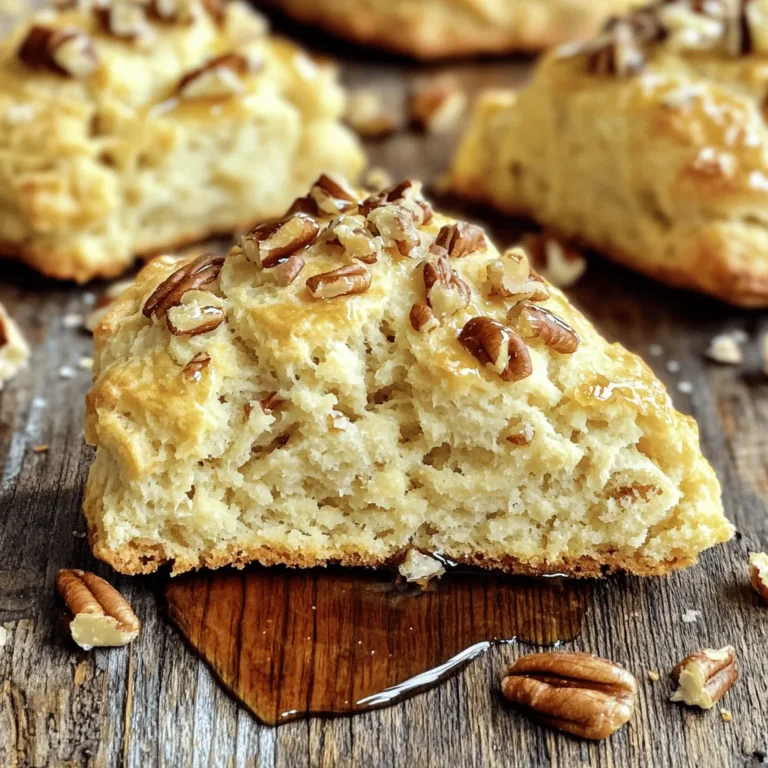 - 2 cups all-purpose flour - 1/3 cup brown sugar - 1 tablespoon baking powder - 1/2 teaspoon salt - 1/4 cup cold unsalted butter, cubed - 1/2 cup heavy cream - 1/4 cup pure maple syrup - 1 teaspoon vanilla extract - 1/2 cup chopped pecans - 1 egg (for egg wash) - Additional maple syrup and chopped pecans for drizzling on top Gather these ingredients before you start. The dry ingredients create the base. You mix the flour, sugar, baking powder, and salt well. This mix gives your scones structure. Next, the wet ingredients add moisture and flavor. Cold butter is key for flaky scones. It keeps the dough light. Heavy cream and maple syrup add a rich taste. Don’t forget the pecans! They bring a nice crunch and nutty flavor. You can use any nuts you like, but pecans work best here. The egg wash gives your scones a lovely golden color. Finally, drizzle more maple syrup and sprinkle pecans on top. This makes your scones look and taste amazing. With these ingredients, you are ready to bake. Trust me; your kitchen will smell wonderful! Enjoy the process and the delicious results. - Preheat the oven to 400°F (200°C). - Line a baking sheet with parchment paper. Start by getting your oven hot. This step is key for a nice rise. The parchment paper helps the scones not stick. - Whisk together dry ingredients. - Blend in the cubed butter until coarse crumbs form. In a large bowl, mix the flour, brown sugar, baking powder, salt, and pecans. You want these dry ingredients well combined. Add the cold butter. Use your fingers or a pastry cutter to mix until it looks like coarse crumbs. This adds flakiness to your scones. - Combine heavy cream, maple syrup, and vanilla extract. - Gradually add wet mixture to dry ingredients. In another bowl, mix the heavy cream, maple syrup, and vanilla. Slowly pour this into the dry mix. Stir gently until just combined. Overmixing can make the scones tough, and we want them light and fluffy. - Knead the dough, pat into a circle, and cut into wedges. - Transfer to baking sheet, brush with egg wash, and bake. Turn the dough onto a floured surface. Gently knead it a few times until it holds together. Pat it into a circle about 1 inch thick. Cut this into 8 wedges. Place them on your baking sheet. Brush the tops with beaten egg for a nice golden color. Bake for 15-18 minutes until they are golden brown. Enjoy the warm, sweet smell filling your kitchen! To get the best texture in your scones, avoid overmixing. When you add the wet mix to the dry ingredients, stir gently. Mix just until everything is combined. Overmixing makes the dough tough. Cold butter is key for flaky scones. It helps create layers in the dough. Keep your butter in the fridge until you need it. Cut it into small cubes for easy blending. This way, it stays cold and works well. You can play with flavors in your scones. Add spices like cinnamon or nutmeg for warmth. You can also try different nuts. Walnuts or almonds work great too! Using flavored extracts adds depth to your scones. Consider maple extract for a stronger maple taste. You can also try almond or hazelnut extract. These options make your scones more exciting. Drizzling syrup can elevate your scones. Use a spoon to drizzle maple syrup on top. Make sure to cover the scones evenly. This adds sweetness and shine. Sprinkle chopped pecans on top after drizzling. This adds a nice crunch and makes them look pretty. Pair your scones with drinks like coffee or tea. A warm cup of chai tea goes well with the flavors. You can also serve them with hot cocoa for a cozy treat. {{image_2}} You can easily make maple pecan scones more fun. Try adding chocolate chips or dried fruits like cranberries or blueberries. They add a nice burst of flavor. If you want to switch nuts, walnuts or almonds work well too. They give a unique taste and texture. Just chop them up and mix them in with the other ingredients. Each new flavor makes the scones more exciting! If you need a gluten-free option, use a gluten-free flour blend. Make sure it has a binding agent like xanthan gum. For a dairy-free version, swap heavy cream with coconut cream. This gives a lovely richness without the dairy. You can also make vegan scones by using flaxseed meal or chia seeds instead of the egg wash. Just mix one tablespoon of flaxseed or chia with three tablespoons of water and let it sit for a few minutes. This will help bind the scone together. Enjoy your tasty treats no matter your diet! To keep your maple pecan scones fresh, place them in an airtight container. This helps keep moisture in and prevents them from drying out. If you want them to stay nice and soft, store them at room temperature. Avoid the fridge, as it may make them tough. You can also wrap them in plastic wrap before placing them in the container. This extra layer helps protect them. Freezing your scones is easy. First, let them cool completely after baking. Then, wrap each scone in plastic wrap. Place the wrapped scones in a freezer bag or container. This keeps them fresh for up to three months. When you are ready to eat them, take one out and let it thaw at room temperature. You can also reheat it in the oven at 350°F (175°C) for about 10 minutes. This makes the scone warm and fresh again. In an airtight container at room temperature, scones last about 2-3 days. If you store them in the fridge, they can stay good for up to a week. In the freezer, they are safe for up to three months. Just remember, the sooner you eat them, the better they taste! To keep scones moist, use cold butter. Cut it into small pieces and mix quickly. This helps form flaky layers. Use heavy cream instead of milk for extra richness. Avoid overmixing the dough. Stop mixing as soon as the dry ingredients blend with the wet. Also, bake the scones just until they are golden. This keeps them soft and tender. Yes, you can make scones ahead of time! You can prepare the dough and shape the scones. Then, wrap them tightly in plastic wrap. Freeze the shaped scones for up to a month. When ready to bake, just add a few extra minutes to the baking time. You can also bake them, let them cool, and store them in an airtight container. Maple pecan scones pair well with many delicious options. You can serve them with butter or cream cheese for spreading. A drizzle of warm maple syrup adds sweetness. Fresh fruit like berries or sliced apples also makes a great side. If you want a drink, try serving them with coffee or tea. This adds a cozy touch to your meal! In this post, I covered how to make delicious maple pecan scones. We started with the right dry and wet ingredients, then I guided you through mixing and baking. We talked about tips for perfect texture, flavor add-ins, and how to present your scones beautifully. You now have the tools to store and freeze them, too. Enjoy creating your unique twists on this classic treat. Your perfect scone is just a bake away!