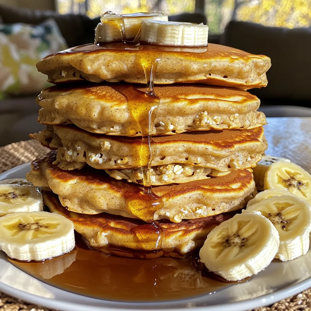 To make these tasty Cottage Cheese Banana Pancakes, gather these main ingredients: - 1 cup cottage cheese - 2 ripe bananas, mashed - 2 large eggs - 1/2 cup rolled oats - 1 teaspoon baking powder - 1/2 teaspoon vanilla extract - 1/4 teaspoon salt - Cooking spray or butter for the skillet You can add a few optional ingredients for extra flavor: - 1/2 teaspoon cinnamon - Maple syrup or honey for serving These pancakes are not only tasty but also healthy. Each serving gives you: - Calories: 300 - Protein: 18g - Carbohydrates: 40g - Fat: 9g - Fiber: 4g This makes them a filling and nutritious choice for breakfast or a snack. Start by grabbing a large bowl. Add 1 cup of cottage cheese. Next, mash 2 ripe bananas and mix them in. Crack in 2 large eggs, and stir until everything is well blended. Now, it's time to add more ingredients. Toss in 1/2 cup of rolled oats, 1 teaspoon of baking powder, 1/2 teaspoon of vanilla extract, and 1/4 teaspoon of salt. If you like, sprinkle in 1/2 teaspoon of cinnamon for added warmth. Mix this all together until the batter is smooth. Let it sit for 5-10 minutes. This helps the oats soak up some liquid and thicken the mix. Now, heat a non-stick skillet over medium heat. Add a bit of cooking spray or butter to coat the skillet. Once it's hot, pour a ladleful of batter onto the skillet for each pancake. Cook for about 2-3 minutes. Look for bubbles forming on the surface. When you see them, it's time to flip. Carefully turn the pancakes over and cook for another 2-3 minutes. You want them golden brown. Keep cooking until all the batter is used. Add more butter or spray as needed to keep them from sticking. Serve these pancakes warm for the best taste. Drizzle with maple syrup or honey for sweetness. You can also add fresh fruit, like sliced bananas or berries, on top. If you want, sprinkle some nuts for a nice crunch. Enjoy these pancakes for breakfast or a tasty snack! To get the best texture, let the batter rest for 5-10 minutes. This helps the oats absorb some liquid, making the pancakes fluffier. Use ripe bananas; they add natural sweetness and moisture. If you want thicker pancakes, add a bit more oats. For thinner pancakes, just add a little milk or water. One common mistake is over-mixing the batter. You want it combined, but some lumps are okay. If you over-mix, the pancakes can turn out tough. Another mistake is cooking on too high a heat. Medium heat gives you golden-brown pancakes. If the heat is too high, they may burn on the outside and stay raw inside. These pancakes taste great with maple syrup or honey. You can also add fresh fruit like berries or sliced bananas on top. A dollop of yogurt adds creaminess and tang. For a crunchy twist, sprinkle some nuts or seeds. Enjoy these pancakes with a side of bacon for a hearty breakfast! {{image_2}} You can easily make gluten-free Cottage Cheese Banana Pancakes. Just swap the rolled oats for gluten-free oats. These oats work just as well. They keep the pancakes soft and tasty. Add fun flavors to your pancakes. You can mix in chocolate chips for a sweet treat. Nuts like walnuts or pecans add crunch and protein. Try blueberries for a fruity twist. Each addition makes your pancakes special. If you like savory pancakes, I have great ideas. You can add herbs like chives or spinach to the batter. Cheese, like feta or cheddar, gives a nice salty flavor. Serve with avocado or a poached egg on top. These savory twists will surprise your taste buds! To keep your leftover pancakes fresh, stack them on a plate. Use a sheet of wax paper between each pancake to avoid sticking. Cover the stack tightly with plastic wrap or foil. Store them in the fridge for up to three days. If you want to keep them longer, freezing is a great option. When you're ready to enjoy your pancakes again, you can reheat them easily. The best way is to use a skillet. Heat the skillet on low and place the pancakes in it. Cook for about one minute on each side until warm. You can also use a microwave. Just place them on a microwave-safe plate and heat for about 20-30 seconds. Freezing pancakes is simple. Once cooled, lay them flat on a baking sheet. Freeze them until solid, about an hour. After that, stack them in a freezer bag. Be sure to label the bag with the date. Frozen pancakes can last for up to two months. When you want some, take them out and reheat as needed. Yes, you can substitute many ingredients in this recipe. For cottage cheese, try ricotta cheese or Greek yogurt. Use applesauce instead of bananas for a different flavor. If you need to avoid eggs, use flaxseed meal mixed with water. It works well as a binder. You can also use almond flour instead of rolled oats for a different texture. Just keep in mind that each swap may change the taste a bit. To make Cottage Cheese Banana Pancakes vegan, follow these steps: - Replace cottage cheese with silken tofu or vegan yogurt. - Use flax eggs in place of regular eggs. To make one flax egg, mix one tablespoon of flaxseed meal with three tablespoons of water. Let it sit until it thickens. - Change honey to maple syrup or agave syrup to keep it vegan. These swaps keep the pancakes delicious while making them plant-based. You can top these pancakes with many tasty options. Here are some ideas: - Fresh fruits like berries, sliced bananas, or peaches. - A sprinkle of nuts such as walnuts or almonds for crunch. - Drizzle with maple syrup or honey for sweetness. - Add a dollop of yogurt for creaminess. - Sprinkle cinnamon or nutmeg for an extra flavor boost. Feel free to mix and match these toppings to create your favorite flavor combo! In this post, we covered key ingredients, step-by-step instructions, and helpful tips for pancakes. I shared how to achieve the perfect texture and avoid common mistakes. You also learned about delicious variations and smart storage methods. Making pancakes can be easy and fun! Use these ideas to create tasty meals for yourself or loved ones. Enjoy your cooking journey, and remember, practice makes perfect!