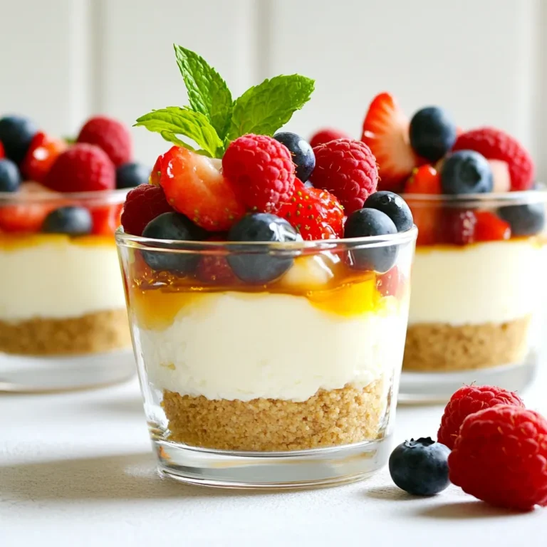 To make these yummy Cottage Cheese Cheesecake Cups, you will need: - 2 cups cottage cheese, blended until smooth - 1/2 cup Greek yogurt - 1/2 cup honey or maple syrup - 1 teaspoon vanilla extract - 1 tablespoon lemon juice - 1 teaspoon cornstarch - 1/4 teaspoon salt - 1 cup graham cracker crumbs - 4 tablespoons unsalted butter, melted These ingredients create a rich, creamy filling and a tasty crust. Blending the cottage cheese makes it smooth. This step is key for a nice texture. You can add a few fun toppings to make your cups even better: - Fresh berries like strawberries, blueberries, or raspberries - Mint leaves for a pop of color and freshness Adding berries gives a nice sweet touch. Mint leaves add a nice look and taste. To make these cheesecake cups, grab these tools: - Blender or food processor (for the filling) - Medium bowl (for mixing the crust) - Clear dessert cups or small glasses (for serving) - Spoon (for layering the mixture) Having the right tools makes your work easier. A blender helps you get the filling super smooth. Clear cups show off your beautiful dessert! First, gather your ingredients. You need cottage cheese, Greek yogurt, honey or maple syrup, vanilla extract, lemon juice, cornstarch, and salt. Put the cottage cheese in a blender. Add Greek yogurt, honey or maple syrup, vanilla extract, lemon juice, cornstarch, and salt. Blend these until smooth and creamy. This step is key for a rich cheesecake flavor. Set this mixture aside while you make the crust. Next, take a medium bowl. In it, add graham cracker crumbs and melted unsalted butter. Mix well until the crumbs look like wet sand. This helps the crust hold together. It should not be too dry or too wet. Press the mixture into the bottom of your dessert cups. This creates a nice base for your cheesecake. Now, grab your clear dessert cups or small glasses. Add about two tablespoons of the graham cracker crust to each cup. Press down gently to form a solid layer. Then, spoon the cottage cheese mixture onto the crust. Fill each cup about two-thirds full. Tap the cups lightly on the counter to remove air bubbles. This ensures a smooth finish. Finally, place the cups in the refrigerator. Let them chill for at least two hours. This helps the cheesecake set well. The longer they chill, the better the flavor will be. After chilling, they are ready to serve. Top with fresh berries and mint leaves if you like. Enjoy this creamy and simple treat! To get that smooth, creamy texture, blend the cottage cheese well. I use a high-speed blender. It helps break down any lumps. Add Greek yogurt for extra creaminess. The yogurt also adds a subtle tang. Make sure to mix in the honey or maple syrup well. This adds sweetness and helps the cheesecake cups stay creamy. One mistake is not blending enough. If you see lumps, it will not be smooth. Another issue is skipping the chilling step. Chilling helps set the cups. If you don't chill them long enough, they won't hold shape. Lastly, don't forget to press the crust down firmly. A loose crust will crumble when you serve. If you want to switch sweeteners, try agave syrup or stevia. Agave has a mild taste. Stevia is much sweeter, so use less. You can also adjust the amount of honey or maple syrup to your taste. If you like it sweeter, add more. If you prefer less, cut back. Just be sure to keep the balance right for the best flavor. {{image_2}} You can change the flavor of your cheesecake cups easily. Try adding 1/4 cup of cocoa powder for a chocolate twist. You can also mix in fruit purees like strawberry or blueberry. A bit of almond extract gives a nice nutty flavor. For a fun twist, add a dash of pumpkin spice in the fall. While graham cracker crumbs make a great base, you can try other options. Use crushed cookies like Oreos for a chocolatey crust. You can also use nuts and dates for a gluten-free option. Just blend them together, press them in the cups, and you are set. Toppings can take your cheesecake cups to the next level. Use fresh berries for a burst of color. Drizzle some chocolate or caramel sauce on top for extra sweetness. Add crushed nuts for a crunchy texture. For a fun idea, serve them in mason jars for a picnic or party. To keep your cheesecake cups fresh, place them in the fridge. Use airtight containers or cover them tightly with plastic wrap. This prevents moisture loss and keeps them from absorbing odors. If you have leftover cups, eat them within a few days for the best taste. These cheesecake cups stay good in the fridge for about 3 to 5 days. If you want to freeze them, do so before adding any toppings. Wrap each cup with plastic wrap and foil. This helps prevent freezer burn. They can last up to 2 months in the freezer. When ready to eat, thaw them in the fridge overnight. You don’t need to reheat these cheesecake cups. They taste best chilled. If you prefer a slightly warmer dessert, let them sit at room temperature for about 10 minutes before eating. Enjoy them fresh, creamy, and delicious! Yes, you can use low-fat or fat-free cottage cheese. The texture may change, but it will still taste good. Low-fat versions can make the cheesecake cups lighter. They may not be as creamy as full-fat options, but they work well. These cheesecake cups need to chill for at least 2 hours. Chilling helps the cups set and firm up. If you can wait longer, chilling overnight enhances the flavor and texture even more. Absolutely! You can make these cups a day in advance. Just store them in the fridge until you're ready to serve. This makes them a great option for parties or meal prep. You can use sour cream or regular yogurt as a substitute for Greek yogurt. Both options will keep the cups creamy. If you want a thicker texture, use sour cream. Regular yogurt works well if you prefer a lighter taste. To make these cheesecake cups dairy-free, use dairy-free cottage cheese and yogurt. You can find plant-based options in stores. For sweetening, use maple syrup or agave nectar. This way, everyone can enjoy the treat! In this article, we explored how to make delicious cottage cheese cheesecake cups. We covered essential ingredients, step-by-step instructions, and tips for the best results. You learned about storage and common questions, too. Embrace your creativity with flavor variations and unique toppings. These cheesecake cups are fun and easy for anyone to make. Enjoy sharing them with friends and family or as a sweet treat for yourself. Happy baking!
