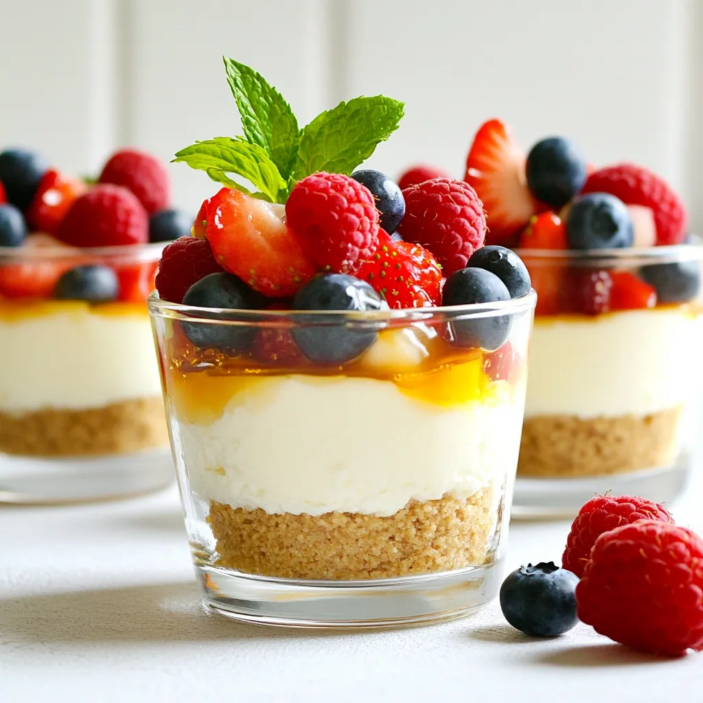 To make these yummy Cottage Cheese Cheesecake Cups, you will need: - 2 cups cottage cheese, blended until smooth - 1/2 cup Greek yogurt - 1/2 cup honey or maple syrup - 1 teaspoon vanilla extract - 1 tablespoon lemon juice - 1 teaspoon cornstarch - 1/4 teaspoon salt - 1 cup graham cracker crumbs - 4 tablespoons unsalted butter, melted These ingredients create a rich, creamy filling and a tasty crust. Blending the cottage cheese makes it smooth. This step is key for a nice texture. You can add a few fun toppings to make your cups even better: - Fresh berries like strawberries, blueberries, or raspberries - Mint leaves for a pop of color and freshness Adding berries gives a nice sweet touch. Mint leaves add a nice look and taste. To make these cheesecake cups, grab these tools: - Blender or food processor (for the filling) - Medium bowl (for mixing the crust) - Clear dessert cups or small glasses (for serving) - Spoon (for layering the mixture) Having the right tools makes your work easier. A blender helps you get the filling super smooth. Clear cups show off your beautiful dessert! First, gather your ingredients. You need cottage cheese, Greek yogurt, honey or maple syrup, vanilla extract, lemon juice, cornstarch, and salt. Put the cottage cheese in a blender. Add Greek yogurt, honey or maple syrup, vanilla extract, lemon juice, cornstarch, and salt. Blend these until smooth and creamy. This step is key for a rich cheesecake flavor. Set this mixture aside while you make the crust. Next, take a medium bowl. In it, add graham cracker crumbs and melted unsalted butter. Mix well until the crumbs look like wet sand. This helps the crust hold together. It should not be too dry or too wet. Press the mixture into the bottom of your dessert cups. This creates a nice base for your cheesecake. Now, grab your clear dessert cups or small glasses. Add about two tablespoons of the graham cracker crust to each cup. Press down gently to form a solid layer. Then, spoon the cottage cheese mixture onto the crust. Fill each cup about two-thirds full. Tap the cups lightly on the counter to remove air bubbles. This ensures a smooth finish. Finally, place the cups in the refrigerator. Let them chill for at least two hours. This helps the cheesecake set well. The longer they chill, the better the flavor will be. After chilling, they are ready to serve. Top with fresh berries and mint leaves if you like. Enjoy this creamy and simple treat! To get that smooth, creamy texture, blend the cottage cheese well. I use a high-speed blender. It helps break down any lumps. Add Greek yogurt for extra creaminess. The yogurt also adds a subtle tang. Make sure to mix in the honey or maple syrup well. This adds sweetness and helps the cheesecake cups stay creamy. One mistake is not blending enough. If you see lumps, it will not be smooth. Another issue is skipping the chilling step. Chilling helps set the cups. If you don't chill them long enough, they won't hold shape. Lastly, don't forget to press the crust down firmly. A loose crust will crumble when you serve. If you want to switch sweeteners, try agave syrup or stevia. Agave has a mild taste. Stevia is much sweeter, so use less. You can also adjust the amount of honey or maple syrup to your taste. If you like it sweeter, add more. If you prefer less, cut back. Just be sure to keep the balance right for the best flavor. {{image_2}} You can change the flavor of your cheesecake cups easily. Try adding 1/4 cup of cocoa powder for a chocolate twist. You can also mix in fruit purees like strawberry or blueberry. A bit of almond extract gives a nice nutty flavor. For a fun twist, add a dash of pumpkin spice in the fall. While graham cracker crumbs make a great base, you can try other options. Use crushed cookies like Oreos for a chocolatey crust. You can also use nuts and dates for a gluten-free option. Just blend them together, press them in the cups, and you are set. Toppings can take your cheesecake cups to the next level. Use fresh berries for a burst of color. Drizzle some chocolate or caramel sauce on top for extra sweetness. Add crushed nuts for a crunchy texture. For a fun idea, serve them in mason jars for a picnic or party. To keep your cheesecake cups fresh, place them in the fridge. Use airtight containers or cover them tightly with plastic wrap. This prevents moisture loss and keeps them from absorbing odors. If you have leftover cups, eat them within a few days for the best taste. These cheesecake cups stay good in the fridge for about 3 to 5 days. If you want to freeze them, do so before adding any toppings. Wrap each cup with plastic wrap and foil. This helps prevent freezer burn. They can last up to 2 months in the freezer. When ready to eat, thaw them in the fridge overnight. You don’t need to reheat these cheesecake cups. They taste best chilled. If you prefer a slightly warmer dessert, let them sit at room temperature for about 10 minutes before eating. Enjoy them fresh, creamy, and delicious! Yes, you can use low-fat or fat-free cottage cheese. The texture may change, but it will still taste good. Low-fat versions can make the cheesecake cups lighter. They may not be as creamy as full-fat options, but they work well. These cheesecake cups need to chill for at least 2 hours. Chilling helps the cups set and firm up. If you can wait longer, chilling overnight enhances the flavor and texture even more. Absolutely! You can make these cups a day in advance. Just store them in the fridge until you're ready to serve. This makes them a great option for parties or meal prep. You can use sour cream or regular yogurt as a substitute for Greek yogurt. Both options will keep the cups creamy. If you want a thicker texture, use sour cream. Regular yogurt works well if you prefer a lighter taste. To make these cheesecake cups dairy-free, use dairy-free cottage cheese and yogurt. You can find plant-based options in stores. For sweetening, use maple syrup or agave nectar. This way, everyone can enjoy the treat! In this article, we explored how to make delicious cottage cheese cheesecake cups. We covered essential ingredients, step-by-step instructions, and tips for the best results. You learned about storage and common questions, too. Embrace your creativity with flavor variations and unique toppings. These cheesecake cups are fun and easy for anyone to make. Enjoy sharing them with friends and family or as a sweet treat for yourself. Happy baking!