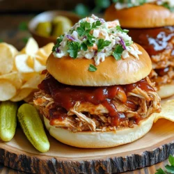 - 2 lbs boneless, skinless chicken breasts - 1 cup BBQ sauce - 1/2 cup apple cider vinegar - 2 tablespoons brown sugar - 1 tablespoon Dijon mustard - 1 teaspoon smoked paprika - 1 teaspoon garlic powder - 1 teaspoon onion powder - Salt and pepper to taste - Hamburger buns - Coleslaw (optional) For the best Slow Cooker BBQ Pulled Chicken, I start with the chicken. I choose 2 lbs of boneless, skinless chicken breasts. This meat cooks well and pulls apart easily. Next, I grab 1 cup of my favorite BBQ sauce. This adds that sweet and tangy flavor we all love. To balance the richness, I add 1/2 cup of apple cider vinegar. It gives a nice zing. Next, I focus on flavor. I mix in 2 tablespoons of brown sugar for sweetness. I also add 1 tablespoon of Dijon mustard for depth. A teaspoon of smoked paprika gives a lovely smoky taste. I finish with 1 teaspoon each of garlic and onion powder. Salt and pepper round out the flavors. Finally, I think about toppings. I use fresh hamburger buns for a sturdy base. Coleslaw is optional but adds a delightful crunch. This combination of ingredients makes for a delicious sandwich that satisfies every time. In a large bowl, start by mixing your BBQ sauce, apple cider vinegar, brown sugar, and seasonings. Add 1 tablespoon of Dijon mustard. Sprinkle in 1 teaspoon each of smoked paprika, garlic powder, and onion powder. Don’t forget to add salt and pepper to taste. Whisk everything until it is well combined. This mixture will give your chicken a sweet and spicy flavor. Now, take your 2 lbs of boneless, skinless chicken breasts and place them in the slow cooker. Pour the BBQ sauce mixture over the chicken. Make sure the chicken is well coated. Cover the slow cooker with its lid. Cook on low for 6-7 hours or on high for 3-4 hours. The chicken should be tender and easy to pull apart with a fork when it’s done. Once the chicken is cooked, remove it from the slow cooker. Use two forks to shred the chicken into bite-sized pieces. Return the shredded chicken to the slow cooker and stir it into the BBQ sauce. Next, lightly toast 4 hamburger buns. You can do this under a broiler or in a toaster until they turn golden brown. To assemble your sandwiches, place a generous scoop of the pulled chicken on the bottom half of each bun. If you like, add coleslaw on top before placing the bun's top half on. Your delicious BBQ pulled chicken sandwiches are now ready to enjoy! To make the best pulled chicken, start with fresh, high-quality chicken. I like to use boneless, skinless chicken breasts for this recipe. They cook evenly and shred easily. For tenderness, make sure to cook the chicken low and slow. This method lets the flavors soak in. When it comes to BBQ sauce, you have many options. I recommend using a sweet and tangy sauce. A classic barbecue sauce works well. For a kick, try a spicy variant. You can even mix two types for a unique flavor. For the best results, use the low setting on your slow cooker. This usually takes about 6 to 7 hours. If you are short on time, the high setting works too, which takes about 3 to 4 hours. Adjust the cooking time based on the thickness of the chicken. Thicker breasts may need a bit longer. Presentation matters when serving your pulled chicken sandwiches. First, toast your hamburger buns until they are golden brown. This adds a nice crunch. Place a generous amount of pulled chicken on the bottom half of each bun. If you like, top with coleslaw for extra crunch. For a colorful touch, serve the sandwiches on a wooden platter. You can add dill pickles and fresh parsley as garnishes. Enjoy with a side of potato chips or a refreshing salad for a complete meal! {{image_2}} When making Slow Cooker BBQ Pulled Chicken, the sauce is key. You have many choices. You can pick a sweet BBQ sauce or a spicy one. Sweet sauces like honey BBQ give a rich taste. They balance the tang of the vinegar well. Spicy sauces can add a nice kick. They work well if you enjoy heat in your food. You can mix sauces to find your perfect flavor. Try different brands and styles for more fun! If you want to switch things up, you can use other meats. Pork is a popular choice. It has a different flavor but pairs well with BBQ sauce. You can also use tofu for a vegan option. Tofu absorbs flavors well and gives a nice texture. Just make sure to press it to remove extra water. This way, it will soak up all the delicious sauce! If you have dietary needs, there are easy swaps. For gluten-free diets, use gluten-free buns. Many brands offer great options that taste good. You can also find low-sugar BBQ sauces if you want to cut down on sugar. These sauces still pack a lot of flavor. Always check the labels to find what works best for you. Enjoy your sandwiches without worry! To keep your leftover pulled chicken fresh, store it right. Place the chicken in an airtight container. Make sure to cool it first before sealing. This helps keep flavors and moisture. You can store it in the fridge for up to four days. Always label the container with the date. This way, you know when to use it. Freezing pulled chicken is simple and smart. First, let the chicken cool completely. Next, place it in a freezer-safe bag. Squeeze out as much air as you can before sealing. This prevents freezer burn. You can keep it in the freezer for up to three months. When you're ready to use it, just thaw it in the fridge overnight. Reheating pulled chicken needs care to keep it juicy. The best way is to use the stove. Place the chicken in a pan over low heat. Add a splash of BBQ sauce or water to help with moisture. Stir often until it’s warm. You can also use a microwave. Just cover it with a damp paper towel. Heat it in short bursts, stirring in between. This helps avoid dryness. You should cook the chicken for about 6-7 hours on low or 3-4 hours on high. The chicken will be tender and fall apart easily when done. Be sure to check that it reaches 165°F for safety. This cooking method lets all the flavors meld well together. Yes, you can use frozen chicken breasts. Cook them on high for about 4-5 hours. Make sure they are fully cooked and reach 165°F. The BBQ sauce will still work well, keeping the chicken moist and flavorful. There are many great sides to pair with these sandwiches. Here are a few ideas: - Potato chips for crunch - A fresh garden salad for a light touch - Coleslaw adds great texture and flavor - Pickles on the side for a tangy contrast - Sweet tea or lemonade for a refreshing drink These sides will make your meal even better! This blog post covered how to make simple and tasty pulled chicken sandwiches. You learned about key ingredients like chicken, BBQ sauce, and seasonings. I provided step-by-step instructions for preparing the sauce, cooking, and assembling your sandwiches. Tips for the best flavor, storage, and variations helped enhance your dish. Try these ideas for a delicious meal. Enjoy the cooking process, and share your creations with friends!
