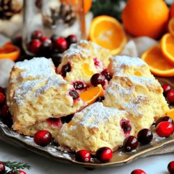 For the scone base, you'll need: - 2 cups all-purpose flour - 1/4 cup granulated sugar - 2 teaspoons baking powder - 1/2 teaspoon baking soda - 1/4 teaspoon salt These dry ingredients form the backbone of your scones. The flour gives structure. Sugar adds sweetness. Baking powder and soda help them rise, while salt enhances flavor. Next, gather your wet ingredients: - 1/2 cup cold unsalted butter, cubed - 1 cup fresh or dried cranberries - Zest of 1 orange - 1/2 cup buttermilk - 1 large egg - 1 teaspoon vanilla extract The butter makes the scones rich. Cranberries add tartness and color. Orange zest brings brightness. Buttermilk, egg, and vanilla keep everything moist and flavorful. To make the glaze, use: - 1 cup powdered sugar - 2 tablespoons fresh orange juice - Zest of 1/2 orange This glaze adds a sweet and tangy finish. The powdered sugar gives it a smooth texture, while orange juice and zest enhance the scone's flavor. Start by gathering your tools and ingredients. You need a mixing bowl and a whisk. First, preheat your oven to 400°F (200°C). Line a baking sheet with parchment paper for easy cleanup. In a large bowl, mix 2 cups of flour, 1/4 cup of sugar, 2 teaspoons of baking powder, 1/2 teaspoon of baking soda, and 1/4 teaspoon of salt. This combo gives your scones a nice rise. Next, add 1/2 cup of cold, cubed butter. Use your fingers or a pastry cutter to mix the butter into the dry mixture. You want to create coarse crumbs. This step is key for a flaky texture. Then, stir in 1 cup of cranberries and the zest of 1 orange. This adds flavor and color. In a separate bowl, whisk together 1/2 cup of buttermilk, 1 large egg, and 1 teaspoon of vanilla extract. Pour this mixture into the dry ingredients. Stir gently until just combined. Be careful not to overmix, or your scones may become tough. Turn the dough out onto a lightly floured surface. Knead it gently a few times until it holds together. Pat it into a circle about 1 inch thick. Cut the dough into 8 wedges and place them on the prepared baking sheet. Now it’s time to bake the scones. Place your baking sheet in the preheated oven. Bake for 15 to 18 minutes or until they turn lightly golden. You’ll know they’re ready when you see a nice golden color on top. Remove them from the oven and let them cool slightly on the sheet. While the scones cool, let’s make the glaze. In a small bowl, combine 1 cup of powdered sugar, 2 tablespoons of fresh orange juice, and the zest of 1/2 orange. Whisk until smooth. This glaze adds a sweet and tangy layer to your scones. Once the scones have cooled for a bit, drizzle the glaze over them. This step makes them look beautiful and adds extra flavor. Enjoy your delightful cranberry orange scones! If you run out of an ingredient, don’t worry! Here are some easy swaps: - Flour: Use whole wheat flour for a healthier option. - Sugar: Try brown sugar for a richer flavor. - Buttermilk: Mix 1 cup of milk with 1 tablespoon of vinegar or lemon juice. Let it sit for 5 minutes. - Butter: Coconut oil works well as a dairy-free option. To bake perfect scones, follow these key tips: - Keep your butter cold. This helps the scones rise nicely. - Don’t overmix your dough. Mix just until it comes together. - Use a light touch when kneading. Too much force makes scones tough. - Cut the scones into even wedges. This helps them bake evenly. Presentation adds joy to your scone experience: - Serve scones on a pretty platter. A colorful plate makes them pop. - Dust with extra powdered sugar for a sweet finish. - Garnish with fresh cranberries and orange slices. This adds a festive touch. - Pair with tea or coffee for a delightful treat. Enjoy every bite! {{image_2}} You can change the flavor of your scones by adding nuts or spices. I love using chopped walnuts or pecans. These nuts add a nice crunch and a rich taste. If you want some warmth, add spices like cinnamon or nutmeg. Just a pinch goes a long way. Mix in about 1/2 cup of nuts or 1 teaspoon of spices with the dry ingredients. If you need gluten-free scones, you can still enjoy this recipe. Use a gluten-free all-purpose flour blend instead of regular flour. Make sure it has xanthan gum to help with texture. The rest of the steps stay the same. You may need to add a bit more buttermilk to get the right dough consistency. Check it as you mix. You can swap cranberries for other fruits in this recipe. Think about using blueberries or raspberries for a summer twist. Apples or pears work well in fall. Just be sure to chop them into small pieces. This keeps the dough from getting too wet. Adjust the orange zest to match the fruit you choose, and enjoy new flavors! To keep your cranberry orange scones fresh, store them in an airtight container. This helps keep them moist. Place parchment paper between layers if you stack them. It prevents sticking and keeps the glaze nice. Store them at room temperature for up to three days. If you need to store them for longer, consider freezing. Freezing scones is a great way to save them for later. Allow the scones to cool completely. Wrap each scone tightly in plastic wrap. Then, place them in a freezer-safe bag. Label the bag with the date. You can freeze them for up to three months. When you want to enjoy them, just thaw them overnight in the fridge. To reheat scones, preheat your oven to 350°F (175°C). Place the scones on a baking sheet. Heat them for about 5 to 10 minutes. This warms them up and restores their lovely texture. You can also use a microwave. Heat for about 15 to 20 seconds, but they may not be as crisp. Enjoy your delicious scones warm! Yes, you can use frozen cranberries. Just make sure to thaw them first. Pat them dry with a paper towel. This helps to reduce excess moisture in your scone dough. Frozen cranberries will work just as well as fresh ones in this recipe. To cut back on sweetness, reduce the sugar in the dough. You can use only 2 tablespoons of sugar instead of 1/4 cup. This change still allows for a delicious flavor. You can also skip the glaze or use less powdered sugar in the glaze. Other glazes can bring fun flavors. A lemon glaze works well; just mix powdered sugar with lemon juice. A simple milk glaze is another option; mix powdered sugar with a little milk until smooth. You can also try a maple glaze for a sweet twist. We covered all steps to make delicious scones. You learned about ingredients, like dry and wet elements. You also found tips for baking and storing your scones. Consider adding nuts or fruits for fun flavors. Remember, fresh scones taste best, but freezing works too. Use our answers to common questions for extra help. Now you can bake perfect scones anytime. Enjoy your baking journey!