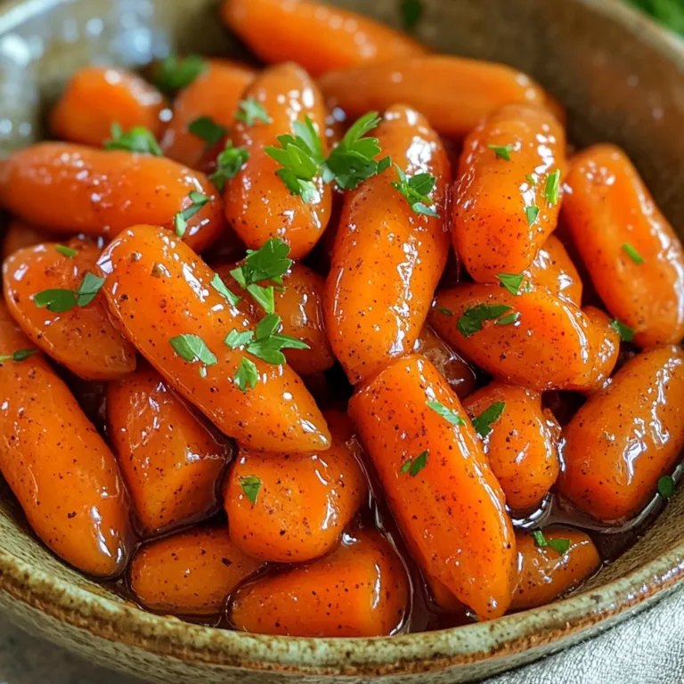 When making slow cooker maple glazed carrots, you need the right ingredients. Each one plays a key role in creating the dish's sweet and savory flavor. Here’s what you need: - 2 lbs baby carrots, peeled and trimmed - 1/4 cup pure maple syrup - 2 tablespoons unsalted butter, melted - 1 teaspoon ground cinnamon - 1/2 teaspoon ground ginger - 1/4 teaspoon nutmeg - Salt and pepper to taste - 1 tablespoon fresh parsley, chopped (for garnish) Baby carrots are sweet and tender. They cook nicely in the slow cooker. Maple syrup gives the dish its rich sweetness. Unsalted butter adds a creamy texture. The ground spices bring warmth and depth. Cinnamon, ginger, and nutmeg all work well together. You can adjust the salt and pepper to your liking. Finally, fresh parsley adds a pop of color and freshness to your dish. With these simple ingredients, you can create a delightful side dish. Each bite will be a burst of flavor. Enjoy the process of preparing this sweet treat! To start, gather your ingredients. You will need: - 2 lbs baby carrots, peeled and trimmed - 1/4 cup pure maple syrup - 2 tablespoons unsalted butter, melted - 1 teaspoon ground cinnamon - 1/2 teaspoon ground ginger - 1/4 teaspoon nutmeg - Salt and pepper to taste - 1 tablespoon fresh parsley, chopped (for garnish) In a large bowl, mix the maple syrup, melted butter, cinnamon, ginger, nutmeg, salt, and pepper. Whisk until everything blends well. This will create a sweet and spicy glaze. Next, place the baby carrots in the slow cooker. Pour the maple mixture over the carrots. Make sure to stir until each carrot gets coated in the glaze. This will help them soak up all the flavors. Cover the slow cooker and set it to cook. You can choose low for 4-5 hours or high for 2-3 hours. Check for tenderness with a fork. Once they are soft, they are ready to shine! After the cooking time, stir the carrots gently. This helps recoat them in the glaze. Then, transfer the glazed carrots to a serving dish. For a pop of color, sprinkle chopped parsley on top. The fresh herbs will add a nice touch to this sweet dish. Enjoy your delicious slow cooker maple glazed carrots! To make your carrots burst with flavor, use fresh baby carrots. Their sweet taste shines in this dish. The pure maple syrup plays a key role in flavor. Choose high-quality syrup for the best results. The mix of spices—cinnamon, ginger, and nutmeg—adds warmth. Adjust the spices to suit your taste. If you love cinnamon, feel free to add more! Cooking time can change based on your slow cooker. If cooking on low, aim for 4-5 hours. For a quicker option, cook on high for 2-3 hours. Check the carrots for tenderness. They should be soft but not mushy. If they need more time, keep cooking in 30-minute increments. This way, you’ll get the perfect texture. Maple glazed carrots look great on any table. Serve them with roasted meats or grilled fish. They make a lovely side for holiday meals. For a pop of color, sprinkle fresh parsley on top. The bright green contrasts nicely with the orange carrots. You can also add a squeeze of lemon for extra zing. This dish is sure to impress your guests! {{image_2}} You can swap out baby carrots for other veggies. Try using sliced parsnips or sweet potatoes. Both will soak up the maple glaze well. For a twist, add a splash of orange juice. The juice brightens the flavors and adds a nice zing. In the fall, add cooked butternut squash for a rich taste. During spring, toss in some fresh peas for color and crunch. You can also add cranberries for a festive touch during the holidays. Each season brings new flavors to explore. You can make maple glazed carrots on the stovetop too. Just simmer the carrots in a pot with the maple glaze. Cook until tender, stirring often. If you prefer roasting, spread the carrots on a baking sheet. Drizzle with the glaze and roast at 400°F for about 25 minutes. This method gives a nice caramelization and depth of flavor. You can keep leftover maple glazed carrots for up to four days. Place them in an airtight container. Store them in the fridge. Be sure to let them cool before sealing. This helps keep the carrots fresh and tasty. To reheat, use a microwave or a saucepan. If using a microwave, heat on medium power. Stir the carrots every minute. This helps them warm evenly. If using a saucepan, add a splash of water. Heat over low until warm, stirring often. This keeps the glaze nice and sticky. You can freeze these carrots for up to three months. First, let them cool completely. Then, place them in a freezer-safe bag. Squeeze out the air before sealing. When ready to eat, thaw them overnight in the fridge. Reheat them in a saucepan or microwave for best results. Yes, you can use frozen carrots. Frozen carrots work well in slow cookers. They may take a little longer to cook. If you use frozen carrots, add an extra 30 minutes to your cook time. You might lose some texture, but the flavors will still shine. If you don't have maple syrup, honey or agave syrup works. These sweeteners offer a different flavor, but they still taste great. Use the same amount as the recipe calls for. You can also try brown sugar mixed with a bit of water for a similar effect. You can prepare the carrots a day in advance. Mix the maple glaze and coat the carrots as usual. Store them in the fridge overnight. On the day you plan to serve, just pop them in the slow cooker and cook. This saves time and makes meal prep easy. This blog post explored how to prepare baby carrots with maple syrup and spices. You learned about the key ingredients, step-by-step cooking tips, and variations for unique flavors. I also shared storage info and answers to common questions. Always remember, great dishes start with simple ideas. Use these tips to elevate your meals. Enjoy the caramelized sweetness and vibrant taste of roasted carrots!