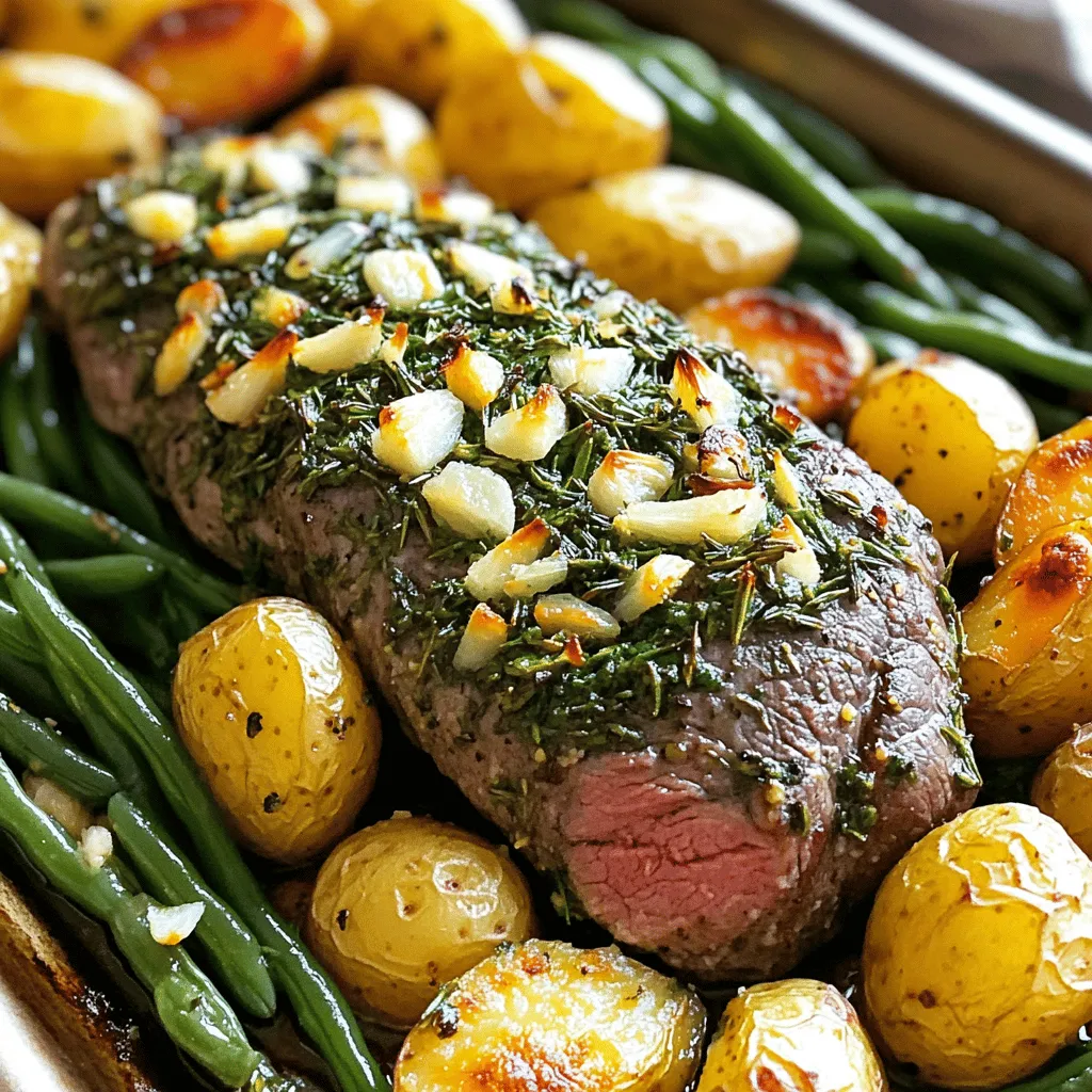 - 2 lb beef tenderloin, trimmed - 4 cloves garlic, minced - 2 tablespoons fresh rosemary, chopped - 2 tablespoons fresh thyme, chopped - 1 lb baby potatoes, halved - 2 cups green beans, trimmed The beef tenderloin is the star of this dish. It is tender, juicy, and packed with flavor. The garlic, fresh rosemary, and thyme add a lovely taste. I use baby potatoes for their creamy texture when roasted. Green beans add a nice crunch and color. - 3 tablespoons olive oil - 1 teaspoon salt - 1/2 teaspoon black pepper - Juice of 1 lemon Olive oil helps to cook the meat and veggies. Salt and black pepper bring out the flavors. Lemon juice adds a fresh zing at the end. These simple ingredients work together to make a great meal. - Sheet pan - Parchment paper - Mixing bowls Using a sheet pan makes cooking easy and cleanup quick. Parchment paper helps prevent sticking. Mixing bowls are perfect for preparing the herb paste and coating the veggies. With these tools, you are set for a fun cooking experience! - Preheat the oven: Set your oven to 425°F (220°C). Line a large sheet pan with parchment paper to make cleanup easier. - Create the herb paste: In a small bowl, mix 4 minced garlic cloves, 2 tablespoons of chopped rosemary, 2 tablespoons of chopped thyme, 3 tablespoons of olive oil, 1 teaspoon of salt, and 1/2 teaspoon of black pepper. This mix adds great flavor. - Rub the beef with herb paste: Take 2 pounds of beef tenderloin and pat it dry with paper towels. Spread the herb paste all over the beef. Make sure every side gets a nice coat. - Prepare and arrange vegetables: In a bowl, toss 1 pound of halved baby potatoes with some olive oil, salt, and pepper. Spread them in a single layer around the edges of the sheet pan. - First roasting phase (beef and potatoes): Place the sheet pan in the oven. Roast the beef and potatoes for about 20 minutes. - Adding green beans and finishing cook time: After 20 minutes, add 2 cups of trimmed green beans to the pan. Toss them with a bit of olive oil, salt, and pepper. Put the sheet pan back in the oven. Cook for another 15-20 minutes. Check that the beef reaches 135°F for medium-rare. This step-by-step guide helps you make a delicious sheet pan garlic herb beef tenderloin. Enjoy the flavors and the ease of cleanup! To check if your beef is done, use a meat thermometer. Insert it into the thickest part of the tenderloin. For medium-rare, aim for 135°F. This ensures the meat is juicy and not overcooked. Resting the meat is just as important. Let it sit for 10 minutes after cooking. This keeps the juices inside, making every bite rich and flavorful. Marinades can add depth to your dish. Try mixing different vinegars or citrus with your herbs. You can also change the seasoning to suit your taste. Adding spices like paprika or a dash of cayenne can give it a kick. Fresh herbs like parsley or oregano can also boost flavor. Experiment with what you like best. Cut potatoes and green beans evenly for even cooking. Halve the baby potatoes to ensure they roast well. Toss them with olive oil, salt, and pepper for the best taste. When you add the green beans, make sure they are spread out. If they are crowded, they may steam instead of roast. Adjust cooking times based on your oven. Check your veggies often to get that perfect crisp. {{image_2}} You can change up the veggies in this dish. Try adding bell peppers, carrots, or zucchini. These options add color and taste. You can also substitute the beef tenderloin. A pork tenderloin works well, too. The cooking time might change slightly, so watch it closely. To boost flavor, add cheese or nuts. Feta cheese adds a nice tang, while walnuts give a crunchy bite. You can also mix herbs. Try parsley, basil, or oregano for new tastes. Each herb brings a unique twist to the dish. Sheet pan cooking is easy and quick. But grilling can give a smoky flavor. Just marinate the beef first for the best taste. If you prefer slow cooking, you can adapt this recipe. Cook the seasoned beef and veggies on low for several hours for tender results. Store your leftovers in airtight containers. This keeps them fresh for up to three days. Use glass or plastic containers that seal tightly. Label them with dates for easy tracking. For longer storage, freeze your prepped meals. Cut the beef into smaller pieces before freezing. Wrap them tightly in plastic wrap and then place them in freezer bags. This helps avoid freezer burn. To reheat, thaw overnight in the fridge. Then, warm in the oven at 350°F until hot. Get creative with your leftover beef and veggies. Make beef tacos or a hearty salad. You can also mix them into a stir-fry for a quick meal. Use any leftover garlic herb paste to add flavor to new dishes. This way, you avoid waste and enjoy new meals from your leftovers. To tenderize beef, you can use a few simple methods. Here are some great techniques: - Pound it: Use a meat mallet to gently pound the beef. This breaks down tough fibers. - Marinate: Soak the beef in a marinade. Use acidic ingredients like vinegar or citrus juice. - Salt it: Rub salt on the beef and let it sit for about an hour. This helps draw out moisture and makes it tender. - Rest it: After cooking, let the beef rest. This allows the juices to redistribute, making it softer. Cooking time depends on the size of the beef tenderloin and how you like it done. Here are some guidelines: - Medium-Rare: Cook for about 20-25 minutes at 425°F (220°C) until it reaches 135°F (57°C). - Medium: Aim for 25-30 minutes until it hits 145°F (63°C). - Medium-Well: Cook for 30-35 minutes until it reaches 150°F (66°C). Always use a meat thermometer for best results. Yes, you can use dried herbs. However, the flavor will differ. Here’s what to know: - Flavor strength: Dried herbs are more potent than fresh. Use only a third of the amount. - Timing: Add dried herbs earlier in the cooking process. This allows their flavors to bloom. - Freshness: Ensure your dried herbs are fresh. Old herbs can lose their flavor quickly. This post covered all you need to create a delicious sheet pan beef tenderloin meal. We looked at main ingredients like beef, garlic, and fresh herbs, along with simple pantry staples. I provided step-by-step instructions to ensure perfect doneness and tasty vegetables. Remember, using the right equipment and following my tips can make a big difference. Feel free to experiment with flavors and storage methods. Now, it's time to enjoy your meal and share your cooking success!