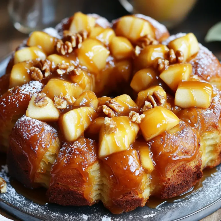 For this delicious Caramel Apple Monkey Bread Pull-Apart, you will need: - 2 cans (16 oz each) refrigerated biscuit dough - 3 medium apples, peeled, cored, and diced - 1 cup brown sugar - 1/2 cup unsalted butter, melted - 2 teaspoons ground cinnamon - 1/2 teaspoon nutmeg - 1 cup caramel sauce (store-bought or homemade) - 1/2 cup chopped nuts (walnuts or pecans) To make this treat even better, consider these optional ingredients: - Powdered sugar for dusting - Extra nuts for crunch, like almonds or pecans - Vanilla ice cream for serving When choosing apples, select varieties that blend well with sweetness. Here are my favorites: - Granny Smith: They are tart and balance the sweetness of the caramel. Their firm texture holds up well during baking. - Honeycrisp: These apples are sweet and juicy. They add a nice flavor and keep a great crunch. - Fuji: Sweet and crisp, Fuji apples offer a delightful bite and work well in this recipe. Choosing the right apple can elevate your monkey bread and make it truly special! Start by prepping the apples. Peel, core, and dice three medium apples. This will give your monkey bread a nice fruity flavor. In a medium bowl, mix the diced apples with 1/4 cup of brown sugar, 1 teaspoon of cinnamon, and a pinch of nutmeg. Set this mixture aside. Next, melt 1/2 cup of unsalted butter in a separate bowl. Combine the melted butter with the remaining 3/4 cup of brown sugar and 1 teaspoon of cinnamon. Stir this until it is well blended. This will serve as the sweet coating for the biscuit pieces. Open the two cans of refrigerated biscuit dough. Cut each biscuit into quarters. This makes them easier to stack. Dip each piece into your brown sugar mixture, coating each piece well. Now, layer the biscuit pieces into your greased bundt pan. As you layer, sprinkle some of your apple mixture and a drizzle of caramel sauce between the layers. This adds flavor and keeps the bread moist. Continue until all biscuit pieces are in the pan. Pour the remaining brown sugar mixture over the top. Drizzle some extra caramel sauce on top for that sweet finish. If you like nuts, sprinkle 1/2 cup of chopped walnuts or pecans on top for extra crunch. Preheat your oven to 350°F (175°C). Place your bundt pan in the oven and bake for 30 to 35 minutes. You want the top to be golden brown. To check if it’s done, insert a toothpick into the bread. If it comes out clean, your monkey bread is ready. Once baked, let it cool for 10 to 15 minutes. Then, carefully invert it onto a serving plate. Drizzle more caramel sauce on top and dust with powdered sugar if you like. Enjoy your warm, gooey treat! To make the best Caramel Apple Monkey Bread, focus on even cooking. Here are my tips: - Use a Bundt Pan: This shape helps heat circulate well. - Grease Generously: A well-greased pan makes it easy to release the bread. - Layer Evenly: When adding biscuit pieces, layer them without gaps. This helps them cook through. - Check Doneness: Look for a golden brown top. Insert a toothpick in the center. If it comes out clean, it’s ready. Store your leftover monkey bread properly to keep it fresh: - Airtight Container: Place the bread in an airtight container to avoid drying out. - Fridge Storage: Keep it in the fridge for up to four days. - Reheat Gently: Use a microwave in short bursts. Heat for 15-20 seconds. Avoid overcooking, as it can dry out. Caramel Apple Monkey Bread is great on its own. But, you can make it even better with these ideas: - Serve Warm: This bread is best enjoyed warm for maximum gooeyness. - Add Ice Cream: A scoop of vanilla ice cream pairs well with the warm bread. - Whipped Cream: Drizzle whipped cream on top for a sweet touch. - Extra Caramel Sauce: Drizzle more caramel sauce for those who love sweetness. Enjoy your delicious creation! {{image_2}} You can change the taste of caramel apple monkey bread easily. For a fall twist, try pumpkin spice. Just add a teaspoon of pumpkin pie spice to your brown sugar mix. If you love chocolate, mix in some chocolate chips with the apples. This will make each bite rich and sweet. You can even swap out the caramel for chocolate sauce for a fun change. If you need a gluten-free version, use gluten-free biscuit dough. Many brands offer this option. For a dairy-free monkey bread, opt for dairy-free butter and a dairy-free caramel sauce. These changes keep the flavor while making it friendly for different diets. It’s always good to check the labels to ensure all ingredients fit your needs. Seasonal fruits can add a fresh taste. In the fall, try adding pears or cranberries along with apples. During spring, fresh berries like strawberries or blueberries can brighten your dish. You can also use festive spices like ginger or allspice for a holiday twist. These additions keep your monkey bread exciting all year round! To keep your Caramel Apple Monkey Bread fresh, use an airtight container. Wrap it tightly in plastic wrap or aluminum foil. This will help prevent it from drying out. If you have leftovers, store them at room temperature for up to two days. For longer storage, move it to the refrigerator. If you want to save some for later, freezing is easy. First, let the monkey bread cool completely. Then, wrap it in plastic wrap and then in foil. This double wrapping helps reduce freezer burn. Place it in a freezer-safe bag or container. It will stay good for about three months. To thaw, take it out of the freezer and leave it in the fridge overnight. If you're in a hurry, you can thaw it on the counter for a few hours. Once thawed, you can reheat it in the oven at 350°F (175°C) for about 10-15 minutes. In the refrigerator, your Caramel Apple Monkey Bread will last for about 5 days. It stays moist and tasty during this time. If you freeze it, it can last for up to three months without losing much flavor. Always check for signs of spoilage, like an off smell or mold, before enjoying. Yes, you can make this treat ahead. Prepare the monkey bread up to the baking step. Cover it tightly with plastic wrap and refrigerate. When you're ready, bake it straight from the fridge. You may need to add a few extra minutes to the baking time. This way, you can enjoy it fresh without extra stress. Using homemade caramel sauce is a great choice! Just make sure it’s thick enough to drizzle. If it’s too thin, it might not coat the bread well. Store-bought caramel is convenient, but homemade can add a special touch. Just follow your recipe, and let it cool before using. If you want something different, try croissant dough. It gives a flaky texture and a buttery flavor. You can also use puff pastry for a light and airy bread. Just remember, the baking time may change. Keep an eye on it to ensure it bakes perfectly. In this article, we explored how to make delicious Caramel Apple Monkey Bread. We discussed the main and optional ingredients, including the best apple types to use. I shared step-by-step instructions on preparation, assembly, and baking. To perfect your monkey bread, I offered helpful tips and ways to store your treats. We also examined flavor variations, dietary adjustments, and seasonal ideas to keep things fun. Enjoy making this tasty dish that will impress family and friends!