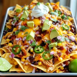 - 1 lb boneless, skinless chicken breasts - 1 cup BBQ sauce - 1 bag tortilla chips (10-12 oz) - 2 cups shredded cheddar cheese - 1 cup black beans, rinsed and drained - 1 cup corn (fresh, frozen, or canned) - 1 jalapeño, thinly sliced - 1/2 red onion, diced - 1 avocado, diced - Fresh cilantro, for garnish - Sour cream, for serving - Lime wedges, for serving Gathering these ingredients makes the nachos come together fast. You will love how easy it is! Start with the chicken. I use boneless, skinless chicken breasts for quick prep. Then, grab your favorite BBQ sauce. This sauce adds flavor and moisture. Next, you need tortilla chips. Choose a bag that feels sturdy. Thin chips may break under all the toppings. For added flavor and texture, I include shredded cheddar cheese. It melts nicely and holds everything together. Now for the toppings! Black beans add protein and fiber. I like using canned beans for ease. Just rinse them well. Corn brings sweetness, and you can use fresh or frozen. For some heat, slice a jalapeño. Remove seeds if you want less spice. Diced red onion gives a crunch and a hint of sharpness. Don't forget the avocado for creaminess! Finally, fresh cilantro adds brightness. Serve with sour cream and lime wedges. These toppings make the dish pop! Mixing these ingredients creates a fun meal that everyone will enjoy. - Preheat oven to 400°F (200°C). - Toss chicken breasts with BBQ sauce until they are covered well. - Bake chicken for 25-30 minutes until it reaches 165°F (75°C). - Shred the chicken with two forks and mix in the rest of the BBQ sauce. - Spread tortilla chips evenly on a baking sheet. - Layer the chips with shredded chicken, black beans, corn, jalapeños, diced onions, and cheese. - Bake until the cheese is melted and bubbly, about 10-15 minutes. To make your Sheet-Pan BBQ Chicken Nachos great, start with the chicken. Make sure to coat the chicken well with BBQ sauce. This step adds flavor and moisture. Toss the chicken in a bowl with half of the sauce. Spread it on the baking sheet. Bake until the chicken reaches 165°F. For melted cheese, use shredded cheese and layer it evenly. This helps it melt well. Add cheese right before the nachos finish baking. If you like your cheese extra gooey, leave it in a bit longer. If you want to change the protein, try using tofu or jackfruit. Both options soak up flavors well. They make a tasty base for your nachos. For cheese, you can swap cheddar for pepper jack or mozzarella. Each brings a unique flavor. You can also add toppings like diced tomatoes or olives for extra taste. To give your nachos a kick, add spicy elements. You can mix in diced jalapeños or a hot sauce drizzle. For a tangy twist, try squeezing lime juice over the top. Garnish your nachos with fresh cilantro or green onions. These add color and freshness. You can also serve with sour cream for creaminess. Lime wedges on the side make it even better! {{image_2}} You can change the flavors of your nachos. Try southwest-style nachos. Use black beans, pinto beans, and spices like cumin and paprika. These changes add a nice kick. You can also mix BBQ chicken nachos with different sauces. Try using a spicy sauce or a tangy mustard sauce. Each sauce brings its own fun twist to the dish. If you need gluten-free options, use corn tortilla chips. They fit right in and taste great. For vegan or vegetarian adaptations, swap chicken with jackfruit or lentils. You can use vegan cheese too. These swaps keep the flavor while meeting dietary needs. Nachos pair well with side dishes. Try guacamole or a fresh salad for a crunchy touch. For drinks, serve with iced tea or a light beer. These beverages balance the rich flavors of the nachos. Enjoy your meal with friends for a fun time! To keep nachos fresh, place them in an airtight container. You can store them in the fridge for up to three days. Use parchment paper between layers to avoid sogginess. If you want to keep the chips crunchy, store them separately from the toppings. This way, the chips stay crispy longer. To reheat nachos, use an oven or toaster oven. Set the oven to 350°F (175°C). Place the nachos on a baking sheet for about 10 minutes. This method helps the cheese melt nicely. Avoid using a microwave, as it can make the chips soggy. If you must use the microwave, heat in short bursts and watch closely. You can freeze BBQ chicken nachos, but it's best to freeze the toppings separately. Store the chicken, beans, and other toppings in a freezer-safe bag. When ready to eat, let them thaw in the fridge overnight. Reheat using the oven for the best results. This way, you can enjoy these tasty nachos anytime. BBQ chicken nachos can last for about 3 to 4 days in the fridge. It is best to store them in an airtight container. This helps keep the chips from getting too soggy. When you want to eat them again, just reheat in the oven or microwave. Yes, you can use other types of chips! Some good alternatives include: - Tortilla strips - Pita chips - Potato chips - Corn chips These options add different flavors and textures to your nachos. Pick your favorite for a fun twist! The best BBQ sauce can vary by taste. Here are some popular brands to try: - Sweet Baby Ray's - KC Masterpiece - Stubb's You can also make your own sauce at home. Just mix ketchup, brown sugar, vinegar, and spices to create a tasty blend. Homemade sauce lets you customize the flavor to your liking! In this blog post, we explored making BBQ chicken nachos. You learned about the key ingredients, easy steps, and helpful tips. I shared ways to customize the dish and store leftovers. Enjoy experimenting with flavors and toppings to suit your taste. Nachos are fun to make and even more fun to share. Try these ideas for your next gathering or game day. With simple steps, you can create a crowd-pleaser everyone will love. Dive into your nacho adventure and savor every bite!