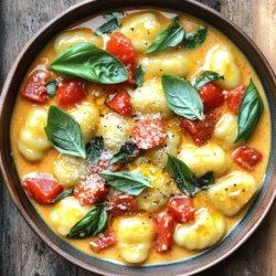 - 1 pound gnocchi (store-bought or homemade) - 2 tablespoons olive oil - 1 medium onion, diced The gnocchi is the star of this dish. You can use store-bought for ease or make it from scratch if you’re feeling adventurous. The olive oil adds richness and helps sauté the onion. Dicing the onion makes it sweet and soft as it cooks. - 4 cloves garlic, minced - 1 can (14 oz) diced tomatoes (with juices) - 1 cup vegetable broth Garlic brings a strong flavor. It pairs well with the tomatoes to create a base for the sauce. The canned tomatoes add sweetness and acidity. The vegetable broth enhances the flavor and keeps the dish light. - 1 cup heavy cream (or coconut cream for a dairy-free version) - 1 teaspoon dried Italian herbs - Salt and pepper to taste Heavy cream makes the dish rich and smooth. If you prefer a dairy-free option, coconut cream works well too. Italian herbs add depth, while salt and pepper bring out all the flavors. - 1 cup fresh basil leaves, chopped - ½ cup grated Parmesan cheese (optional) Basil adds freshness and a pop of color. It brightens the dish and gives it a garden feel. If you choose to add Parmesan, it will enhance the creaminess and umami. - Heat 2 tablespoons of olive oil in a large pot over medium heat. - Add 1 medium diced onion and sauté for 3-4 minutes until it turns soft. - Stir in 4 cloves of minced garlic and cook for 1 minute until fragrant. - Add 1 can (14 oz) of diced tomatoes with their juices, 1 cup of vegetable broth, and 1 cup of heavy cream. - Stir well to combine all the ingredients into a rich mixture. - Bring the mixture to a gentle simmer. - Add 1 pound of gnocchi and cook for 5-7 minutes. - Stir occasionally until the gnocchi are tender and fluffy. - Sprinkle in 1 teaspoon of dried Italian herbs. - Season with salt and pepper to taste. - Cook for an additional 2-3 minutes to let the flavors blend. - Remove the pot from heat and stir in 1 cup of chopped fresh basil. - Mix in ½ cup of grated Parmesan cheese if you want extra creaminess. - Spoon the creamy gnocchi into bowls. - Add more fresh basil and Parmesan on top for a lovely finish. To get the perfect gnocchi texture, choose fresh gnocchi if you can. Fresh gnocchi cooks quickly and has a light, fluffy feel. If you use dried gnocchi, follow the package directions for cooking time. For the best flavor, use fresh basil. Fresh basil adds a bright, sweet note. Dried basil works too but lacks that fresh taste. If using dried basil, add it earlier to let its flavor bloom. Pair your creamy gnocchi with crusty bread. The bread soaks up the sauce perfectly. A simple salad with mixed greens also works well. It adds a nice crunch and freshness. For garnishing, try adding more fresh basil leaves on top. You can also sprinkle extra Parmesan cheese for a rich finish. A drizzle of olive oil enhances the dish’s look and flavor. If you're looking for dairy-free options, use coconut cream instead of heavy cream. It gives a rich texture without dairy. To cut calories, use less cream or substitute with low-fat milk. You can also skip the cheese or use a lighter cheese. Adjusting these ingredients can help fit your health goals. {{image_2}} You can make this dish even better by adding protein. Consider adding cooked chicken or shrimp. Both options blend well with the creamy sauce. If you're looking for plant-based protein, try chickpeas or lentils. They add texture and keep the dish hearty. Want to add more greens? Incorporate spinach or kale. They cook down nicely and add nutrition. You can also toss in bell peppers or zucchini for color. This makes your dish more vibrant and fun to eat. If you like heat, add red pepper flakes. They give a nice kick to the creamy sauce. You can also try using spicy sausages. Just slice them up and cook them with the onions. This will add a whole new flavor profile to your gnocchi. To store your creamy tomato basil gnocchi, let it cool first. Place it in an airtight container. This way, it stays fresh. It lasts about 3 to 5 days in the fridge. If you want it to taste great, eat it within this time. Freezing gnocchi is easy. Portion it into small servings. Use freezer-safe containers or bags. Write the date on them. It lasts for about 2 to 3 months in the freezer. To reheat, let it thaw overnight in the fridge. It helps keep the texture nice. For reheating, the stovetop works best. Put the gnocchi in a skillet on low heat. Add a splash of broth or cream to keep it moist. Stir it often to avoid burning. You want it hot and creamy, not soggy. Enjoy your meal just like it was fresh! Yes, you can use frozen gnocchi. When using frozen gnocchi, skip the thawing process. Just add them straight to the pot when the sauce is simmering. This way, they will cook perfectly in about 8-10 minutes. Keep stirring occasionally to ensure even cooking. If you want a lighter option, use half-and-half or whole milk. For a lactose-free choice, coconut cream works well too. Almond milk or soy milk can also be used, but they may change the flavor slightly. Adjust the seasoning to balance any changes. To make this dish vegan, swap heavy cream for coconut cream or cashew cream. Use vegetable broth as your base. For cheese, try nutritional yeast for a cheesy flavor without dairy. All the other ingredients remain the same, making it easy to adapt. Yes, you can prepare this dish ahead of time. Cook the gnocchi and sauce, then cool it completely before storing. Keep it in an airtight container in the fridge for up to three days. To reheat, add a splash of broth or water to help it come back to life. Absolutely! This dish is perfect for meal prep. Portion it into containers and store it in the fridge. It lasts about three days. You can also freeze the portions for up to a month. Just make sure to reheat gently to avoid mushy gnocchi. In this article, I covered how to make a delicious gnocchi dish. You learned about essential ingredients, a step-by-step guide, and helpful tips. I shared ways to customize the recipe with proteins and veggies. Storing and reheating your leftovers will keep every bite tasty. Whether you crave creaminess or want a vegan version, you can adjust as needed. Enjoy creating this meal again and again, savoring each forkful!