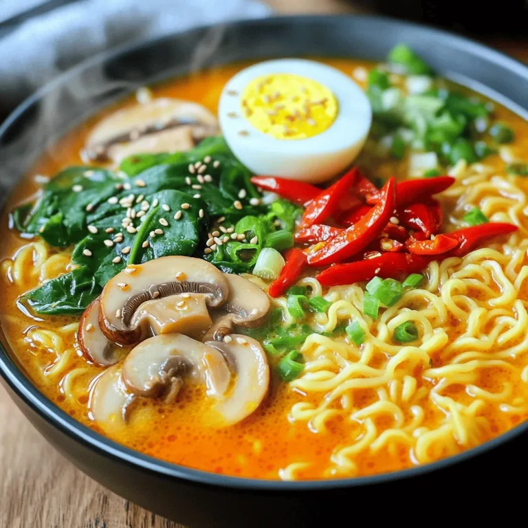 - 2 packs of instant ramen noodles (discard the seasoning packets) - 4 cups vegetable broth - 3 tablespoons soy sauce - 1 tablespoon sesame oil - 5 cloves garlic, minced - 1 tablespoon fresh ginger, grated - 1-2 red chilies, sliced (adjust for spice level) - 1 cup baby spinach - 1 cup mushrooms, sliced (shiitake or cremini recommended) - 1 green onion, sliced (for garnish) - 1 soft-boiled egg (optional) - Sesame seeds for garnish To make Min Spicy Garlic Ramen, gather these fresh ingredients. Instant ramen noodles make this dish quick and easy. The vegetable broth adds a rich base. Soy sauce brings in umami flavor, while sesame oil adds depth. Garlic and ginger give it a warm, fragrant kick. Red chilies let you control the heat. Use one for mild spice; add two for more heat. Baby spinach and mushrooms add texture and nutrients. You can top it all with a soft-boiled egg for creaminess and sliced green onions for color. Don't forget sesame seeds for that perfect crunch. This dish is versatile. You can adjust ingredients based on what you love. With these ingredients, you build a bowl of comfort. Each bite warms you from the inside out. 1. Heating sesame oil and sautéing garlic and ginger: Start by pouring the sesame oil into a large pot. Turn the heat to medium. Add minced garlic and grated ginger. Stir them for about 1-2 minutes until they smell great. 2. Adding chilies to enhance flavor: Next, slice the red chilies. Add them to the pot. Stir for another minute. This step brings out their heat and flavor. 3. Incorporating vegetable broth and soy sauce: Pour in 4 cups of vegetable broth and 3 tablespoons of soy sauce. Stir well. Bring the mixture to a gentle simmer. 1. Cooking noodles according to package instructions: While the broth simmers, cook the instant ramen noodles. Follow the package’s directions. Usually, it takes about 3-4 minutes. Drain the noodles and set them aside. 2. Simmering the broth with mushrooms and spinach: Slice the mushrooms and add them to the pot. Cook for about 5-7 minutes until they soften. Then, add 1 cup of baby spinach. Let it simmer for 2 more minutes until it wilts. 1. Ladling broth and toppings into bowls: In deep bowls, divide the cooked ramen noodles. Then, ladle the spicy garlic broth over the noodles. Make sure to include mushrooms and spinach. 2. Recommended presentation tips: If you like, top each bowl with a soft-boiled egg, sliced green onions, and a sprinkle of sesame seeds. This adds color and makes the dish look great! To make Min Spicy Garlic Ramen shine, adjust the spice with red chilies. Start with one chili for mild heat. If you like more spice, add a second. Fresh ingredients play a huge role in flavor. Use garlic and ginger for a rich base. Fresh spinach brings color and nutrients. Mushrooms add texture and depth. Sautéing is key for maximum flavor. Heat sesame oil first, then add garlic and ginger. Cook until fragrant, about 1-2 minutes. This step wakes up the flavors. Simmering is important for broth depth. After adding the broth, let it simmer. This helps blend all the flavors together. A good simmer also softens the mushrooms and spinach. {{image_2}} You can switch up the noodles in your Min Spicy Garlic Ramen. Instead of instant ramen, try udon or soba noodles. Udon gives a thick and chewy bite, while soba adds a nutty flavor. Both are tasty options. Adding proteins boosts the meal's heartiness. Tofu is a great choice for a vegetarian dish. Firm tofu holds up well in the broth. If you prefer meat, grilled chicken works nicely. It brings a savory depth to your soup. For a vegan option, simply omit the soft-boiled egg. The dish still tastes great without it. Use vegetable broth to keep it plant-based. If you need a gluten-free option, look for gluten-free noodles. Rice noodles or gluten-free ramen work well. They provide the same comforting feel without gluten. Enjoy the spicy garlic flavor without worry. To store leftover ramen, let it cool first. Place the noodles, broth, and toppings in separate containers. This keeps everything fresh and tasty. Use airtight containers to avoid any air exposure. Glass or BPA-free plastic containers are great choices. They help keep the flavors intact and prevent spills. To reheat your ramen, use a pot on low heat. Add a splash of water or broth to keep it moist. This helps maintain the rich broth flavor. For the noodles, try reheating them in water for just a minute. This avoids overcooking. Stir gently to keep them from clumping. Enjoy your ramen warm and delicious! Can I make this recipe in advance? Yes, you can make this ramen ahead of time. Cook the broth and noodles separately. Store them in different containers in the fridge. When ready to eat, heat them up and combine. This way, the noodles stay firm. What if I don't have vegetable broth? If you lack vegetable broth, use water or chicken broth. You can add more soy sauce and garlic for flavor. This will still give you a tasty ramen bowl. How can I adjust the spice level? To change the spice level, adjust the number of red chilies. Use fewer chilies for a milder dish. You can also add a dash of chili oil for more heat. Health benefits of the ingredients This ramen is packed with good stuff. Garlic and ginger boost your immune system. Spinach adds vitamins A and C. Mushrooms provide protein and fiber. This dish supports overall health. Caloric content and serving size information Each serving contains about 400 calories. This includes ramen, broth, and veggies. If you add a soft-boiled egg, it will increase the calories. Enjoy this dish as a satisfying meal. Min Spicy Garlic Ramen is easy and tasty. You need simple ingredients like noodles, broth, and garlic. First, sauté garlic and ginger in oil. Then, add chilies, broth, and soy sauce. Cook your noodles and combine everything. Don't forget to adjust spice levels to suit your taste. You can try different noodles or add protein like tofu. Store leftovers properly and reheat them just right. Enjoy your ramen, knowing it packs flavor and nutrition. Experiment, and make it your own. Your cooking journey starts here!
