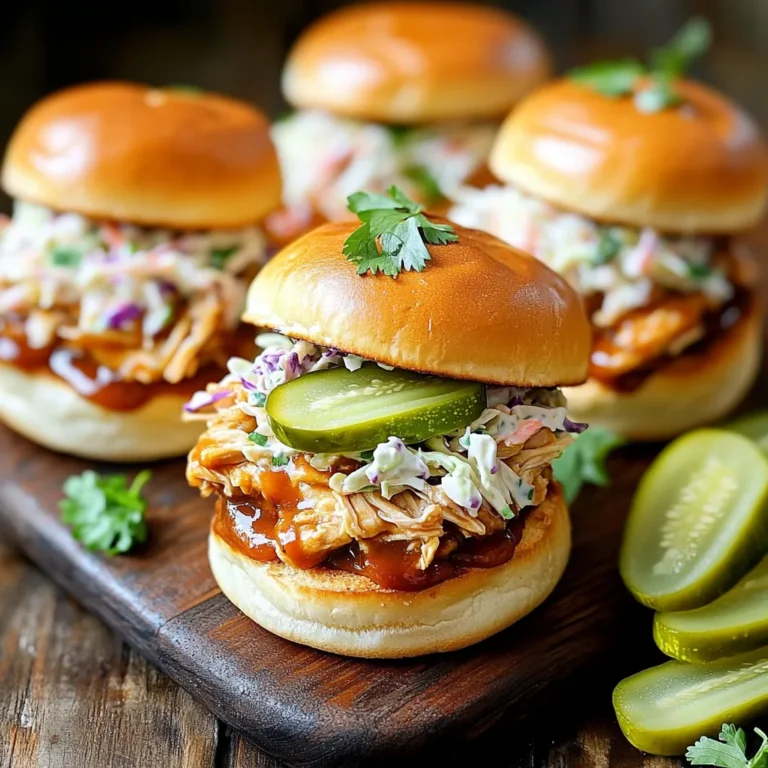 - 2 cups cooked shredded chicken - 1 cup BBQ sauce (homemade or store-bought) - 12 mini hamburger buns - 1 cup dill pickles, sliced - ½ cup coleslaw mix - ¼ cup mayonnaise - 1 tablespoon apple cider vinegar - 1 teaspoon garlic powder - Salt and pepper to taste - Fresh parsley, chopped (for garnish) When it comes to BBQ chicken sliders, the key is using great ingredients. Start with cooked shredded chicken. You can use leftover chicken or rotisserie for ease. The BBQ sauce is crucial. You can make your own or grab a good store-bought one. Don't skip the mini hamburger buns. They hold everything together perfectly. For crunch and tang, add sliced dill pickles. The coleslaw mix adds a nice texture. Mix it with mayonnaise, apple cider vinegar, garlic powder, salt, and pepper. This creamy topping brightens the sliders. Finally, fresh parsley adds a pop of color and flavor. It makes your sliders look great on the plate. Each ingredient plays a role in making these sliders a tasty treat. Enjoy the mix of flavors and textures in every bite! - In a large bowl, combine the cooked shredded chicken with 1 cup of BBQ sauce. - Mix well until the chicken is fully coated in the sauce. This step adds a rich flavor to the meat. - In another bowl, mix ¼ cup of mayonnaise with 1 tablespoon of apple cider vinegar. - Add 1 teaspoon of garlic powder, and sprinkle in some salt and pepper to taste. - Stir in ½ cup of coleslaw mix until it is evenly coated. The coleslaw adds a crunchy texture. - Preheat your oven to 350°F (175°C). - Take 12 mini hamburger buns and place them on a baking sheet. - Spoon a generous portion of the BBQ chicken mixture onto the bottom half of each slider bun. - Add a couple of pickle slices on top of the chicken for a tangy kick. - Finish with a small spoonful of coleslaw on each slider. - If you want a warm, crispy bun, place the assembled sliders in the oven. - Toast for 5-7 minutes until the buns turn golden brown. This step enhances the overall flavor and texture. To create a homemade BBQ sauce, combine ketchup, brown sugar, apple cider vinegar, and smoked paprika. This mix gives a sweet and tangy taste. You can add spices like cayenne for heat or honey for more sweetness. For pickles, dill pickles work great, but you can try bread and butter pickles for a sweet twist. Each type of pickle brings a unique flavor that can change the whole slider experience. Pair your sliders with crispy fries or a fresh garden salad. Fries add crunch, while salads provide a light balance. For a stunning presentation, stack the sliders on a rustic wooden board. Place extra pickles and a bowl of coleslaw on the side. Guests can customize their sliders just the way they like. To get the right chicken texture, use cooked, shredded chicken. The sauce should coat the chicken well. Avoid overcooking the mixture to keep the chicken tender. For leftover BBQ chicken, store it in an airtight container in the fridge. It lasts for about 3-4 days. You can also freeze the mixture for up to three months. Just thaw it in the fridge before using. {{image_2}} You can switch up the proteins in your sliders. Pulled pork makes a great choice. Turkey is also tasty and lighter. For toppings, try jalapeños for some heat. Cheese can add a creamy touch that many enjoy. BBQ sauces come in many flavors. You can choose spicy sauces for a kick or sweet ones if you prefer. Mixing coleslaw with apples adds sweetness. Adding nuts gives a nice crunch and taste. If you need gluten-free options, look for gluten-free buns. Many brands make tasty gluten-free versions. For a vegan meal, swap chicken for jackfruit or mushrooms. You can make coleslaw with a vegan mayo to keep it plant-based. To keep your BBQ chicken sliders fresh, store them in an airtight container. This will prevent them from drying out. If you have leftover components, like the chicken or coleslaw, store them separately. This way, the buns stay soft and the coleslaw remains crunchy. You can use plastic wrap or aluminum foil to cover the sliders too. If you want to freeze extra sliders, wrap each one tightly in plastic wrap. Place them in a freezer bag, removing as much air as possible. This helps keep the flavors intact. When it's time to enjoy leftovers, you can reheat your sliders in a few ways. The best method is to use the oven. Preheat it to 350°F (175°C). Place the sliders on a baking sheet and heat for about 10 minutes. This keeps the buns soft and warms the chicken well. If you want a quick option, use the microwave. Heat them for 30 seconds to 1 minute. To keep the buns from getting tough, cover them with a paper towel. In the fridge, your BBQ chicken sliders last about 3 to 4 days. If you notice any off smell or changes in color, it's best to toss them. When freezing, they can last up to 3 months. Just remember to check for freezer burn. This can happen if they are not sealed well. If your sliders feel dry or hard, they are no longer good to eat. To make simple BBQ sauce, you need a few easy ingredients. Gather: - 1 cup ketchup - 1/4 cup apple cider vinegar - 1/4 cup brown sugar - 1 tablespoon Worcestershire sauce - 1 teaspoon garlic powder - 1 teaspoon onion powder - Salt and pepper to taste Mix all these in a bowl. Taste and adjust to your liking. This sauce pairs great with chicken! Yes, you can prep sliders early. Start by making the BBQ chicken. Keep it in the fridge for up to two days. You can also mix the coleslaw and store it separately. When ready to serve, just assemble the sliders. This saves time and makes serving easy! Great sides for sliders include: - French fries - Potato salad - Coleslaw - Corn on the cob - Baked beans These sides add color and flavor to your meal. They also balance the richness of the sliders! Absolutely! To make sliders fun for kids, let them help assemble. Use smaller pickle slices, and offer toppings like cheese. You can even use fun-shaped buns. Kids love to customize their food. It makes the meal more exciting! In this blog post, we covered how to make delicious BBQ chicken sliders. We looked at all the ingredients, from the chicken to the coleslaw. I shared easy steps to prepare and assemble the sliders. You also got tips on flavors and variations to try. Keep these insights in mind next time you want a simple meal. Enjoy making these sliders for family or friends. They are tasty, fun, and perfect for any gathering. Happy cooking!