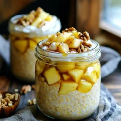 To make Apple Pie Overnight Oats, you need a few key ingredients. These create the base and flavor: - 1 cup rolled oats - 1 cup unsweetened almond milk (or any milk of your choice) - 1 medium apple, peeled and diced - 1 tablespoon maple syrup (adjust for sweetness) - 1 teaspoon vanilla extract - 1 teaspoon ground cinnamon - 1/4 teaspoon nutmeg - A pinch of salt These ingredients work together to mimic the warm, sweet taste of apple pie. You can enhance your oats with a few optional ingredients. These add creaminess and richness: - 2 tablespoons Greek yogurt (optional, for creaminess) Adding Greek yogurt makes the oats smooth and rich. It also boosts protein, making your breakfast more filling. When you serve your oats, toppings can add texture and flavor. Here are some great ideas: - Chopped walnuts or pecans for crunch - A sprinkle of cinnamon on top These toppings give your dish a delightful finish. They also make your breakfast look beautiful and inviting. Enjoy your Apple Pie Overnight Oats! To start, gather all your ingredients. In a medium bowl, combine: - 1 cup rolled oats - 1 cup unsweetened almond milk (or any milk of your choice) - 1 medium apple, peeled and diced - 1 tablespoon maple syrup (adjust for sweetness) - 1 teaspoon vanilla extract - 1 teaspoon ground cinnamon - 1/4 teaspoon nutmeg - A pinch of salt If you want creaminess, add 2 tablespoons of Greek yogurt. Mix everything well. This ensures all flavors blend nicely. You will smell the sweet spices and apples. That aroma will make you excited for tomorrow's breakfast! Once the mixture is ready, it's time to transfer it. Use individual jars or airtight containers. If you like, layer the oats for a fun look. Cover each container with a lid. Place them in the fridge. Let them soak overnight or for at least four hours. This soaking time allows the oats to soften and the flavors to meld together. In the morning, take the oats out of the fridge. Give them a good stir to mix everything again. Taste them and adjust the sweetness if needed. For a tasty crunch, top with chopped walnuts or pecans. If you want, sprinkle a bit more cinnamon on top. Now, you're ready to enjoy your apple pie overnight oats! To make your oats super creamy, use Greek yogurt. It adds richness and a nice texture. If you want a lighter version, skip the yogurt. Instead, let the oats soak longer. The longer they sit, the softer they get. Stir them well before eating to blend everything nicely. Sweetness is key to a great dish. Start with one tablespoon of maple syrup. After soaking, taste your oats. If you want more sweetness, add a little more syrup. You can also try honey or agave. Choose what you like best. The apple adds natural sweetness too, so keep that in mind. To get the best flavor, mix everything well. Make sure the spices and apple are evenly spread. Letting the oats soak overnight helps all the flavors blend. You can add a pinch of salt to boost the taste. Try adding extra spices like ginger or allspice for a twist. Don’t be afraid to experiment! {{image_2}} If you want to make this recipe healthier, swap dairy for plant-based options. Use almond milk or oat milk instead of regular milk. Both give a nice creamy texture. If you miss creaminess, add a scoop of coconut yogurt. It’s rich and tasty, and it keeps things dairy-free. To boost protein, add Greek yogurt or protein powder. Mix in two tablespoons of Greek yogurt for extra creaminess. If you like protein powder, add a scoop when you combine the oats. This keeps your breakfast filling and helps fuel your day. While apple pie is delicious, you can try other flavors too. Swap apples for ripe bananas for a tropical twist. Add a tablespoon of cocoa powder for a chocolate version. You can also mix in berries for a fresh and fruity taste. The options are endless! Explore flavors to keep your breakfast exciting. To keep your apple pie overnight oats fresh, use airtight containers. Glass jars work great. They prevent spills and keep the oats tasty. If you want to serve them later, store them in the fridge. This keeps them cool and safe to eat. Avoid leaving them out at room temperature. These oats stay good for about five days in the fridge. Each day, the flavors get better! If you want to enjoy them longer, check for signs of spoilage. Look for odd smells or changes in texture. If they seem off, it’s best to toss them. You can freeze your apple pie overnight oats for up to three months. Use freezer-safe containers or bags. When you want to eat them, take them out a day ahead. Place them in the fridge to thaw overnight. This way, your breakfast will be ready to enjoy! Yes, you can use quick oats. They will soak up liquid faster. This means your oats will be softer in the morning. However, they may not have the same chewy texture as rolled oats. If you like a creamier feel, quick oats can work well. You can use any milk you enjoy. Options include cow’s milk, soy milk, or oat milk. Each type of milk will change the flavor slightly. Choose one that fits your taste or dietary needs. Overnight oats last up to five days in the fridge. Make sure to store them in airtight containers. This keeps them fresh and prevents them from absorbing other smells. If you notice any odd smells or colors, it’s best to toss them out. Yes, you can make these oats vegan easily. Just use plant-based milk and skip the Greek yogurt. You can also use maple syrup as your sweetener. This keeps the oats tasty and vegan-friendly. Overnight oats offer many health benefits. They are high in fiber, which helps digestion. They also provide lasting energy for your morning. Oats can lower cholesterol and help control blood sugar levels. Adding fruits and nuts boosts the nutrition even more. This article guides you through making delicious apple pie overnight oats. We covered key ingredients, added flavors, and toppings to enhance your dish. I shared step-by-step instructions for preparation and tips for perfect creaminess. You learned about healthy swaps, flavor variations, and smart storage tips. In the end, overnight oats are easy, tasty, and healthy. Enjoy experimenting with flavors and make this dish your own!