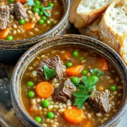 - Beef and Vegetables - 1 pound beef chuck, cut into 1-inch cubes - 1 medium onion, diced - 2 cloves garlic, minced - 3 carrots, chopped - 2 celery stalks, chopped - Spices and Seasonings - 1 tablespoon olive oil - 1 teaspoon dried thyme - 1 teaspoon dried rosemary - 1 bay leaf - Salt and pepper to taste - Optional Add-ins - 1 cup barley, rinsed and drained - 6 cups beef broth - 1 cup frozen green peas (optional) - Fresh parsley for garnish I love using fresh ingredients for this soup. The beef chuck gives the soup a rich flavor. Olive oil helps in browning the beef and adds a nice depth. The diced onion, minced garlic, chopped carrots, and celery create a solid base. Each of these vegetables adds its own touch of sweetness and texture. Barley is the star of this dish. It makes the soup hearty and filling. I recommend rinsing the barley before adding it, as this helps remove any excess starch. The dried thyme and rosemary bring an earthy aroma that is hard to resist. The bay leaf adds a nice hint of flavor that ties everything together. Don't forget to season with salt and pepper. These simple ingredients can make a huge difference. If you want a pop of color and sweetness, add frozen green peas toward the end of cooking. Finally, sprinkle fresh parsley on top before serving. It brightens up the dish and looks great in a bowl. Browning the Meat First, heat one tablespoon of olive oil in a large pot over medium-high heat. Once the oil is hot, add one pound of beef chuck cut into 1-inch cubes. Season the beef with salt and pepper. Brown the meat on all sides for about 5 to 7 minutes. This step adds great flavor to your soup. Setting Aside the Beef After the beef is browned, remove it from the pot and set it aside. This helps keep the beef tender while the soup cooks. Sautéing the Onion, Garlic, Carrots, and Celery In the same pot, add the diced onion, two cloves of minced garlic, three chopped carrots, and two chopped celery stalks. Sauté the vegetables for about 5 minutes. You want them to soften and get fragrant. This base adds depth to your soup. Adding Barley and Broth Once the vegetables are soft, return the browned beef to the pot. Add one cup of rinsed barley, six cups of beef broth, one teaspoon of dried thyme, one teaspoon of dried rosemary, and one bay leaf. Stir everything together until well mixed. Cooking Time and Temperatures Bring the soup to a boil, then reduce the heat to low. Cover the pot and let it simmer for 45 minutes. This cooking time allows the barley and beef to become tender and flavorful. Final Steps before Serving If you want to add some color, stir in one cup of frozen green peas during the last 5 minutes of cooking. Taste the soup and adjust the seasoning with more salt and pepper if needed. Don't forget to remove the bay leaf before serving. Enjoy your hearty meal! Seasoning Adjustments To make the best beef barley soup, start with salt and pepper. These basic seasonings enhance all the flavors in your soup. After cooking, taste the soup and adjust as needed. If you like heat, add a pinch of red pepper flakes. A splash of soy sauce can add depth, too. Enhancing with Fresh Herbs Fresh herbs can transform your soup. I love adding parsley at the end for brightness. You can also use fresh thyme or rosemary. Just chop them finely and sprinkle them in right before serving. This adds a fresh touch that brightens each bowl. Best Practices for Browning Meat Browning the meat adds rich flavors to your soup. Use a large pot and heat the olive oil over medium-high heat. Add the beef cubes without crowding the pot. Let them brown on each side for about 5-7 minutes. This caramelization creates a tasty base for your soup. Simmering for Optimal Flavor Simmering helps all the flavors meld together. After adding your ingredients, bring the soup to a boil. Then, reduce the heat to low and cover the pot. Let it simmer for 45 minutes. This slow cooking makes the beef tender and the barley fluffy. Garnishing Ideas Presentation matters, especially for soups. Ladle the soup into bowls and sprinkle freshly chopped parsley on top. This adds color and freshness. You can also add a dash of black pepper for a little flair. Serving Suggestions Serve your beef barley soup with crusty bread. It’s perfect for dipping and makes the meal more filling. You can also pair it with a simple green salad. This adds crunch and balances the warmth of the soup. {{image_2}} You can switch up the beef with other meats. Chicken or turkey works well in this soup. If you want to keep it light, try using lean cuts. You can also add more veggies, like mushrooms or bell peppers. They add great flavor and texture. For a gluten-free option, use gluten-free grains like quinoa or rice instead of barley. Just be mindful of the cooking times, as they may differ. To boost the flavor, add spices like paprika or cayenne pepper. A squeeze of lemon juice or lime can brighten the dish too. If you like a warm spice, try adding nutmeg or cinnamon for a different twist. Changing the broth can also enhance your soup. Use vegetable broth for a lighter taste. If you want a richer flavor, try a beef bone broth. It adds depth and nutrition. You can make a vegan or vegetarian version by swapping beef for hearty beans or lentils. Use vegetable broth and skip the meat entirely. This will still give you a filling meal. For those watching sodium intake, use low-sodium broth. You can also skip added salt while cooking. Taste the soup first and season as needed. This way, you can control the saltiness while still enjoying a hearty meal. To store leftovers properly, let the soup cool to room temperature first. Then, place it in an airtight container. This keeps the soup fresh. Always label the container with the date. It helps you keep track of how long it has been stored. The shelf life of beef barley soup in the fridge is about 3 to 4 days. Make sure to check for any signs of spoilage before eating. If the soup smells off or looks strange, it's best to toss it. For best practices when freezing soup, use a freezer-safe container. Leave some space at the top for the soup to expand. You can also freeze it in individual portions for easy meals later. When you’re ready to eat, thaw the soup in the fridge overnight. Reheat it on the stovetop over medium heat. Stir often to ensure it heats evenly. You can also microwave it in a safe bowl, stirring every minute until it's hot. Can I use a different type of barley? Yes, you can use pearled barley, hull-less barley, or even quick-cooking barley. Each type has a different cooking time. Pearled barley is the most common choice for soup. It cooks well and gives a nice texture. How can I thicken the soup? You can thicken the soup by adding more barley or mashing some of the cooked vegetables. Another option is to mix a bit of cornstarch with water and stir it in. This will make your soup heartier. Is it possible to make this soup in a slow cooker or instant pot? Yes, you can! For a slow cooker, brown the beef first, then add all ingredients. Cook on low for 6-8 hours. For an instant pot, use the sauté function, then pressure cook for about 30 minutes. Calorie Count per Serving Each serving has about 350 calories. This can vary based on the beef and added veggies. Health Benefits of Ingredients - Beef: Provides protein and iron. - Barley: High in fiber and helps with digestion. - Vegetables: Packed with vitamins and minerals. Carrots add beta-carotene, and celery gives hydration. What can I serve with One Pot Beef Barley Soup? This soup pairs well with crusty bread or a fresh salad. You can also add cheese to the bread for extra flavor. Can I use this recipe as a base for other soups? Absolutely! You can add beans for a vegetarian twist or swap the beef for chicken. Feel free to change the broth or add herbs to fit your taste. This post covered how to make a tasty One Pot Beef Barley Soup. We explored the right ingredients, cooking steps, and tips for great flavor. I shared ways to modify the recipe for special diets and storage advice for leftovers. Embrace these tips and get creative in your kitchen. Enjoy every bowl of warmth!