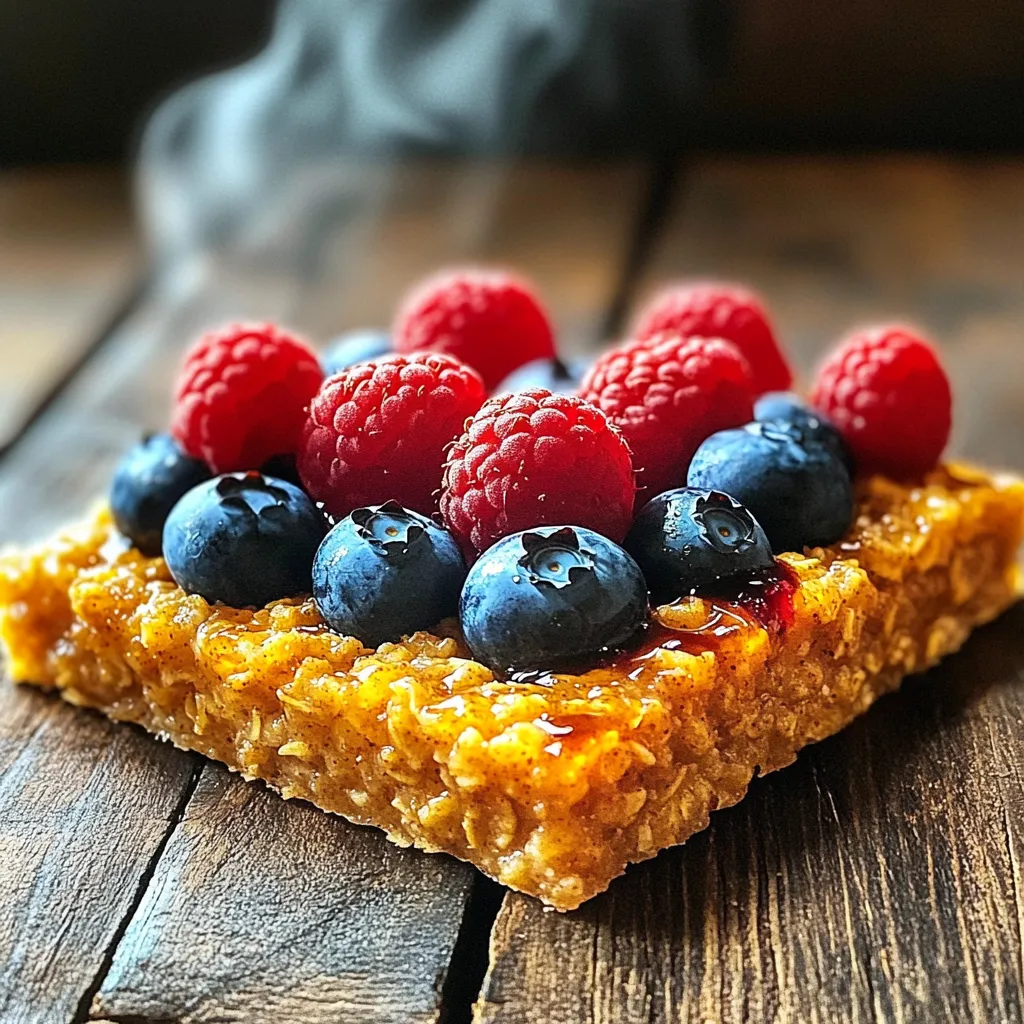 - 2 cups rolled oats - 1/2 cup brown sugar, packed - 1 teaspoon baking powder - 1/2 teaspoon salt - 1 teaspoon ground cinnamon - 2 cups milk (dairy or non-dairy) - 1/4 cup pure maple syrup - 2 large eggs - 1 teaspoon vanilla extract - 1/4 cup chopped walnuts (optional) - 1/2 cup fresh berries (blueberries, raspberries, or sliced strawberries) To make Maple Brown Sugar Baked Oatmeal, gather all these ingredients. Rolled oats are the base. They give the dish its hearty texture. Brown sugar adds sweetness and richness. Baking powder helps the oatmeal rise, while salt enhances the flavors. Ground cinnamon brings warmth and spice. Next, choose your milk. You can use dairy or a non-dairy option like almond milk. Maple syrup gives a lovely, sweet flavor. The eggs bind everything together and add moisture. Vanilla extract adds a hint of sweetness. If you love nuts, add chopped walnuts for crunch. Fresh berries brighten the dish and add natural sweetness. This combination creates a delicious breakfast treat. Each bite is warm and comforting. With simple ingredients, you can enjoy a delightful start to your day. 1. Preheat the oven and prepare the baking dish. Start by setting your oven to 350°F (175°C). Grease a 9x9 inch baking dish with butter or oil. This step helps the oatmeal not stick. 2. Combine dry ingredients in a mixing bowl. In a large mixing bowl, add 2 cups of rolled oats, 1/2 cup of packed brown sugar, 1 teaspoon of baking powder, 1/2 teaspoon of salt, and 1 teaspoon of ground cinnamon. Mix these well so the flavors blend. 3. Whisk together the wet ingredients separately. In another bowl, whisk together 2 cups of milk (you can use dairy or a non-dairy option), 1/4 cup of pure maple syrup, 2 large eggs, and 1 teaspoon of vanilla extract. Make sure these ingredients combine well for a smooth mix. 4. Mix the wet and dry ingredients. Pour the wet mixture into the bowl with the dry ingredients. Stir until everything is combined. This step creates a thick and tasty oatmeal base. 5. Fold in optional ingredients like walnuts and berries. If you want extra crunch, gently fold in 1/4 cup of chopped walnuts and 1/2 cup of fresh berries (like blueberries or raspberries). This adds flavor and texture. 6. Bake the oatmeal mixture and check for doneness. Pour the oatmeal mix into the prepared baking dish and spread it evenly. Bake in your preheated oven for 30-35 minutes. Check if the top is golden brown and the oatmeal has set. Following these steps will give you a delicious Maple Brown Sugar Baked Oatmeal that everyone will love! - Use fresh ingredients for the best flavor. Fresh oats, eggs, and milk make a big difference. They enhance the taste and texture. - Adjust sweetness with additional maple syrup or brown sugar. If you like it sweeter, add more syrup or sugar. Taste as you go to find the right balance. - Ensure even baking and texture by spreading the mixture evenly. When you pour the oatmeal mix into the baking dish, smooth it out. This helps it bake nicely and evenly. - Serve warm with maple syrup drizzle. A warm slice topped with syrup is hard to resist. It adds sweetness and a lovely shine. - Garnish with additional berries and yogurt. Fresh berries on top add color and flavor. A dollop of yogurt gives creaminess and makes it look fancy. {{image_2}} You can switch things up with your baked oatmeal. Here are some fun ideas: - Steel-Cut Oats: Use steel-cut oats instead of rolled oats. This gives a chewier texture. - Nuts and Seeds: Try different nuts like pecans or almonds. Seeds like chia or sunflower seeds work too. - Fruits: Add fruits like bananas, apples, or peaches. Each fruit adds a new flavor twist. If you have special diet needs, you can easily adapt this recipe: - Dairy-Free: Use non-dairy milk, like almond or oat milk, to make it vegan. - Gluten-Free: Choose certified gluten-free oats to ensure it’s safe for those with gluten issues. These variations make your Maple Brown Sugar Baked Oatmeal a fun and flexible dish! Each choice adds a new taste and texture. After baking your oatmeal, let it cool first. Once cool, slice it into squares. Place the squares in an airtight container. This keeps the oatmeal fresh. Store it in the fridge. It lasts about five days. If you want to keep it longer, consider freezing it. To reheat, you have a few options. The microwave works well. Place a square on a plate, cover it with a damp paper towel, and heat for one minute. You can also use the oven. Preheat it to 350°F (175°C). Put the squares in a baking dish, cover with foil, and heat for about ten minutes. This warms it evenly. Add a splash of milk if it seems dry. Enjoy your warm, tasty breakfast! Can I make this recipe vegan? Yes, you can make this recipe vegan. Use almond milk or oat milk in place of dairy milk. Replace eggs with flax eggs or applesauce. This way, you keep the flavor and texture. How do I make it ahead of time? To make this dish ahead, follow the recipe up to baking. Cover the mixture and store it in the fridge overnight. When you’re ready, bake it in the morning. This saves time and still tastes great. What’s the best way to store leftovers? Store leftovers in an airtight container in the fridge. They last about five days. You can also keep individual servings for easy breakfast later. Can I freeze baked oatmeal? Yes, baked oatmeal freezes well. Cut it into squares and wrap them tightly. Store the squares in a freezer bag. They can last for up to three months. Just thaw them overnight before reheating. What are some serving suggestions? Serve warm with a drizzle of maple syrup on top. Add fresh berries for a colorful touch. You can also top it with yogurt for a creamy bite. Enjoy your meal! This blog post covered a tasty recipe for Maple Brown Sugar Baked Oatmeal. You learned about key ingredients, easy steps, and handy tips for perfecting your dish. Don’t forget to explore various options to mix things up. For a vegan twist, choose dairy-free ingredients and different fruits. Keep your leftovers fresh, and reheat them well for the best taste. This recipe is simple, fun, and perfect for breakfast any day. Enjoy making this warm, comforting meal that you can share with family or friends.