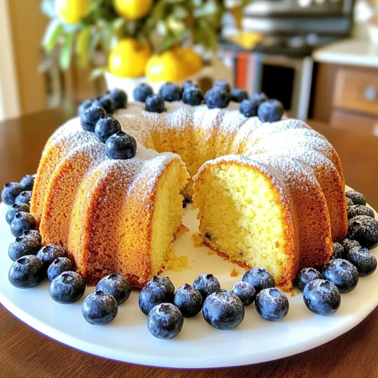 To make a delightful Lemon Blueberry Pound Cake, gather these key ingredients: - 1 ½ cups all-purpose flour - 1 teaspoon baking powder - ½ teaspoon baking soda - ¼ teaspoon salt - ½ cup unsalted butter, softened - 1 cup granulated sugar - 2 large eggs - 2 tablespoons lemon zest - 1 tablespoon lemon juice - 1 teaspoon vanilla extract - ½ cup sour cream - 1 cup fresh blueberries (plus extra for garnish) - 1 tablespoon flour (for tossing with blueberries) You will also need some essential tools: - A 9x5-inch loaf pan - Mixing bowls (one large and one medium) - An electric mixer - A whisk - A spatula Having these items ready helps make your baking easier and more enjoyable. Let's get to it! To make the batter, start by mixing the dry ingredients. In a bowl, whisk 1 ½ cups of all-purpose flour, 1 teaspoon of baking powder, ½ teaspoon of baking soda, and ¼ teaspoon of salt. Set this aside. Next, you will cream the butter and sugar. In a large bowl, beat ½ cup of softened unsalted butter with 1 cup of granulated sugar. Use an electric mixer for about 3-4 minutes until it's light and fluffy. Then add 2 large eggs, one at a time. Mix well after each egg. Now, add 2 tablespoons of lemon zest, 1 tablespoon of lemon juice, and 1 teaspoon of vanilla extract. Gradually mix in the dry ingredients. Alternate adding the dry mix with ½ cup of sour cream, starting and ending with the dry mix. Be careful not to overmix. To incorporate the blueberries, toss 1 cup of fresh blueberries in 1 tablespoon of flour. This keeps them from sinking in the batter. Gently fold the blueberries into the batter. First, preheat your oven to 350°F (175°C). While the oven is heating, grease and flour a 9x5-inch loaf pan. This step helps the cake to come out easily after baking. Once your batter is ready, pour it into the prepared loaf pan. Smooth the top with a spatula. Now, bake the cake for about 55-65 minutes. You can check if it's done by inserting a toothpick into the center. It should come out clean when the cake is ready. After baking, let the cake cool in the pan for about 10 minutes. Then, carefully remove it from the pan. Transfer the cake to a wire rack to cool completely. For serving, slice the cake and place it on a serving plate. You can garnish it with fresh blueberries and a light dusting of powdered sugar for a touch of elegance. If you want to make it even more special, enjoy it with whipped cream or a scoop of vanilla ice cream. To get the right texture, focus on the mixing. Cream the butter and sugar well. This step adds air, making your cake fluffy. Mix the batter gently after adding the blueberries. Over-mixing can make it dense. If you want a stronger lemon taste, add extra lemon zest. This gives your cake a bright flavor. You can swap ingredients for dietary needs. Use gluten-free flour instead of all-purpose flour. For a dairy-free cake, use coconut cream instead of sour cream. You can use fresh or frozen blueberries. If using frozen, do not thaw them. Toss them in flour to help them stay suspended in the batter. Many bakers struggle with mixing too much. This makes the cake tough. Also, watch the baking time. Overbaking can dry out the cake. Check for doneness with a toothpick. If it comes out clean, the cake is done. The cake should spring back when touched lightly. {{image_2}} You can change the flavor of your lemon blueberry pound cake in fun ways. Try adding different citrus zest. Lime or orange zest can give a fresh twist. You can also mix in other berries. Raspberries, strawberries, or blackberries work well too. Just remember to toss them in flour to keep them from sinking. A lemon glaze adds a sweet touch. To make a simple glaze, mix 1 cup of powdered sugar with 2 tablespoons of lemon juice. Pour it over the cooled cake for a shiny finish. You can also top the cake with nuts for crunch. Chopped almonds or walnuts give great texture. Fresh herbs, like mint, add a nice color and flavor. If you need to make the cake gluten-free, swap all-purpose flour with a gluten-free blend. For a dairy-free version, use coconut yogurt instead of sour cream. You can also make it vegan by replacing eggs with flax eggs. Mix 1 tablespoon of ground flaxseed with 3 tablespoons of water and let it sit for 5 minutes. This keeps your cake moist and tasty! To keep your lemon blueberry pound cake fresh, wrap it tightly in plastic wrap. You can also use an airtight container. This helps keep moisture in and prevents it from drying out. You can store the cake in the fridge for up to five days. If you want to save some for later, you can freeze it. It stays good in the freezer for up to three months. Just make sure to wrap it well to avoid freezer burn. When you’re ready to enjoy your cake again, you can reheat it easily. The best way is to use the oven. Preheat your oven to 350°F (175°C). Place the slices on a baking sheet and cover them with foil. Heat for about 10-15 minutes. This keeps the cake moist. You can also use a microwave. Just heat a slice for about 15-20 seconds. After reheating, I suggest serving your cake with a dollop of whipped cream. You can also add extra fresh blueberries on top for a burst of flavor. Enjoy your treat! Lemon blueberry pound cake lasts about 3 to 5 days at room temperature. Keep it in an airtight container. You can also store it in the fridge for up to a week. If you want it to last longer, freeze it. Wrap the cake tightly in plastic wrap, then place it in a freezer bag. It can last up to three months in the freezer. Just thaw it overnight in the fridge before enjoying it. Yes, you can use frozen blueberries. They work well in this recipe, but you need to thaw them first. Drain excess water from the thawed blueberries. Toss them in flour before adding them to the batter. This helps them stay suspended in the cake. Just remember that frozen blueberries may make the batter a bit wetter. Keep an eye on the baking time, as it may take a little longer to bake. Pound cake is denser and richer than regular cake. Traditionally, it uses equal parts of butter, sugar, eggs, and flour. That’s why it gets its name. Regular cakes can vary in texture and taste, depending on the recipe. They often include baking powder or soda for a lighter texture. Pound cake has a fine crumb and buttery flavor. It pairs perfectly with fruits like blueberries and is ideal for slicing. This article walked you through creating a delicious lemon blueberry pound cake. We discussed ingredients, preparation steps, and essential baking tips. You learned how to store and reheat leftovers too. Remember, baking is all about practice. Don’t hesitate to try new flavors or substitutes! With a little care, your cake will impress anyone. Enjoy the process, share your treats, and celebrate your baking skills!