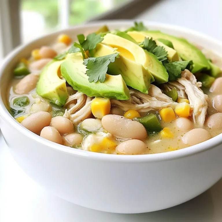 - 1 pound boneless, skinless chicken breasts - 1 can (15 oz) white beans (cannellini or great northern), drained and rinsed - 1 can (4 oz) diced green chilies - 1 onion, finely chopped - 3 cloves garlic, minced - 1 cup chicken broth (low sodium) - 1 teaspoon ground cumin - 1 teaspoon chili powder - 1 teaspoon paprika - ½ teaspoon salt - ½ teaspoon black pepper - 1 cup corn (fresh, frozen, or canned) - 1 cup heavy cream or coconut milk - Fresh cilantro - Sliced avocado - Tortilla chips Gather these ingredients before you start cooking. The chicken is the star, and the beans add creaminess. Diced green chilies bring a nice kick. Onions and garlic add depth to the flavor. Chicken broth keeps it moist and tasty. For seasonings, cumin, chili powder, and paprika are key. They give warmth and spice. Salt and black pepper enhance all the flavors. Corn adds sweetness and texture. Heavy cream or coconut milk makes it rich and smooth. For serving, fresh cilantro brightens the dish. Sliced avocado adds creaminess. Tortilla chips give a crunchy contrast. This chili is not just filling; it’s a feast for your taste buds! First, take one pound of boneless, skinless chicken breasts. Place them at the bottom of your slow cooker. Next, add one can of white beans, which you should drain and rinse. Then, include one can of diced green chilies, one finely chopped onion, and three minced garlic cloves. Now it’s time to season. Pour in one cup of low-sodium chicken broth. Sprinkle one teaspoon each of ground cumin, chili powder, and paprika over the top. Add half a teaspoon of salt and black pepper. This mix creates a rich base for your chili. Cover your slow cooker. You can cook on low for six to seven hours or on high for three to four hours. The key is to ensure the chicken cooks thoroughly and becomes tender. If you cook for too short a time, the chicken may not shred well. After cooking, carefully remove the chicken breasts. Use two forks to shred them into bite-sized pieces. Return the shredded chicken back into the slow cooker. Next, mix in one cup of corn and one cup of heavy cream or coconut milk. Stir well to blend all the flavors. Finally, drizzle in two tablespoons of lime juice. Give it another good mix and let it cook on low for an extra 30 minutes. This helps all the flavors meld together. When you serve, enjoy your chili warm. You can garnish it with fresh cilantro and avocado slices. Don't forget to add some tortilla chips on the side for crunch! You can easily customize your chili to fit your taste. - Adding Beans, Spices, or Vegetables: Feel free to add more beans. Black beans or pinto beans work well. You can also add bell peppers or zucchini for extra veggies. - Making It Healthier: Swap heavy cream for light cream or yogurt. This keeps it creamy but cuts calories. Pairing your chili with the right sides makes a great meal. - Pairing with Bread, Rice, or Salads: Serve it with crusty bread or over rice. A fresh salad is also a nice touch. - Creative Garnish Ideas: Top your chili with fresh cilantro and avocado slices. You can also add tortilla chips for crunch. Slow cooking brings out all the amazing flavors in your chili. - Ensuring Flavor Depth: Cook on low for 6-7 hours. This lets the spices blend well. - Importance of Seasoning Adjustments: Taste your chili before serving. Add extra salt or spices if needed. This makes sure it’s just right. {{image_2}} You can switch the chicken with turkey or pork. Both add great flavor. If you want a meat-free dish, consider using jackfruit or lentils. These options keep the dish hearty and satisfying. If you love heat, add jalapeños or cayenne pepper. Start small and taste as you go. For a milder version, skip the spicy peppers and use sweet bell peppers instead. Adjusting the spices helps you find your perfect flavor balance. For a dairy-free chili, use coconut milk instead of heavy cream. It gives a nice richness without dairy. You can also use cashew cream for a creamy texture. Both options keep the chili creamy and delicious while being vegan-friendly. After enjoying your chili, store any leftovers in an airtight container. Let the chili cool to room temperature first. This helps keep it fresh. Place it in the fridge. It will last for about 3-4 days. Make sure to label the container with the date. This way, you won’t forget when you made it. If you want to keep the chili longer, freezing is a great option. First, let the chili cool completely. Pour it into a freezer-safe container or bag. Remove as much air as possible to prevent freezer burn. You can store it in the freezer for up to 3 months. Remember to label it with the date and contents. This makes it easy to find later. To reheat your chili, you have a few options. The best way is to use the stovetop. Pour the chili into a pot and heat it over medium heat. Stir often until it’s hot. If you prefer the microwave, use a microwave-safe bowl. Heat it in short bursts, stirring in between. This helps heat it evenly. No matter how you reheat, taste it first. Adjust the seasoning if needed. Enjoy your warm, comforting bowl of chili! Slow Cooker White Chicken Chili takes about 6 to 7 hours on low heat. If you choose high heat, it takes about 3 to 4 hours. Cooking on low gives the flavors time to blend well. I like using low for the best taste and tender chicken. Yes, you can make this chili ahead of time. Prepping it in advance saves time on busy days. It tastes even better the next day as the flavors develop more. Just store it in the fridge after it cools down. When you’re ready to eat, warm it on the stove or in the microwave. You can serve this chili with many tasty sides. Here are some ideas: - Cornbread for a sweet bite - Rice for a filling option - Tortilla chips for crunch - A fresh salad for a light touch - Avocado slices on top for creaminess These sides add more flavor and texture to your meal. There are a few easy ways to thicken your chili. Here are some techniques: - Use more beans. Mash some and stir them in. - Add a cornstarch slurry. Mix cornstarch with water and add it to the chili. - Stir in more cream or coconut milk. This adds richness and thickness. These tips help you adjust the chili to your preferred consistency. You now have a simple path to making Slow Cooker White Chicken Chili. With key ingredients like chicken, beans, and spices, you can create a dish full of flavor. Cooking it slowly helps tenderize the chicken, while adding different options lets you personalize your meal. Don’t forget about storing leftovers and reheating tips! This chili is easy to make and perfect for sharing with family. Dive in, customize it, and enjoy every bite of this hearty dish.