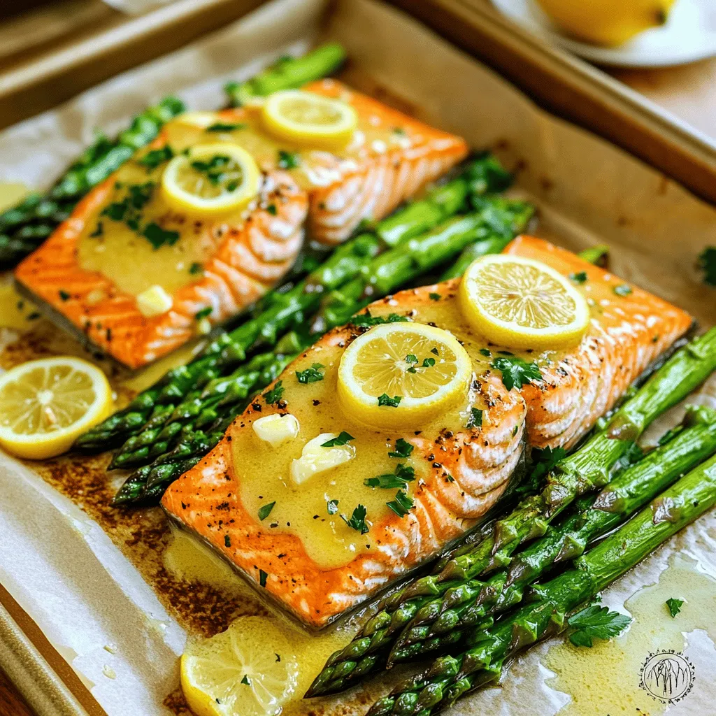 - 4 salmon fillets - 1 bunch asparagus, trimmed - 4 tablespoons unsalted butter, melted - 2 lemons (1 sliced thinly and 1 juiced) The main ingredients create the heart of this dish. Salmon fillets are rich and tender, giving a nice base for flavor. Fresh asparagus adds a crisp texture and bright color. Butter brings richness, while lemons add zest and brightness. - 3 cloves garlic, minced - 1 teaspoon dried oregano - 1 teaspoon paprika - Salt and pepper to taste Seasonings and aromatics elevate the dish. Garlic gives a warm aroma and depth. Dried oregano adds earthiness, while paprika brings a hint of smokiness. Salt and pepper enhance all the flavors. - Fresh parsley Fresh parsley adds a pop of color and freshness. It also enhances the dish's look when you serve it. A sprinkle right before serving makes your meal shine. To start, preheat your oven to 400°F (200°C). This step is crucial for even cooking. Next, take a large baking sheet and line it with parchment paper. This makes cleanup easy and helps prevent sticking. Now, let’s get the salmon and asparagus ready. Place the salmon fillets in the center of the baking sheet, skin-side down. Arrange the trimmed asparagus around the salmon. This setup allows flavors to mingle. In a small bowl, mix the melted butter, minced garlic, lemon juice, dried oregano, paprika, salt, and pepper. Stir until everything blends well. This butter sauce adds great flavor to both the salmon and asparagus. Drizzle the butter mixture generously over the salmon and asparagus. Top each salmon fillet with thin lemon slices for extra zing. Now, it’s time to bake. Transfer the tray to your preheated oven and bake for 15-20 minutes. Check for doneness by looking for flaky salmon. It should flake easily with a fork. The asparagus should be tender yet crisp. When it’s done, take the tray out and let it sit for a few minutes. Finally, garnish with fresh parsley before serving. Enjoy your flavorful meal! To check for flakiness, use a fork. Gently poke the salmon. If it flakes easily, it's done. The recommended internal temperature for salmon is 145°F (63°C). This ensures the fish is safe and moist. You can add herbs or spices to boost the taste. Fresh dill or thyme works well. If you want a spicy kick, try adding red pepper flakes. For side dishes, roasted potatoes or a fresh salad pairs nicely. They balance the rich flavors of the salmon. Using parchment paper makes cleanup quick. Just remove the paper and toss it away. For storing leftovers, place salmon and asparagus in an airtight container. They will stay fresh for up to three days in the fridge. {{image_2}} If you want to change things up, you can use chicken or tofu. Chicken breasts work well here. Simply cook them like the salmon. Tofu is a great plant-based option. Press it to remove extra moisture and cut it into thick slices. You can flavor it just like the salmon with the butter sauce. Both options add nice variety to your meal. You can also add seasonal vegetables to your tray. Bell peppers and zucchini are great choices. Slice them into bite-sized pieces. They roast well and add color to your dish. Toss them with the butter sauce too, for more flavor. You can mix and match with your favorite veggies. To change the flavor profile, try using different citrus fruits. Oranges and limes can add a fun twist. Squeeze their juice into the butter sauce. You can also use lime slices on the fish. This will brighten up the dish and make it exciting. Experimenting with flavors keeps things fresh and fun! After you enjoy your lemon butter salmon and asparagus, it’s smart to store leftovers properly. Let the dish cool down to room temperature. Then, place it in an airtight container. This keeps the salmon and asparagus fresh. Store it in the fridge. It will last for up to three days. You can also freeze leftovers if you want to save them longer. First, let the dish cool completely. Then, wrap it tightly in plastic wrap. After that, place it in a freezer-safe bag or container. This helps prevent freezer burn. When stored this way, it can last for up to three months. When you’re ready to enjoy your leftovers, reheating them the right way is key. The best method is to use an oven. Preheat it to 350°F (175°C). Place the salmon and asparagus on a baking sheet. Cover them loosely with foil. Heat for about 10-15 minutes or until warmed through. You can also use a microwave. Just heat in short bursts of 30 seconds. Check often to avoid overcooking. This keeps your salmon flaky and your asparagus crisp. Yes, you can use frozen salmon. Just thaw it first. Place the salmon in the fridge overnight. If you are short on time, put it in cold water for about an hour. This recipe works well with thawed salmon. The cooking time may change slightly, so watch for doneness. To check if the salmon is done, use a fork. Gently flake the fish in the thickest part. If it flakes easily, it is done. The inside should look opaque and not shiny. You can also use a meat thermometer. The safe temperature is 145°F (63°C). This dish pairs well with many sides. Here are some ideas: - Rice: Lemon or garlic rice adds a nice touch. - Potatoes: Try roasted or mashed potatoes for comfort. - Salad: A fresh green salad balances the meal. - Bread: Crusty bread or garlic bread works well too. For drinks, consider: - White wine: A crisp Sauvignon Blanc complements the dish. - Sparkling water: Add fresh lemon for a refreshing drink. This blog post covered how to make a tasty lemon butter salmon and asparagus tray. You learned about the main ingredients, including salmon, asparagus, and seasonings. I shared easy steps for preparation and cooking, along with tips for perfecting the dish. We explored fun variations and how to store leftovers safely. Cooking should be simple and fun. With these steps, you can impress family and friends. Enjoy your cooking journey and relish the flavors!