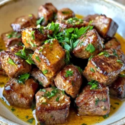 - 1 pound sirloin steak, cut into bite-sized cubes - 4 tablespoons unsalted butter - 4 cloves garlic, minced - 1 tablespoon fresh rosemary, chopped - 1 tablespoon fresh thyme, chopped - 1 tablespoon soy sauce for added umami - Fresh parsley, chopped for garnish - Salt and pepper to taste The main star of this dish is the sirloin steak. It cooks fast and gets tender. I always choose fresh, high-quality steak for the best flavor. The unsalted butter adds richness, while the minced garlic gives it a strong aroma. Fresh rosemary and thyme add depth. If you want to boost the flavor, add a touch of soy sauce. It gives a nice umami kick. Fresh parsley is optional but makes a pretty garnish. You can also add salt and pepper to suit your taste. These ingredients work together to create a dish that is both simple and delicious. First, you need to dry the steak cubes. Use paper towels to pat them dry. This helps the steak get a nice sear. Next, season the steak with salt and pepper. If you want a deeper flavor, drizzle soy sauce over the cubes. Toss them well to ensure even coating. Now, it's time to cook. In a large skillet, melt 2 tablespoons of butter over medium-high heat. Wait until the butter starts to foam. Add the steak cubes in a single layer. Be sure not to overcrowd the pan. Sear each side for about 2-3 minutes. You want them browned and cooked to your liking. For medium-rare, aim for 130°F to 135°F. Once done, remove the steak and set it aside. In the same skillet, lower the heat to medium. Add the remaining 2 tablespoons of butter. Once melted, stir in 4 cloves of minced garlic, 1 tablespoon of chopped rosemary, and 1 tablespoon of chopped thyme. Cook for 1-2 minutes until fragrant. Be careful not to burn the garlic. After that, toss the cooked steak bites back into the skillet. Mix everything well in the garlic butter sauce. Heat for an additional minute to let the flavors blend. For garlic butter steak bites, sirloin is a top choice. It’s tender and flavorful. You can also use ribeye for extra richness. Filet mignon works, too, but it can be pricey. Keep your cuts to about one-inch cubes. This size cooks well and stays juicy. Cooking times help you nail your steak's doneness. For medium-rare, aim for 2-3 minutes on each side. Check the internal temp; it should hit 130°F to 135°F. If you prefer medium, cook for about 3-4 minutes per side. Always let the steak rest for a few minutes after cooking. This lets the juices settle and keeps it moist. While garlic and herbs shine in this dish, you can add more spice. Try a pinch of chili flakes for heat. A splash of Worcestershire sauce boosts umami. Fresh lemon juice adds brightness. Don’t be afraid to mix flavors! Taste as you go, and adjust to your liking. {{image_2}} You can switch things up by using chicken or shrimp instead of steak. For chicken, use boneless thighs or breasts. Cut them into bite-sized pieces. Cook them the same way as steak bites. For shrimp, choose large shrimp. Clean and devein them. Cook for about 2-3 minutes until they turn pink. This keeps your meal fun and fresh! Want to add some heat? Consider adding chili flakes. A pinch can make a big difference. You can also try different herbs for new tastes. Basil or oregano can bring a nice twist. Experimenting with flavors can help you find your favorite! Pair your steak bites with sides like vegetables or rice. Roasted veggies add color and crunch. A fluffy rice dish can soak up the garlic butter. You could even serve them in a shallow bowl. This makes it easy to share and enjoy with friends or family. Don't forget toothpicks for a fun touch! To store leftover steak bites, let them cool first. Place them in an airtight container. They will stay fresh for about three days in the fridge. Make sure to label your container with the date. This helps you keep track of how long they’ve been stored. When you want to enjoy the steak bites again, reheating them properly is key. I recommend using a skillet. Heat a bit of butter or oil over medium heat. Add the steak bites and cook for about two minutes. This method keeps the flavor intact and the meat tender. You can also use a microwave, but it may dry out the steak. If you choose this method, cover the bites with a damp paper towel to keep moisture. Yes, you can freeze cooked steak bites! Let them cool completely before freezing. Place the bites in a freezer bag, pressing out as much air as possible. They can stay good for up to three months in the freezer. When you’re ready to eat, thaw them overnight in the fridge before reheating. This keeps the texture and taste just right. Garlic Butter Steak Bites stay fresh for up to three days in the fridge. Store them in an airtight container to keep them tasty. If you want to keep them longer, consider freezing them. Yes, you can prepare the steak bites ahead of time. Cook the steak and make the garlic butter sauce. Let both cool before you store them. When you’re ready, just reheat and combine them for a quick meal. These steak bites pair well with many sides. Here are some popular options: - Garlic mashed potatoes - Steamed broccoli - Creamy coleslaw - Fresh salad with vinaigrette - Rice or quinoa for a hearty meal Feel free to mix and match based on your taste! This blog post covered how to make delicious garlic butter steak bites. I shared key ingredients like sirloin, butter, and fresh herbs. You learned step-by-step instructions for cooking and making the sauce. There were tips to choose the right steak and enhance its flavor. I also gave ideas for variations and storage tips. Try this recipe and enjoy your tasty bites. They are easy to make and perfect for any meal. Cook them your way and share them with friends!