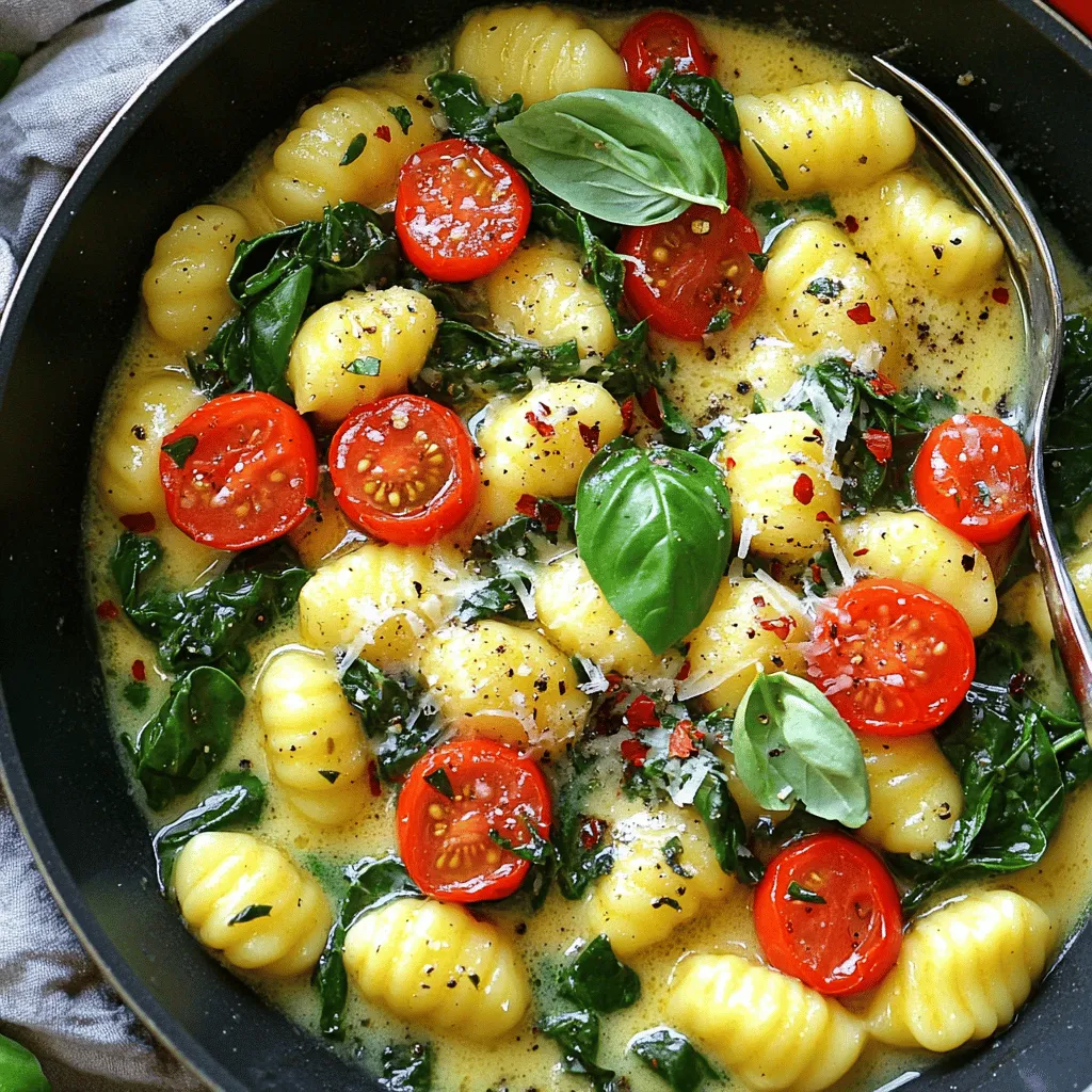 To make garlic butter gnocchi, gather these key ingredients: - 1 pound gnocchi (store-bought or homemade) - 4 tablespoons unsalted butter - 5 cloves garlic, minced - 1 cup cherry tomatoes, halved - 1 cup spinach leaves, fresh - 1 teaspoon dried oregano - 1/4 teaspoon red pepper flakes (optional) - Salt and pepper to taste - Fresh basil leaves, for garnish - Grated Parmesan cheese, for serving You will need a few basic tools to cook this dish: - A large pot for boiling water - A large skillet for sautéing - A slotted spoon for draining gnocchi - A cutting board and knife for chopping Feel free to customize the dish with these add-ins: - Grilled chicken or shrimp for protein - Extra vegetables like bell peppers or zucchini - Different herbs, such as thyme or parsley for flavor - A splash of lemon juice for brightness To cook the gnocchi, start with a large pot. Fill it with water and add salt. Bring the water to a boil. Once boiling, add the gnocchi. Cook them until they float. This usually takes about 2-3 minutes. Floating means they are ready! Drain them in a colander and set aside. In a large skillet, melt 4 tablespoons of unsalted butter over medium heat. Once the butter is melted, add 5 cloves of minced garlic. Sauté the garlic for about 1-2 minutes. You want it fragrant, but don’t let it burn. Keep an eye on it! Now, add 1 cup of halved cherry tomatoes to the skillet. Cook them for 3-4 minutes. They should start to soften and release their juices. Next, toss in 1 cup of fresh spinach leaves. Stir until the spinach wilts down. This will add nice color and flavor! Add the cooked gnocchi to the skillet. Sprinkle in 1 teaspoon of dried oregano. If you like some heat, add 1/4 teaspoon of red pepper flakes. Season with salt and pepper to taste. Gently toss everything together. Let the gnocchi soak up that delicious garlic butter for 2-3 minutes. Remove from heat and garnish with fresh basil. Serve with grated Parmesan cheese for a tasty finish! To cook gnocchi right, start with plenty of salted water. Bring it to a boil. Gnocchi will float when done, usually in 2-3 minutes. Don't overcook it. Overcooked gnocchi turns mushy and loses its charm. Drain it gently and avoid rinsing. This helps keep the gnocchi’s flavor. Add depth to your dish with fresh herbs. Basil gives a lovely aroma. You can also use parsley or thyme. If you like heat, sprinkle in some red pepper flakes. For a fresh twist, try lemon zest. This adds brightness to the buttery flavor. One mistake is cooking gnocchi too long. Always watch for when they float. Another error is not sautéing the garlic properly. Burned garlic tastes bitter. Keep it on medium heat and stir often. Lastly, don’t skip the cheese. Parmesan enhances the dish and adds richness. {{image_2}} You can add protein to your garlic butter gnocchi skillet for a heartier meal. Chicken or shrimp works well. For chicken, cook bite-sized pieces in the skillet after sautéing the garlic. For shrimp, add them when you add the tomatoes. Cook until they turn pink and firm. This extra step adds flavor and makes the dish more filling. You can easily make this dish vegan. Replace the butter with olive oil or vegan butter. Skip the Parmesan cheese or use a plant-based alternative. Make sure to check for dairy-free gnocchi if buying store-made. This way, you keep all the great taste while fitting your diet. Feel free to swap ingredients based on what you have. You can use kale or arugula instead of spinach. For cheese, try feta or nutritional yeast for a vegan option. You can also add different herbs like thyme or parsley to change up the flavor. These swaps keep the dish fresh and exciting every time you make it. To keep your garlic butter gnocchi fresh, store it in an airtight container. Let the dish cool down first. This helps keep the flavors intact. You can store it in the fridge for up to three days. When you are ready to eat, just take it out. Reheat gnocchi in a skillet over medium heat. Add a bit of butter or oil to help it warm evenly. Stir gently to avoid sticking. You can also use the microwave. Place it in a bowl, cover it, and heat for one minute. Check and stir, then heat for another minute if needed. To freeze garlic butter gnocchi, let it cool completely. Place it in a freezer-safe bag or container. Be sure to remove as much air as possible. It can last up to three months in the freezer. When ready to eat, thaw it overnight in the fridge and reheat as mentioned above. Gnocchi cooks fast! It usually takes about 2-3 minutes in boiling water. When they float, they are done. Just remember to drain them quickly. Yes, you can use homemade gnocchi! It adds a special touch to the dish. Just make sure to cook them the same way as store-bought gnocchi. Garlic butter gnocchi pairs well with many sides. You can serve it with a simple salad. A crusty bread also complements it nicely. You might even try it with grilled chicken. If you like heat, add more red pepper flakes. You can also use fresh chili peppers. Just chop them up and toss them in when you add the garlic. Garlic butter gnocchi has some good points. It has vegetables like spinach and tomatoes. The butter does add fat, but using less can help. It’s all about balance in your diet! This blog post covered all you need for a delicious garlic butter gnocchi dish. We went over ingredients, step-by-step cooking, and tips to avoid mistakes. You can add proteins or swap ingredients for a fun twist. Don’t forget proper storage and reheating methods to enjoy later. Experimenting makes cooking fun, so try new flavors and techniques. Enjoy creating your perfect plate, and share it with others who will enjoy it too!