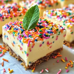 Here are the simple ingredients you need for No-Bake Funfetti Cheesecake Bars: - 1 ½ cups graham cracker crumbs - ½ cup unsalted butter, melted - ¼ cup granulated sugar - 16 oz cream cheese, softened - ¾ cup powdered sugar - 1 teaspoon vanilla extract - 1 cup heavy whipping cream - ¼ cup rainbow sprinkles (plus extra for topping) - Pinch of salt These ingredients come together to create a creamy and fun dessert. The graham cracker crumbs form a tasty crust that holds everything together. The cream cheese makes the filling smooth and rich. The heavy cream helps it set nicely while adding a light texture. Don't forget the sprinkles! They add color and fun to every bite. Using good quality ingredients enhances the flavor. Make sure your cream cheese is at room temperature. This helps it mix smoothly with the other ingredients. Feel free to explore different types of sprinkles or flavors. You can use chocolate sprinkles or even nuts for a twist! Each option adds a unique touch to your cheesecake bars. Enjoy the process of making this delightful treat. First, grab a medium bowl. In it, combine 1 ½ cups of graham cracker crumbs, ½ cup of melted unsalted butter, and ¼ cup of granulated sugar. Mix until it looks like wet sand. This helps each bite feel rich and sweet. Next, press this mixture firmly into a lined 9x9-inch baking pan. Use a measuring cup or your hands to pack it down tightly. This forms a solid base for your bars. Place the pan in the fridge while you prepare the filling. Now, take a large mixing bowl. Beat 16 oz of softened cream cheese with an electric mixer until it’s smooth and creamy. Gradually add in ¾ cup of powdered sugar and 1 teaspoon of vanilla extract. Mix until fully combined. In a separate bowl, whip 1 cup of heavy whipping cream until stiff peaks form. Gently fold this whipped cream into your cream cheese mixture. Keep folding until no streaks remain. This step gives your filling a light texture. It’s time to add some fun! Stir in ¼ cup of rainbow sprinkles, being careful not to break them too much. Then, pour this cream cheese mixture over your prepared crust. Use a spatula to spread it evenly. Make sure the top is smooth. For a festive touch, sprinkle extra rainbow sprinkles on top. Cover the pan with plastic wrap and refrigerate for at least 4 hours. This helps the bars set perfectly. When they are firm, lift the cheesecake out of the pan using the parchment paper and cut into bars. Enjoy your delightful treat! To make the best cheesecake bars, start with soft cream cheese. Softening it helps you mix it easily. Cold cream cheese can lead to lumps. So, let it sit out for a while before you begin. Be careful when whipping the cream. Whip it just until stiff peaks form. Overwhipping can make it too dense. You want a light and airy texture in your cheesecake. This keeps every bite creamy and delightful. When it's time to serve, pick a colorful platter. A bright plate makes your bars pop. Add extra sprinkles on top for fun. It makes them look festive and inviting. For a touch of elegance, garnish with mint leaves. The green adds a nice contrast to the colors. It also gives a fresh smell that pairs well with the sweet taste. Your guests will love the looks as much as the flavor! {{image_2}} You can change the flavor of your Funfetti cheesecake bars easily. One way is to swap vanilla extract for almond extract. This gives a nice twist to the taste. You can also add chocolate chips to the filling. They melt slightly and add a rich chocolate flavor. Another fun idea is to use fruit preserves. Swirls of raspberry or strawberry can brighten your bars. Each choice adds a new layer of flavor to enjoy. If you need a gluten-free option, use gluten-free graham crackers. They work just as well as regular ones. This simple swap keeps the crust just as tasty. For those who cannot have dairy, you can substitute cream cheese. Look for lactose-free cream cheese at the store. It blends well and keeps the texture creamy. These small changes let more people enjoy these delicious bars. Store your No-Bake Funfetti Cheesecake Bars in an airtight container. They will stay fresh in the fridge for up to 5 days. Keep them covered to avoid drying out. Just grab a bar whenever you crave a sweet treat! To freeze the cheesecake bars, cut them into individual portions first. Wrap each piece tightly in plastic wrap and then place them in a freezer-safe container. This helps to keep them fresh and tasty. When you want to enjoy them, remove a bar from the freezer and let it thaw in the fridge overnight. This method keeps the flavors intact and the texture just right. Yes, you can make these cheesecake bars a day in advance. This saves time and allows the flavors to blend well. Just store them in the fridge until you are ready to serve. You can tell the cheesecake is set when it feels firm to the touch. It should not jiggle when you shake the pan slightly. This means it is ready to slice and serve. If you need a substitute for heavy whipping cream, consider using coconut cream or mascarpone. Both options work well and offer a creamy texture. Yes, you can use gluten-free graham crackers to make a gluten-free crust. This way, everyone can enjoy these funfetti cheesecake bars without worry. This blog post shows how to make simple, fun cheesecake bars. We covered ingredients, steps, tips, and variations. You learned to perfect the crust and filling while exploring different flavors. Remember, soft cream cheese is key for smooth mixing. Feel free to get creative with flavors and toppings. Store leftovers safely, so they last longer. These bars are great for any occasion. Enjoy this sweet treat with friends and family!