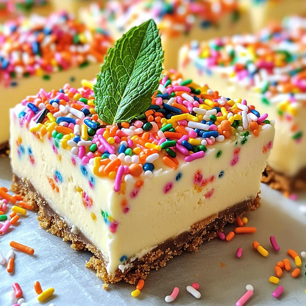 Here are the simple ingredients you need for No-Bake Funfetti Cheesecake Bars: - 1 ½ cups graham cracker crumbs - ½ cup unsalted butter, melted - ¼ cup granulated sugar - 16 oz cream cheese, softened - ¾ cup powdered sugar - 1 teaspoon vanilla extract - 1 cup heavy whipping cream - ¼ cup rainbow sprinkles (plus extra for topping) - Pinch of salt These ingredients come together to create a creamy and fun dessert. The graham cracker crumbs form a tasty crust that holds everything together. The cream cheese makes the filling smooth and rich. The heavy cream helps it set nicely while adding a light texture. Don't forget the sprinkles! They add color and fun to every bite. Using good quality ingredients enhances the flavor. Make sure your cream cheese is at room temperature. This helps it mix smoothly with the other ingredients. Feel free to explore different types of sprinkles or flavors. You can use chocolate sprinkles or even nuts for a twist! Each option adds a unique touch to your cheesecake bars. Enjoy the process of making this delightful treat. First, grab a medium bowl. In it, combine 1 ½ cups of graham cracker crumbs, ½ cup of melted unsalted butter, and ¼ cup of granulated sugar. Mix until it looks like wet sand. This helps each bite feel rich and sweet. Next, press this mixture firmly into a lined 9x9-inch baking pan. Use a measuring cup or your hands to pack it down tightly. This forms a solid base for your bars. Place the pan in the fridge while you prepare the filling. Now, take a large mixing bowl. Beat 16 oz of softened cream cheese with an electric mixer until it’s smooth and creamy. Gradually add in ¾ cup of powdered sugar and 1 teaspoon of vanilla extract. Mix until fully combined. In a separate bowl, whip 1 cup of heavy whipping cream until stiff peaks form. Gently fold this whipped cream into your cream cheese mixture. Keep folding until no streaks remain. This step gives your filling a light texture. It’s time to add some fun! Stir in ¼ cup of rainbow sprinkles, being careful not to break them too much. Then, pour this cream cheese mixture over your prepared crust. Use a spatula to spread it evenly. Make sure the top is smooth. For a festive touch, sprinkle extra rainbow sprinkles on top. Cover the pan with plastic wrap and refrigerate for at least 4 hours. This helps the bars set perfectly. When they are firm, lift the cheesecake out of the pan using the parchment paper and cut into bars. Enjoy your delightful treat! To make the best cheesecake bars, start with soft cream cheese. Softening it helps you mix it easily. Cold cream cheese can lead to lumps. So, let it sit out for a while before you begin. Be careful when whipping the cream. Whip it just until stiff peaks form. Overwhipping can make it too dense. You want a light and airy texture in your cheesecake. This keeps every bite creamy and delightful. When it's time to serve, pick a colorful platter. A bright plate makes your bars pop. Add extra sprinkles on top for fun. It makes them look festive and inviting. For a touch of elegance, garnish with mint leaves. The green adds a nice contrast to the colors. It also gives a fresh smell that pairs well with the sweet taste. Your guests will love the looks as much as the flavor! {{image_2}} You can change the flavor of your Funfetti cheesecake bars easily. One way is to swap vanilla extract for almond extract. This gives a nice twist to the taste. You can also add chocolate chips to the filling. They melt slightly and add a rich chocolate flavor. Another fun idea is to use fruit preserves. Swirls of raspberry or strawberry can brighten your bars. Each choice adds a new layer of flavor to enjoy. If you need a gluten-free option, use gluten-free graham crackers. They work just as well as regular ones. This simple swap keeps the crust just as tasty. For those who cannot have dairy, you can substitute cream cheese. Look for lactose-free cream cheese at the store. It blends well and keeps the texture creamy. These small changes let more people enjoy these delicious bars. Store your No-Bake Funfetti Cheesecake Bars in an airtight container. They will stay fresh in the fridge for up to 5 days. Keep them covered to avoid drying out. Just grab a bar whenever you crave a sweet treat! To freeze the cheesecake bars, cut them into individual portions first. Wrap each piece tightly in plastic wrap and then place them in a freezer-safe container. This helps to keep them fresh and tasty. When you want to enjoy them, remove a bar from the freezer and let it thaw in the fridge overnight. This method keeps the flavors intact and the texture just right. Yes, you can make these cheesecake bars a day in advance. This saves time and allows the flavors to blend well. Just store them in the fridge until you are ready to serve. You can tell the cheesecake is set when it feels firm to the touch. It should not jiggle when you shake the pan slightly. This means it is ready to slice and serve. If you need a substitute for heavy whipping cream, consider using coconut cream or mascarpone. Both options work well and offer a creamy texture. Yes, you can use gluten-free graham crackers to make a gluten-free crust. This way, everyone can enjoy these funfetti cheesecake bars without worry. This blog post shows how to make simple, fun cheesecake bars. We covered ingredients, steps, tips, and variations. You learned to perfect the crust and filling while exploring different flavors. Remember, soft cream cheese is key for smooth mixing. Feel free to get creative with flavors and toppings. Store leftovers safely, so they last longer. These bars are great for any occasion. Enjoy this sweet treat with friends and family!