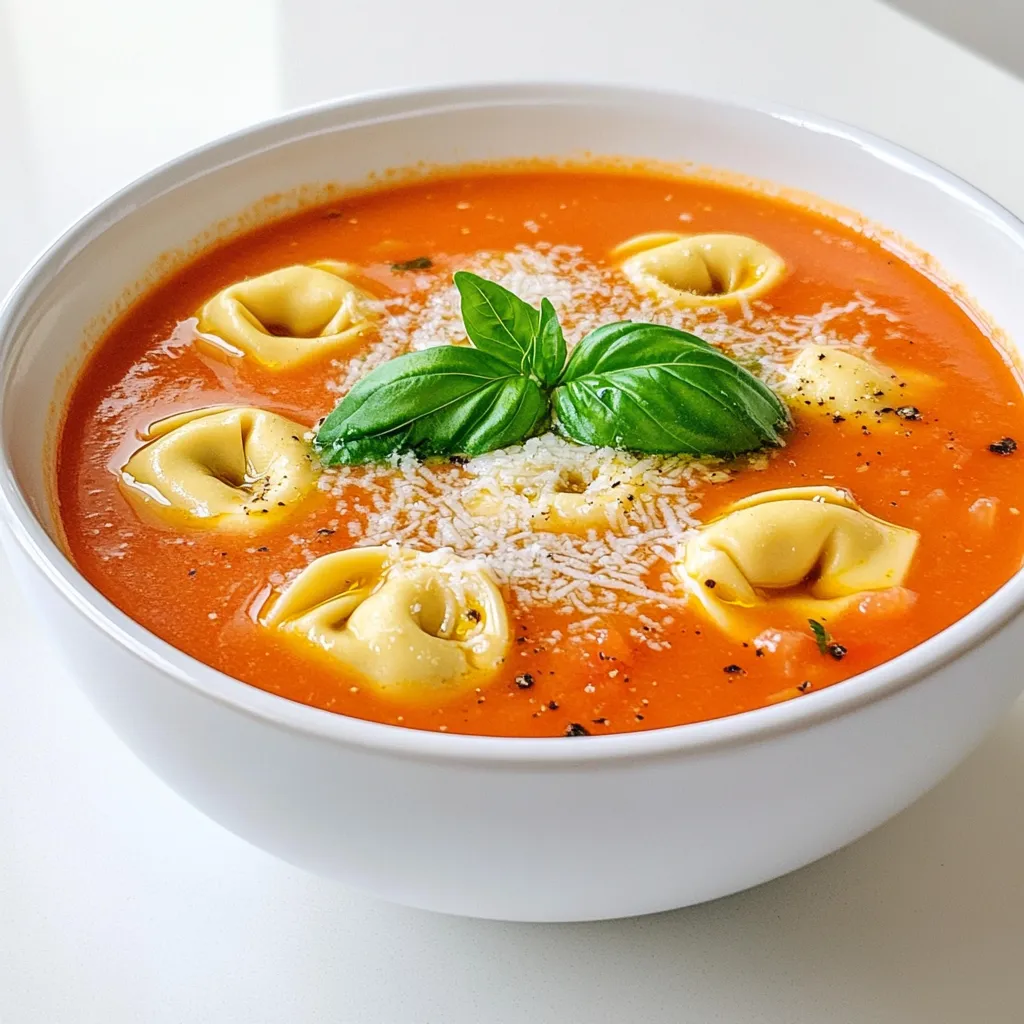 To make this creamy tomato basil tortellini soup, gather these key ingredients: - 1 tablespoon olive oil - 1 medium onion, diced - 2 cloves garlic, minced - 1 can (28 ounces) crushed tomatoes - 4 cups vegetable broth - 1 cup heavy cream - 1 package (9 ounces) cheese tortellini - 1 cup fresh basil leaves, chopped - 1 teaspoon dried oregano - Salt and pepper to taste - Grated Parmesan cheese for serving These components create a rich and satisfying soup. The olive oil starts the flavor. Onion and garlic add depth. Crushed tomatoes and broth form the base. Heavy cream brings creaminess that you will love. Tortellini adds heartiness. Fresh basil and oregano enhance the taste. You can make the soup even better with these garnishes: - Additional fresh basil leaves - Extra grated Parmesan cheese - Crusty bread on the side These toppings add flavor and texture. They also make the soup look nice. This soup serves four people. Each serving has about: - Calories: 400 - Protein: 12g - Carbs: 50g - Fat: 18g - Fiber: 3g This soup is filling and offers good nutrition. Use this info to help plan your meals. First, gather all your ingredients. This keeps the cooking smooth and fun. You will need: - 1 tablespoon olive oil - 1 medium onion, diced - 2 cloves garlic, minced - 1 can (28 ounces) crushed tomatoes - 4 cups vegetable broth - 1 cup heavy cream - 1 package (9 ounces) cheese tortellini - 1 cup fresh basil leaves, chopped - 1 teaspoon dried oregano - Salt and pepper to taste - Grated Parmesan cheese for serving Make sure to chop the onion and garlic before you start cooking. This saves time and helps you stay organized. Heat a large pot over medium heat and add the olive oil. Once the oil is hot, add the diced onion. Cook it for about 5 minutes until it becomes soft. Next, mix in the minced garlic and let it cook for another minute. You want it to smell great but don’t let it burn. Now, pour in the crushed tomatoes and vegetable broth. Stir it well and bring the mixture to a simmer. Add the cheese tortellini, dried oregano, salt, and pepper. Cook the tortellini according to the package instructions, which is usually around 3-5 minutes. Once the tortellini is done, lower the heat. Stir in the heavy cream until the soup is creamy and well mixed. Fold in the chopped basil. Let it simmer for another minute. This allows all the flavors to blend together. Taste your soup and adjust the salt and pepper if needed. Serve it hot in deep bowls. Top it off with grated Parmesan cheese and a bit of fresh basil for a lovely look. Pair it with crusty bread for a perfect meal! To boost the flavor of your soup, start with good ingredients. Use fresh herbs like basil. They add brightness. You can also sauté onions until golden. This brings out their sweetness. Adding a dash of balsamic vinegar can deepen the taste. Try adding a pinch of red pepper flakes for heat. It adds a nice kick without being too spicy. Lastly, top the soup with freshly grated Parmesan. It melts nicely and enhances the soup's richness. For a rich and creamy texture, I always recommend using heavy cream. It gives the soup a luxurious mouthfeel. If you want a lighter version, use half-and-half. You can also blend some of the soup with an immersion blender. This creates a smooth base while keeping some tortellini whole. If you prefer a dairy-free option, try coconut cream. It adds a unique flavor and keeps the soup creamy. To save time, prep your ingredients before cooking. Chop the onion and garlic ahead of time. Keep them in the fridge until you're ready to cook. Use store-bought tortellini for quick cooking. They only take a few minutes to prepare. You can also make the soup in larger batches. Store leftovers in the fridge for quick meals later. This way, you can enjoy creamy tomato basil tortellini soup without the wait! {{image_2}} To make this soup vegetarian, use vegetable broth and skip the cheese tortellini. Choose a vegan tortellini option made from plant-based ingredients. For a vegan twist on creaminess, swap heavy cream for coconut cream or cashew cream. Both will add a rich taste without the dairy. If you want more protein, add cooked chicken, shrimp, or sausage. Cook these proteins in the pot before adding the broth and tomatoes. This adds flavor and makes the meal more filling. For a plant-based option, try adding beans or lentils. They are great sources of protein and add nice texture. Change the soup with seasonal ingredients for variety. In spring, toss in fresh peas or asparagus. These add vibrant colors and flavors. In fall, add pumpkin or butternut squash for a creamy touch. You can also mix in leafy greens like spinach or kale for added nutrition. After enjoying your creamy tomato basil tortellini soup, let it cool down. Use airtight containers. This keeps the soup fresh and tasty. Store it in the fridge if you plan to eat it in a few days. The soup will stay good for about three to four days. For best results, avoid adding cheese on top until you're ready to serve. Reheating the soup is simple. Pour the soup into a pot over medium heat. Stir gently and heat until it warms up. You can also use the microwave. Place the soup in a microwave-safe bowl. Heat it in short bursts, stirring in between. This helps it heat evenly. If the soup seems too thick, add a splash of vegetable broth or cream. Want to save some for later? Freezing is a great option. First, let the soup cool completely. Then, pour it into freezer-safe containers. Leave some space at the top for expansion. Label the containers with the date. The soup can last for up to three months in the freezer. When you're ready to eat, thaw it in the fridge overnight before reheating. This keeps the flavors just right! Yes, you can use fresh tortellini. Fresh tortellini cooks faster than frozen. Reduce your cooking time to about 2-3 minutes. Check the package for specific times. Fresh tortellini adds a nice texture to the soup. To make this soup gluten-free, choose gluten-free tortellini. Many brands offer gluten-free options made from rice or corn. Check the labels to ensure they fit your needs. Use gluten-free vegetable broth too. You can use coconut cream or cashew cream as substitutes. They both add creaminess without dairy. For a lighter option, use almond milk mixed with a little cornstarch. This will help thicken the soup while keeping it creamy. This soup lasts about 3-4 days in the fridge. Store it in an airtight container to keep it fresh. Reheat it on the stove or in the microwave. Just make sure to stir well before serving. This creamy tomato basil tortellini soup is easy and full of flavor. You learned about key ingredients, cooking steps, and useful tips. We explored variations to fit your diet and ways to store leftovers. You can make this dish with fresh ingredients or adapt it for your needs. Enjoy your warm, comforting bowl of soup anytime! It can become a meal you'll love for years to come.