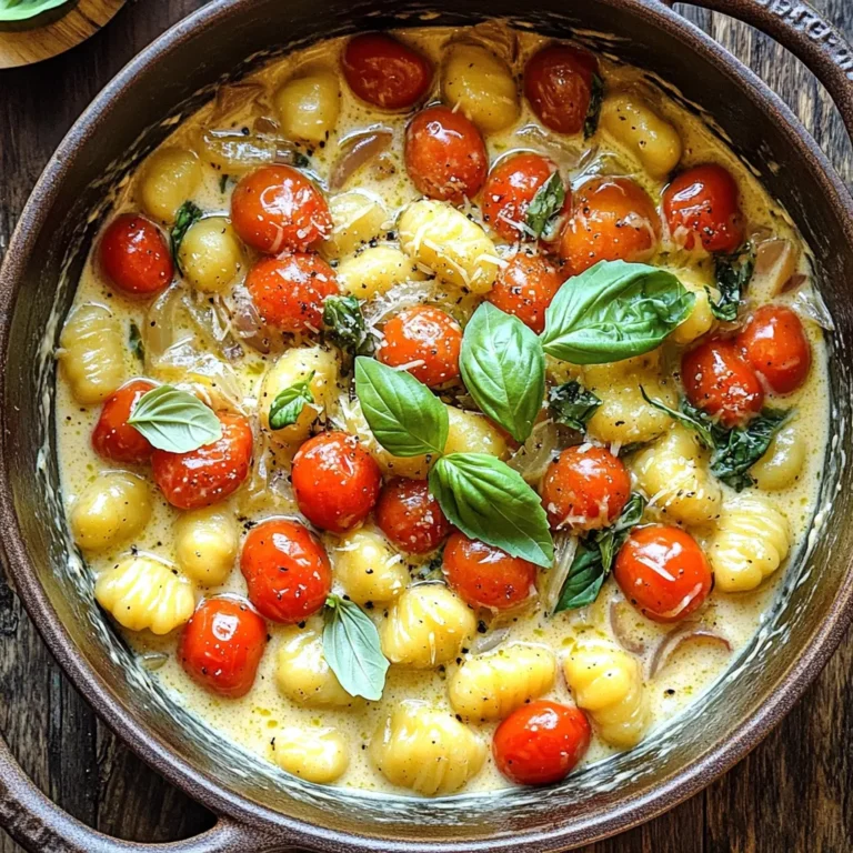 - 1 package (16 oz) potato gnocchi - 2 cups cherry tomatoes, halved - 1 cup heavy cream - 1 cup vegetable broth - 1 garlic clove, minced - 1 small onion, diced To make One-Pot Creamy Tomato Basil Gnocchi, you start with potato gnocchi. These soft dumplings are quick and easy to cook. Next, you need fresh cherry tomatoes. Halving them lets their sweet juices flow into the sauce. Heavy cream adds richness and makes the dish creamy. Vegetable broth gives it depth and flavor. Garlic and onion create a lovely base that brings the dish to life. - 1 teaspoon Italian seasoning - Salt and pepper to taste - 1 cup fresh basil leaves, chopped - Grated Parmesan cheese for topping (optional) Great seasoning makes a big difference. Italian seasoning adds herbs like oregano and thyme. Salt and pepper balance the flavors. Fresh basil leaves give a bright, fresh taste to the dish. You can add grated Parmesan cheese on top for extra creaminess and flavor if you like. This mix of ingredients makes your meal taste fantastic. Each bite is a burst of flavor and comfort. Enjoy the process of gathering and preparing these fresh items! - Heating olive oil Start by taking a large pot or deep skillet. Place it on the stove over medium heat. Add 2 tablespoons of olive oil. Let it warm up until it shimmers. - Sautéing onion and garlic Next, add 1 small diced onion and 1 minced garlic clove to the pot. Stir them around for about 3 to 4 minutes. You want the onion to turn translucent and smell nice. This step builds a great flavor base for your dish. - Adding tomatoes Once the onion and garlic are ready, add 2 cups of halved cherry tomatoes to the pot. Cook them for about 5 minutes. They will soften and release their juices, adding sweetness. - Combining broth and cream Now it’s time to mix in 1 cup of vegetable broth and 1 cup of heavy cream. Add 1 teaspoon of Italian seasoning, along with salt and pepper to taste. Bring this mixture to a gentle simmer. This is where the magic happens, turning simple ingredients into a creamy sauce. - Cooking gnocchi Finally, it’s time to add the star of the show: 1 package (16 oz) of potato gnocchi. Stir well to combine everything. Cook for about 3 to 5 minutes. The gnocchi will float to the top when they are done. This is a good sign! - Stirring in basil After cooking, take the pot off the heat. Stir in 1 cup of chopped fresh basil leaves. They will add a fresh and vibrant flavor to the dish. - Adjusting seasoning Taste your dish and adjust the seasoning if needed. You might want to add a pinch more salt or pepper for balance. - Serving suggestions Serve the dish right away. You can top it with grated Parmesan cheese if you like. This adds a nice salty touch and makes it even more delicious. Enjoy your One-Pot Creamy Tomato Basil Gnocchi! To make a creamy sauce, use heavy cream. It gives a rich texture. Stir it in slowly for the best results. Balance the flavors with salt and pepper. Taste as you go. Add more Italian seasoning if you want extra flavor. Fresh basil adds a nice touch too. How do you know when gnocchi is done? Watch for them to float to the top of the pot. This means they are ready. It usually takes about 3-5 minutes. For the best texture, don't overcook them. Stir gently to avoid breaking them. This keeps your gnocchi intact and soft. For toppings, try grated Parmesan cheese. It adds a nice salty flavor. Chopped fresh basil makes it look pretty too. You can customize flavors easily. Add cooked chicken or shrimp for protein. A dash of red pepper flakes can spice things up, too. {{image_2}} You can easily switch up some ingredients in this dish. For a colorful twist, try using different vegetables. Spinach or zucchini make great choices. Both add nutrients and flavor. You can also replace heavy cream with coconut milk. This change makes the dish lighter and adds a subtle sweetness. To boost the taste, consider adding proteins like chicken or shrimp. These options make the meal more filling. If you like spice, sprinkle in some red pepper flakes. This adds warmth and enhances the overall flavor. If you're looking for gluten-free options, use gluten-free gnocchi. Many brands offer this option now. For a vegan alternative, swap heavy cream with cashew cream or silken tofu. Both options keep the dish creamy without dairy. To keep your creamy tomato basil gnocchi fresh, place it in an airtight container. Make sure the container is clean and dry. This dish stays good in the fridge for about 3 to 4 days. If you want to enjoy it later, don't wait too long! When reheating, the best method is on the stove. Pour the gnocchi into a pot and add a splash of vegetable broth or cream. Heat it over low heat. Stir gently to avoid burning. This keeps the dish creamy and tasty. To avoid sogginess, don’t use the microwave. The texture may change and become mushy. To freeze your gnocchi, let it cool completely first. Then, spoon it into freezer-safe bags. Remove as much air as you can before sealing. Label the bags with the date. This dish can stay in the freezer for about 2 to 3 months. When you're ready to eat, thaw it in the fridge overnight. Reheat it on the stove with a little broth or cream for the best results. Gnocchi are small dumplings made from potatoes and flour. They have a soft, pillowy texture. Gnocchi often serve as a base for sauces, just like pasta. You can find them in many dishes around the world. They are easy to cook and pair well with various flavors. Yes, you can use store-bought gnocchi. It saves time and is very convenient. Many brands offer fresh or frozen options. Just follow the cooking instructions on the package. This choice makes the dish quick and easy to prepare. To make this dish dairy-free, swap heavy cream for coconut milk or a dairy-free cream. You can use vegetable broth to keep the flavor rich. For a cheesy taste, add nutritional yeast. This way, you still enjoy creamy gnocchi without dairy. You can prepare the dish ahead of time, but it is best served fresh. If you make it early, store it in the fridge. Reheat it on the stove with a splash of broth. This prevents the gnocchi from becoming too soft. This dish pairs well with a simple green salad. Fresh bread or garlic bread also complements it nicely. You can add roasted vegetables for extra flavor. Consider a light wine to enhance your meal. This blog post shared how to make creamy tomato basil gnocchi. You learned about the main ingredients, seasoning, and cooking steps. I also offered tips for perfecting the sauce and storing leftovers. Keep experimenting with flavors and variations to make this dish your own. Remember, cooking should be fun and creative! Enjoy your delicious meal and share it with others. Your kitchen adventures can inspire friends and family.
