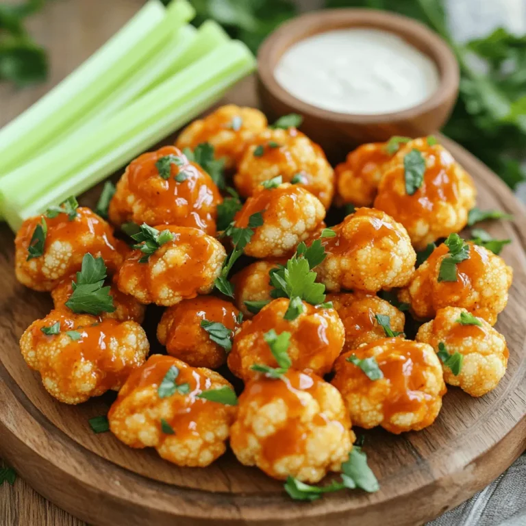 To make Air Fryer Buffalo Cauliflower Bites, gather these simple items: - Cauliflower florets - 1 cup all-purpose or gluten-free flour - 1 teaspoon garlic powder - 1 teaspoon onion powder - 1 teaspoon smoked paprika - 1/2 teaspoon salt - 1/4 teaspoon black pepper - 1 cup unsweetened almond milk or other non-dairy milk - 1 cup buffalo sauce (mix with a little melted vegan butter if you like) - Fresh parsley, chopped for garnish These ingredients create a tasty snack. The cauliflower is the star. It has a crunchy bite. The flour and spices give it flavor. The buffalo sauce adds a spicy kick. You can adjust the heat by changing the buffalo sauce. Using fresh parsley brightens the dish. Enjoy experimenting with these ingredients! Setting Preheat Temperature First, preheat your air fryer to 375°F (190°C). This step helps ensure even cooking and crispiness. Let it warm up for about 5 minutes. Preparing Cooking Accessories Use a non-stick spray or brush oil on the air fryer basket. This helps prevent sticking and makes cleaning easier later. Combining Dry Ingredients In a mixing bowl, add 1 cup of flour, 1 teaspoon of garlic powder, 1 teaspoon of onion powder, 1 teaspoon of smoked paprika, 1/2 teaspoon of salt, and 1/4 teaspoon of black pepper. Whisk these dry ingredients until they blend well. Mixing in Wet Ingredients Next, slowly pour in 1 cup of almond milk while stirring. Mix until the batter is smooth and free of lumps. This batter will coat the cauliflower bites. Dipping and Coating Process Take each cauliflower floret and dip it into the batter. Make sure each piece is well coated, but let any extra batter drip off. This helps them stay crispy. Air Fryer Cooking Duration and Technique Place the battered florets in the air fryer basket in a single layer. Avoid overcrowding for even cooking. Cook them for 10-12 minutes, shaking the basket halfway through. Adding Buffalo Sauce and Finishing Cook After they turn golden brown, move the cauliflower bites to a bowl. Drizzle 1 cup of buffalo sauce over them, tossing gently to coat. Return them to the air fryer for another 3-5 minutes to set the sauce. Enjoy your tasty snack! To get crispy cauliflower bites, follow these tips: - Proper Batter Coating: Make sure to dip each cauliflower floret well in the batter. This helps create a crunchy layer. Let the excess batter drip off so it isn’t too thick. Too much batter can make them soggy. - Avoiding Overcrowding in Air Fryer: Place the battered florets in one layer in the air fryer. Overcrowding traps steam and prevents crispiness. Cook in batches if needed. This ensures even cooking and a great crunch. You can adjust the flavor to fit your taste: - Adjusting Spice Levels: If you love heat, add more buffalo sauce. For a milder flavor, reduce the amount of sauce. You can also choose a different hot sauce that suits your spice preference. - Customizing Flavor Profiles: Change up the seasonings based on your mood. Try adding a pinch of cayenne for more heat or a sprinkle of parmesan cheese for a cheesy touch. You can mix in herbs like thyme or oregano for extra flavor. {{image_2}} Using Different Hot Sauces You can change the flavor of your buffalo cauliflower bites by using different hot sauces. Try a smoky chipotle sauce for a deeper flavor. You can also use a sweet chili sauce if you want a hint of sweetness. Mix things up to find your favorite! Making It Vegan-Friendly To keep it vegan, choose a hot sauce that does not have animal products. Many brands offer vegan options. You can also make your own buffalo sauce by mixing hot sauce with melted vegan butter or olive oil for a rich taste without dairy. Gluten-Free Options If you need a gluten-free snack, use gluten-free flour instead of all-purpose flour. It works just as well in the batter. You can find many good brands at the store. This small change keeps your bites tasty while meeting dietary needs. Dairy-Free Milk Alternatives For a dairy-free option, use almond milk or any non-dairy milk. Soy milk or oat milk also works great. Just make sure it is unsweetened. This keeps your cauliflower bites flavorful without any dairy. To keep your Air Fryer Buffalo Cauliflower Bites fresh, use airtight containers. Glass or plastic containers work well. Make sure they are sealed tightly to lock in flavor. Store the bites in the fridge if you plan to eat them within a few days. They taste best when eaten fresh but can last up to three days in the fridge. To enjoy your bites again, the air fryer is the best choice for reheating. Set the air fryer to 375°F (190°C) and cook the bites for about 5 minutes. This keeps them crispy. If you use a microwave, place the bites on a microwave-safe plate. Heat them for about 30 seconds. This method may make them a bit soft, so the air fryer is the better option. Yes, you can prep these bites ahead. Cut the cauliflower and make the batter. Store them in the fridge for up to a day. When ready, just coat the florets and air fry them. This saves time and helps you enjoy fresh bites in a snap. To keep your bites crispy, do not overcrowd the air fryer. This allows hot air to circulate. After frying, serve them right away. If you have leftovers, reheating in the air fryer for a few minutes helps restore their crispness. You can serve these bites with many tasty options. Here are a few ideas: - Celery sticks - Carrot sticks - Ranch dressing - Blue cheese dressing - Hummus or guacamole for a twist These pairings make your snack even more fun and delicious! You learned how to make tasty Air Fryer Buffalo Cauliflower Bites. We covered all the key steps, from prepping the air fryer to mixing the batter. I shared tips for getting that perfect crunch and advice for storing leftovers. Remember, you can customize the spices and sauces to match your taste. Enjoy experimenting with flavors! These bites are not just fun to eat; they can fit into many diets. Making them can lead to a new favorite snack in your home. Get cooking and enjoy your tasty creation!