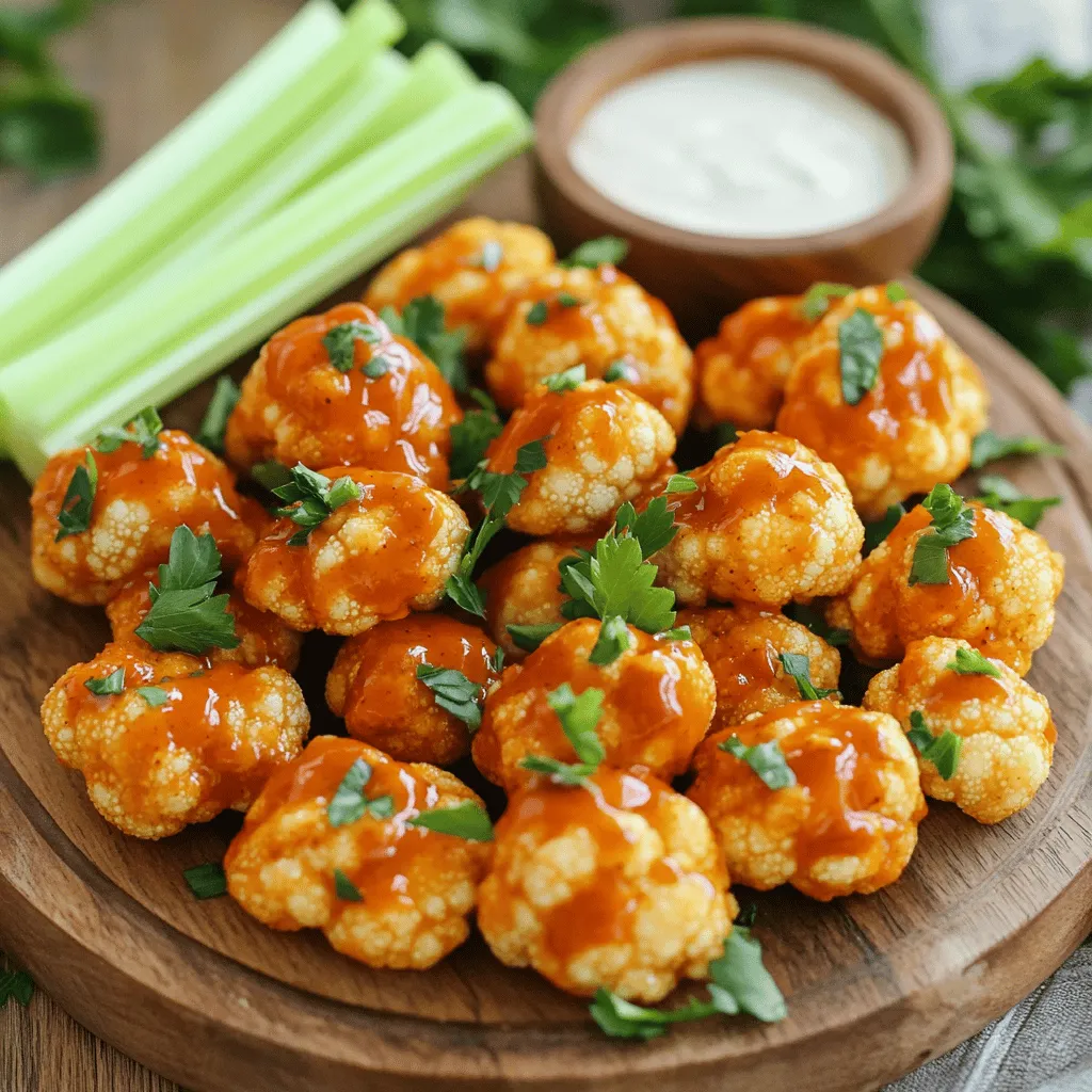 To make Air Fryer Buffalo Cauliflower Bites, gather these simple items: - Cauliflower florets - 1 cup all-purpose or gluten-free flour - 1 teaspoon garlic powder - 1 teaspoon onion powder - 1 teaspoon smoked paprika - 1/2 teaspoon salt - 1/4 teaspoon black pepper - 1 cup unsweetened almond milk or other non-dairy milk - 1 cup buffalo sauce (mix with a little melted vegan butter if you like) - Fresh parsley, chopped for garnish These ingredients create a tasty snack. The cauliflower is the star. It has a crunchy bite. The flour and spices give it flavor. The buffalo sauce adds a spicy kick. You can adjust the heat by changing the buffalo sauce. Using fresh parsley brightens the dish. Enjoy experimenting with these ingredients! Setting Preheat Temperature First, preheat your air fryer to 375°F (190°C). This step helps ensure even cooking and crispiness. Let it warm up for about 5 minutes. Preparing Cooking Accessories Use a non-stick spray or brush oil on the air fryer basket. This helps prevent sticking and makes cleaning easier later. Combining Dry Ingredients In a mixing bowl, add 1 cup of flour, 1 teaspoon of garlic powder, 1 teaspoon of onion powder, 1 teaspoon of smoked paprika, 1/2 teaspoon of salt, and 1/4 teaspoon of black pepper. Whisk these dry ingredients until they blend well. Mixing in Wet Ingredients Next, slowly pour in 1 cup of almond milk while stirring. Mix until the batter is smooth and free of lumps. This batter will coat the cauliflower bites. Dipping and Coating Process Take each cauliflower floret and dip it into the batter. Make sure each piece is well coated, but let any extra batter drip off. This helps them stay crispy. Air Fryer Cooking Duration and Technique Place the battered florets in the air fryer basket in a single layer. Avoid overcrowding for even cooking. Cook them for 10-12 minutes, shaking the basket halfway through. Adding Buffalo Sauce and Finishing Cook After they turn golden brown, move the cauliflower bites to a bowl. Drizzle 1 cup of buffalo sauce over them, tossing gently to coat. Return them to the air fryer for another 3-5 minutes to set the sauce. Enjoy your tasty snack! To get crispy cauliflower bites, follow these tips: - Proper Batter Coating: Make sure to dip each cauliflower floret well in the batter. This helps create a crunchy layer. Let the excess batter drip off so it isn’t too thick. Too much batter can make them soggy. - Avoiding Overcrowding in Air Fryer: Place the battered florets in one layer in the air fryer. Overcrowding traps steam and prevents crispiness. Cook in batches if needed. This ensures even cooking and a great crunch. You can adjust the flavor to fit your taste: - Adjusting Spice Levels: If you love heat, add more buffalo sauce. For a milder flavor, reduce the amount of sauce. You can also choose a different hot sauce that suits your spice preference. - Customizing Flavor Profiles: Change up the seasonings based on your mood. Try adding a pinch of cayenne for more heat or a sprinkle of parmesan cheese for a cheesy touch. You can mix in herbs like thyme or oregano for extra flavor. {{image_2}} Using Different Hot Sauces You can change the flavor of your buffalo cauliflower bites by using different hot sauces. Try a smoky chipotle sauce for a deeper flavor. You can also use a sweet chili sauce if you want a hint of sweetness. Mix things up to find your favorite! Making It Vegan-Friendly To keep it vegan, choose a hot sauce that does not have animal products. Many brands offer vegan options. You can also make your own buffalo sauce by mixing hot sauce with melted vegan butter or olive oil for a rich taste without dairy. Gluten-Free Options If you need a gluten-free snack, use gluten-free flour instead of all-purpose flour. It works just as well in the batter. You can find many good brands at the store. This small change keeps your bites tasty while meeting dietary needs. Dairy-Free Milk Alternatives For a dairy-free option, use almond milk or any non-dairy milk. Soy milk or oat milk also works great. Just make sure it is unsweetened. This keeps your cauliflower bites flavorful without any dairy. To keep your Air Fryer Buffalo Cauliflower Bites fresh, use airtight containers. Glass or plastic containers work well. Make sure they are sealed tightly to lock in flavor. Store the bites in the fridge if you plan to eat them within a few days. They taste best when eaten fresh but can last up to three days in the fridge. To enjoy your bites again, the air fryer is the best choice for reheating. Set the air fryer to 375°F (190°C) and cook the bites for about 5 minutes. This keeps them crispy. If you use a microwave, place the bites on a microwave-safe plate. Heat them for about 30 seconds. This method may make them a bit soft, so the air fryer is the better option. Yes, you can prep these bites ahead. Cut the cauliflower and make the batter. Store them in the fridge for up to a day. When ready, just coat the florets and air fry them. This saves time and helps you enjoy fresh bites in a snap. To keep your bites crispy, do not overcrowd the air fryer. This allows hot air to circulate. After frying, serve them right away. If you have leftovers, reheating in the air fryer for a few minutes helps restore their crispness. You can serve these bites with many tasty options. Here are a few ideas: - Celery sticks - Carrot sticks - Ranch dressing - Blue cheese dressing - Hummus or guacamole for a twist These pairings make your snack even more fun and delicious! You learned how to make tasty Air Fryer Buffalo Cauliflower Bites. We covered all the key steps, from prepping the air fryer to mixing the batter. I shared tips for getting that perfect crunch and advice for storing leftovers. Remember, you can customize the spices and sauces to match your taste. Enjoy experimenting with flavors! These bites are not just fun to eat; they can fit into many diets. Making them can lead to a new favorite snack in your home. Get cooking and enjoy your tasty creation!