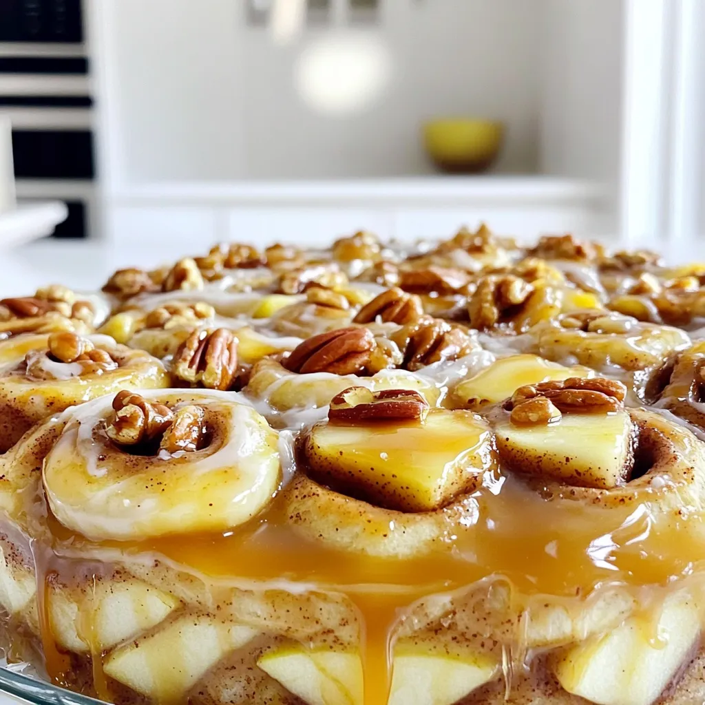 To create the best Caramel Apple Cinnamon Roll Bake, gather these simple ingredients. Each one adds to the sweet magic of this dish. - 2 cans of refrigerated cinnamon rolls with icing - 2 large apples, peeled, cored, and diced (preferably Granny Smith) - 1/2 cup brown sugar - 1 teaspoon ground cinnamon - 1/4 teaspoon nutmeg - 1/4 cup chopped pecans (optional) - 1/2 cup caramel sauce (store-bought or homemade) - 1 tablespoon butter, melted - A pinch of salt - Whipped cream (for serving, optional) These ingredients come together to create a warm, gooey treat. The cinnamon rolls give a soft base, while the apples add a fresh crunch. The spices, especially cinnamon and nutmeg, bring warmth and flavor. The caramel sauce creates a sweet drizzle that ties all the flavors together. You can also add pecans for a nutty touch. If you want to make it even more special, top it with whipped cream! This list means you can whip up this delightful dish in no time. Grab your ingredients, and let’s get cooking! Start by preheating your oven to 375°F (190°C). This step is vital for even baking. Next, take a 9x13-inch baking dish and grease it well. You can use non-stick cooking spray or a bit of butter. Greasing the dish helps keep the bake from sticking. In a large mixing bowl, combine two diced apples with half a cup of brown sugar. I prefer Granny Smith apples for their tartness. Add one teaspoon of ground cinnamon, a quarter teaspoon of nutmeg, and a pinch of salt. Toss everything well until the apples are fully coated. This mixture brings a sweet and spicy flavor that pairs perfectly with the rolls. Open two cans of refrigerated cinnamon rolls. Separate each roll and cut them into quarters. Layer half of these pieces in the bottom of the greased dish. Spread half of the apple mixture over the cinnamon rolls. If you want, sprinkle a quarter cup of chopped pecans on top. Then, add the rest of the quartered cinnamon rolls, followed by the remaining apple mixture and pecans. Drizzle melted butter and half a cup of caramel sauce over the entire dish. This adds a rich, gooey texture. Place the dish in the preheated oven and bake for 25-30 minutes. Keep an eye on it. The rolls should be golden brown and cooked through. You might cover the dish with foil for the first 15 minutes to stop over-browning. Once done, take it out and let it cool for about 10 minutes. Finally, drizzle the icing from the cinnamon rolls over the top. Serve warm, and for a special treat, add whipped cream if you like. To get the best cinnamon rolls, use fresh rolls. Check the expiration date. When you cut them, keep the pieces even. This helps them bake evenly. Layer them gently in your dish. Don't press down too hard. This keeps them fluffy and light. Granny Smith apples work great for this bake. They are tart, which balances the sweet caramel. If you prefer, you can use Honeycrisp for a sweeter taste. Make sure to peel and core the apples. Dice them into small pieces for the best texture. This helps them cook well and blend with the rolls. Serve your caramel apple cinnamon roll bake warm. Drizzle some icing from the rolls on top. You can add whipped cream for extra creaminess. Sprinkle some chopped pecans on top for a nice crunch. Place it on a bright plate to make it pop. Enjoy this treat with friends or family for a cozy dessert. {{image_2}} You can swap apples for other fruits. Pears work great in this recipe. They add a sweet and juicy bite. You might also try berries, like blueberries or raspberries. These fruits bring a lovely color and tartness. If you use frozen fruits, make sure to thaw and drain them first. This keeps the bake from getting too watery. If you need a nut-free version, just leave out the pecans. You can also use seeds instead. Sunflower seeds add a nice crunch without the nuts. They give a similar texture. Or, you can skip the crunch altogether for a soft treat. Frosting can change the taste. Instead of the icing that comes with the rolls, try cream cheese frosting. It adds a rich and tangy flavor. You can mix in some cinnamon for extra spice. Another idea is to use a simple glaze. Just mix powdered sugar with a little milk until smooth. Drizzle it over the warm bake for a sweet finish. After enjoying your caramel apple cinnamon roll bake, you may have some left. To store it, let it cool completely. Then, cover the dish tightly with plastic wrap or aluminum foil. You can also place it in an airtight container. This will keep it fresh for up to three days in the fridge. When you're ready to enjoy the leftovers, preheat your oven to 350°F (175°C). Place the bake in an oven-safe dish. Cover it with foil to prevent it from drying out. Heat for about 10-15 minutes. You can also microwave individual portions for 30-60 seconds. Just make sure to check that it's warm throughout. If you want to save some for later, you can freeze it. First, let the bake cool completely. Cut it into portions and wrap each piece in plastic wrap. Then, place the wrapped pieces in a freezer-safe bag. Label it with the date. This way, it can last for up to three months in the freezer. When ready to eat, thaw in the fridge overnight and reheat as mentioned. Yes, you can use homemade cinnamon rolls. Make your dough from scratch or use a favorite recipe. Just ensure the dough is soft and easy to cut into pieces. Homemade rolls add a personal touch and can boost flavor. You’ll want to bake them until they turn golden brown. This will help them mix well with apples and caramel. To make this recipe gluten-free, use gluten-free cinnamon rolls. Many brands offer pre-made options at stores. Check labels to ensure they are safe for your diet. Also, ensure the caramel sauce is gluten-free. You can make it at home if needed. This way, everyone can enjoy the treat! The best way to serve leftovers is warm. You can reheat them in the microwave or oven. If using the microwave, warm them for about 20-30 seconds. To reheat in the oven, set it to 350°F (175°C) and bake for 10 minutes. This keeps the rolls soft and tasty. Consider adding a drizzle of caramel sauce or whipped cream for extra flavor. You learned how to make a tasty apple cinnamon roll bake. We covered ingredients, steps, and tips for the best results. I shared fun variations and how to store leftovers. This dish is easy and fun. You can mix flavors and make it your own. Enjoy sharing this treat with friends and family; they’ll love it!