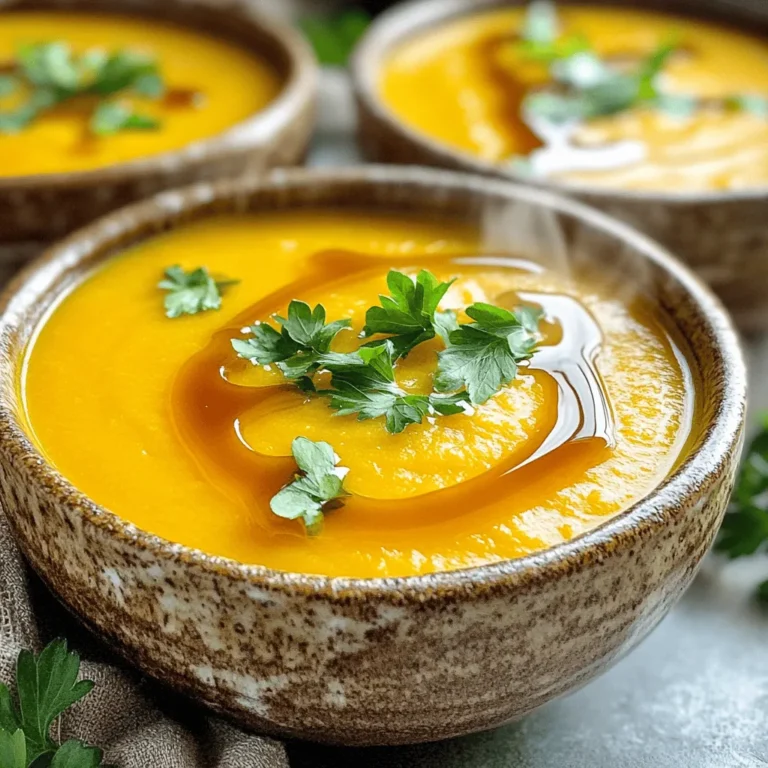 - 1 medium butternut squash, peeled and cubed (about 4 cups) - 1 medium onion, diced - 2 cloves garlic, minced - 3 cups vegetable broth - 1 cup coconut milk The main star here is the butternut squash. It brings a sweet, nutty flavor. The onion and garlic add depth and warmth. Using vegetable broth gives the soup a rich base. The coconut milk adds creaminess and a hint of tropical flavor. - 1 teaspoon ground cumin - 1 teaspoon ground nutmeg - Salt and pepper to taste - 2 tablespoons pure maple syrup To enhance the flavors, cumin gives an earthy note. Nutmeg adds a warm spice that pairs nicely with the squash. Salt and pepper are essential for balance. The maple syrup ties everything together with a sweet touch. - Fresh parsley for garnish - Other herb alternatives Fresh parsley adds a pop of color. It also brightens the flavors. You can try other herbs like thyme or chives to mix things up. This adds a fresh element to your bowl of soup. First, we heat the olive oil in a large pot over medium heat. Next, we add the diced onion. Sauté it until it turns translucent, about 5 minutes. This step builds a sweet base for our soup. After the onion, we add the minced garlic. Cook it for an extra minute, just enough for the garlic to release its amazing aroma. Now, let’s cube the butternut squash. Peel it carefully and cut it into small cubes. Aim for about 1-inch pieces. This size helps it cook evenly and quickly. With our veggies ready, we stir in the cubed butternut squash, ground cumin, and nutmeg. Season it with salt and pepper. Cook for another 5 minutes. This allows the spices to bloom and flavor the squash. Next, we pour in the vegetable broth. Bring this mixture to a boil. Once it bubbles, reduce the heat and let it simmer. Keep it on the stove for about 20 minutes, or until the squash feels tender when poked with a fork. Once the squash is soft, we remove the pot from the heat. Now it’s time to blend! If you have an immersion blender, use it to blend the soup until it is smooth. If not, carefully transfer it to a regular blender in batches. After blending, return the pot to low heat. Stir in the coconut milk for a creamy finish. Taste and adjust the seasoning with more salt or pepper if needed. Now, the magic happens! Ladle the soup into bowls and drizzle each serving with pure maple syrup. This adds a sweet touch that balances the savory flavors. Finally, sprinkle fresh parsley on top for a pop of color. Enjoy your rich and creamy butternut squash soup! To blend the soup until smooth, use an immersion blender. This tool makes it easy. Just place it in the pot and blend. If you don’t have one, use a regular blender. Carefully transfer the soup in batches. Fill the blender halfway to avoid spills. Blend until it’s creamy and smooth. Adjusting the seasonings can elevate your soup. You might want to add a bit more salt or pepper. For heat, add a pinch of cayenne pepper. This spice pairs well with the sweet squash. It adds a gentle kick that surprises the taste buds. When serving, ladle the soup into pretty bowls. A nice touch is to drizzle maple syrup on top. This adds a sweet contrast to the savory taste. For garnish, sprinkle fresh parsley over the soup. It adds color and freshness. Choose bowls that are wide and shallow. This makes your soup look inviting and beautiful. {{image_2}} You can make your butternut squash soup more colorful and nutritious by adding other veggies. Carrots add a nice sweetness and bright color. They cook well with the squash. You can also use sweet potatoes. They have a creamy texture that blends nicely. Other fall veggies work great too. Try adding parsnips for a hint of spice. You can also use pumpkin for a rich flavor. Be creative! Mix and match to suit your taste. If you want a creamy soup but need a dairy-free option, coconut milk is perfect. It gives the soup a rich flavor. You can also try almond milk or oat milk. These options keep the soup light and tasty. For a nut-free version, stick with coconut milk or use rice milk. Both are great for keeping the soup smooth. They won’t change the flavor much, so you can enjoy every bite. To make your soup even more delicious, you can add flavorings. Infusing the soup with ginger gives it a warm kick. You can also add chopped apple for a sweet twist. It pairs well with the squash. If you want to change the sweetness, try different sweeteners. Instead of maple syrup, you can use honey or agave. Each sweetener brings a unique taste that can change the soup's profile. Play around with these options to find your favorite flavor! To keep your butternut squash soup fresh, store it in an airtight container. Let it cool first to avoid steam buildup. In the fridge, it lasts about 3 to 5 days. Always check for any off smells or changes in texture before eating. You can freeze butternut squash soup for up to three months. To freeze, let it cool completely. Then, pour the soup into freezer-safe bags or containers. Leave some space at the top for expansion. When you're ready to enjoy it, thaw the soup overnight in the fridge. For reheating, use the stovetop or microwave. If using the stovetop, gently heat over low heat. Stir often to prevent sticking. In the microwave, heat in short bursts, stirring in between. This keeps the soup creamy. If it thickens too much, add a bit of water or broth to restore its texture. Butternut squash soup lasts about 5 days in the fridge. Store it in an airtight container. Always check for a sour smell or any changes in color before you eat it. Yes, you can make butternut squash soup ahead of time. It actually tastes better after it sits. Just cool it down before you store it. Reheat it gently when you're ready to serve. You can use almond milk or oat milk as a substitute for coconut milk. Both options will still give your soup a nice creaminess. If you want a richer flavor, try using heavy cream or cashew cream. Yes, butternut squash soup is healthy. It is low in calories and high in vitamins A and C. The soup also has fiber, which helps with digestion. Adding coconut milk gives it healthy fats too. To make your soup thicker, blend it longer. You can also add more butternut squash or a potato. If you want it thinner, add more vegetable broth or water. Adjust until you reach your desired consistency. In this post, we explored making butternut squash soup. We covered key ingredients like squash, onion, garlic, and essential seasonings to boost flavor. I shared simple steps for preparation, cooking, and blending the soup to creamy perfection. You learned tips for texture and flavor variations, plus how to store and reheat well. Keep experimenting with ingredients and flavors. You can easily make this dish your own. Enjoy the warmth and comfort of homemade soup!