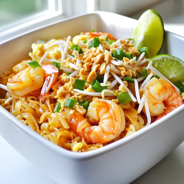 - 8 ounces rice noodles - 2 tablespoons vegetable oil - 3 cloves garlic, minced - 1 cup cooked shrimp (or chicken/tofu if preferred) - 2 eggs, lightly beaten - 1 cup bean sprouts - 4 green onions, chopped - 1/4 cup crushed peanuts - 1/4 cup fresh cilantro, chopped - 3 tablespoons soy sauce - 1 tablespoon tamarind paste (or lime juice) - 1 tablespoon brown sugar - 1 teaspoon red pepper flakes (adjust to taste) - Salt to taste - Lime wedges for serving You can switch up proteins to suit your needs. Use chicken, tofu, or shrimp. If you want it vegan, use tofu instead of shrimp or chicken. For gluten-free Pad Thai, choose rice noodles made without wheat. If you can't find tamarind paste, use lime juice for a similar tang. Fresh ingredients are key for great taste. Look for rice noodles at Asian markets or online. Choose noodles that are thin and pliable. For proteins, buy shrimp or chicken from a reliable source. Always check for freshness. Look for firm shrimp and vibrant green onions. Fresh cilantro adds life to your meal. To start, soak the rice noodles in hot water for 30 minutes. This helps soften them. If the package says a different time, follow that. After they are soft, drain them in a colander and set them aside. In a large skillet or wok, heat 2 tablespoons of vegetable oil over medium-high heat. Add 3 cloves of minced garlic and sauté for 30 seconds. This makes the kitchen smell great! Next, add 1 cup of cooked shrimp (or chicken/tofu if you like). Stir-fry for 2-3 minutes until they are warm. Now, push the shrimp to one side of the pan. Pour 2 lightly beaten eggs into the other side. Scramble the eggs until they are fully cooked. Once done, mix the eggs with the shrimp. Now it’s time to add flavor! Add the soaked rice noodles to the pan. Pour in 3 tablespoons of soy sauce, 1 tablespoon of tamarind paste (or lime juice), 1 tablespoon of brown sugar, and 1 teaspoon of red pepper flakes. Toss everything well. You want the noodles to soak up all the sauce. Next, stir in 1 cup of bean sprouts and half of the chopped green onions. Cook for 2 more minutes until everything is hot. Taste your dish. If it needs more flavor, add a pinch of salt or some soy sauce. Once it’s ready, take it off the heat. Garnish with 1/4 cup of crushed peanuts, 1/4 cup of fresh cilantro, and the rest of the green onions. Serve your Pad Thai right away with lime wedges on the side for a zesty kick! To make your Pad Thai taste like it came from a restaurant, focus on these key points: - Use fresh ingredients. Fresh garlic, herbs, and proteins bring great taste. - Tamarind paste is essential. It gives Pad Thai its tangy flavor. If you can't find it, lime juice works too. - Balance sweet and salty. Use brown sugar and soy sauce to create depth in flavor. These steps will make your dish stand out. The right mix of flavors creates a dish that sings. When cooking Pad Thai, the right technique matters. Here are essential tips: - Wok vs. Skillet: A wok allows for high heat and quick cooking. Use a skillet if you don't have one, but adjust the heat carefully. - Heat levels: Start at medium-high heat. This helps ingredients cook fast without burning. - Timing is key: Don’t overcook your shrimp or veggies. They should be tender yet crisp. By mastering these techniques, your Pad Thai will shine. Avoid these common mistakes that can ruin your Pad Thai: - Overcooking ingredients: This makes them mushy. Keep your shrimp and veggies crisp. - Imbalance of flavors: Too much soy sauce can make it salty. Taste as you go. - Skipping garnishes: Peanuts and cilantro add flavor and texture. Don't leave them out! Steering clear of these errors will help you create a perfect dish every time. {{image_2}} You can easily make a plant-based Pad Thai. Start by swapping shrimp or chicken for tofu. Firm tofu works best. Press it to remove excess water, then cut it into cubes. Sauté the tofu until golden brown. Use soy sauce and tamarind paste for flavor. For a fresh twist, add more veggies like bell peppers or mushrooms. Flip in extra bean sprouts and chopped carrots for crunch. This keeps your meal colorful and healthy. Pad Thai works with many proteins. You can use shrimp, chicken, or tofu. If you choose shrimp, cook them until pink. For chicken, slice it thin and stir-fry until cooked. Tofu is great for a vegan option. It soaks up flavors well. You can also mix proteins, like using shrimp and chicken together. This adds layers of taste and texture. Adjust the heat to fit your taste. Start with one teaspoon of red pepper flakes. If you want it spicier, add more. You can also try fresh chili peppers for a kick. A touch of sriracha sauce can enhance the flavor too. Balance the spice with lime juice, which adds brightness. This lets you create a Pad Thai that's just right for you. To keep your Pad Thai fresh, store leftovers in an airtight container. Place it in the fridge within two hours of cooking. If you want to keep it longer, freeze it. Make sure to use a freezer-safe container. When you freeze Pad Thai, it stays good for up to three months. For the best texture and flavor, reheat Pad Thai in a skillet. Add a splash of water or oil to keep it moist. Heat over medium-low, stirring often. This method helps prevent the noodles from becoming too hard or sticky. You can also use the microwave. Heat it in short bursts, stirring in between to ensure even warming. Leftover Pad Thai can last in the fridge for about three to four days. Always check for any off smells or changes in texture before eating. If you freeze it, just remember to label your container. This way, you can keep track of when you made it. Yes, you can make Pad Thai ahead of time. If you plan to meal prep, cook your noodles and protein first. Store them separately. This keeps them from getting soggy. When ready to eat, just heat them up. Add the sauce and fresh veggies right before serving. This way, your Pad Thai stays fresh and tasty. Tamarind paste is a thick, tangy paste made from tamarind fruit. It adds a unique sweet and sour flavor to Pad Thai. If you don’t have tamarind paste, you can use lime juice. Lime juice gives a bright, zesty taste. You might also try a mix of brown sugar and vinegar for a similar effect. Each option will change the flavor a bit, but they can work well. To make Pad Thai gluten-free, use gluten-free soy sauce. Look for brands made from rice or tamari. You also need to check your rice noodles. Most are gluten-free, but always read labels. If you want a twist, try zucchini noodles. They add a fun texture and keep it light. Enjoy your gluten-free Pad Thai without worry! This blog post guides you through making great Pad Thai at home. We covered key ingredients, cooking methods, and tips for authentic flavors. We also discussed variations, storage, and common questions. As you cook, remember that practice makes perfect. Don’t hesitate to adjust flavors to match your taste. Enjoy creating your own delicious version of this classic dish. Happy cooking!