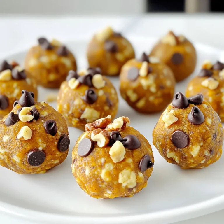 To make these tasty pumpkin pie energy bites, you need a few main ingredients: - 1 cup rolled oats - 1/2 cup pumpkin puree - 1/4 cup almond butter (or peanut butter) - 1/4 cup honey or maple syrup - 1 teaspoon pumpkin pie spice - 1/2 teaspoon vanilla extract - Pinch of salt These ingredients work together to give a rich pumpkin flavor. The oats add texture while the pumpkin puree keeps them moist. You can make your bites even better with these optional add-ins: - 1/4 cup mini chocolate chips - 1/4 cup chopped nuts (walnuts or pecans) These add-ins give a nice crunch and a touch of sweetness. Feel free to mix and match these options based on your taste. Now, let's talk about why these ingredients are not just tasty but also good for you. - Pumpkin puree is rich in fiber and vitamins. It helps with digestion and boosts your immune system. - Rolled oats contain whole grains, which are great for heart health. They also keep you full longer. - Nut butter provides healthy fats and protein. It helps build muscle and gives you energy. These energy bites not only satisfy your sweet tooth but also support your health. Enjoy making them! Start by gathering your ingredients. You will need rolled oats, pumpkin puree, and almond butter. Honey or maple syrup adds sweetness. Don’t forget the pumpkin pie spice and vanilla extract for flavor. A pinch of salt enhances taste. If you like, mini chocolate chips or chopped nuts add texture. In a large mixing bowl, combine the rolled oats, pumpkin puree, almond butter, and honey or maple syrup. Use a sturdy spoon to mix well until all the ingredients become one. This step is key to a good flavor. Next, add the pumpkin pie spice, vanilla extract, and a pinch of salt to your bowl. Stir until everything is evenly mixed. If you choose to add chocolate chips or nuts, gently fold them in. This adds a fun crunch! Now, it’s time to roll your mixture into bites. Take about one tablespoon of the mixture in your hands. Roll it into a small ball. Place the balls on a baking sheet lined with parchment paper. Keep going until you use all the mixture. This should make about 12 bites. Once you have rolled all the bites, it’s time to chill them. Place the baking sheet in the refrigerator. Let the bites chill for at least 30 minutes. This helps them firm up nicely. After chilling, enjoy your tasty pumpkin pie energy bites right away or store them in an airtight container in the fridge. They last for about a week! When you mix your ingredients, do it well. This step is key. Start with the rolled oats, pumpkin puree, almond butter, and honey or maple syrup. Use a large bowl for easy mixing. I like to use a spatula or my hands. This helps combine everything fully. Make sure there are no dry bits left. It should look smooth and sticky. To get that perfect bite, focus on the balance of wet and dry ingredients. If your mixture feels too dry, add a bit more pumpkin puree or nut butter. If it’s too wet, a sprinkle of oats can help. The goal is to form balls easily without them falling apart. After rolling, refrigerate the bites. This helps them firm up nicely. Want to kick up the flavor? Consider adding extras! Mini chocolate chips bring sweetness and fun. Chopped nuts like walnuts or pecans add crunch and depth. You can also try dried fruits like cranberries or raisins for a fruity twist. Don’t forget spices! A pinch of cinnamon or nutmeg can brighten the taste. Experiment and find your favorite mix! {{image_2}} You can swap honey or maple syrup for other sweeteners. Agave nectar works well. You might also try coconut sugar for a different taste. Each sweetener adds its flavor and sweetness level. Adjust the amount to fit your taste. While almond butter is a great choice, you can use peanut butter. Sunflower seed butter is an option too. Each nut butter brings its unique flavor and creaminess. Think about your favorite nut butter when you make these bites. For a fun twist, add a splash of almond extract. You can also mix in dried fruit, like cranberries or raisins. Chia seeds or flaxseeds add a nice crunch and nutrition. Feel free to play with spices, too! Try adding a dash of cinnamon or nutmeg for extra warmth. To keep your pumpkin pie energy bites fresh, store them in an airtight container. This helps maintain their moisture and flavor. Place a piece of parchment paper between layers if you stack them. This prevents sticking and keeps them nice. These energy bites last up to one week in the fridge. Make sure to check for any signs of spoilage before enjoying them. If they look or smell off, it's best to toss them. Always use your senses to judge freshness. You can freeze these bites for later use. Wrap each bite in plastic wrap before placing them in a freezer-safe bag. They can last up to three months in the freezer. When ready to eat, simply thaw them in the fridge overnight. Enjoy the tasty goodness anytime! Pumpkin pie energy bites stay fresh for up to one week in the fridge. Store them in an airtight container. Keeping them cool helps maintain their texture and flavor. If you want to enjoy them longer, consider freezing some. They freeze well for about three months. Yes, you can use any nut butter you like. Almond butter is great, but peanut butter works too. You can even try cashew or sunflower seed butter for a nut-free option. Each type adds its unique taste and texture. Yes, these bites can easily be vegan. Just use maple syrup instead of honey. All the other ingredients are plant-based. This makes them a perfect snack for everyone, including vegans. To make pumpkin pie energy bites gluten-free, use certified gluten-free oats. Most oats are safe, but some may be processed with gluten. Check the label to be sure. All other ingredients are already gluten-free. Absolutely! You can double or triple the recipe. Just mix in a larger bowl. More bites mean more fun snacks to enjoy. They also make great gifts for friends and family. These pumpkin pie energy bites are easy to make and tasty. We explored the key ingredients and their health benefits. I provided step-by-step instructions for preparation and refrigeration. You learned tips for mixing and achieving the perfect texture. I shared variations with different sweeteners and nut butters. Finally, we discussed the best storage practices to keep them fresh. Enjoy making and sharing these bites, knowing they’re simple, healthy, and delicious!