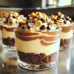 For these delightful cheesecake cups, you need: - 1 cup chocolate cookie crumbs - 4 tablespoons unsalted butter, melted - 8 oz cream cheese, softened - ½ cup creamy peanut butter - ½ cup powdered sugar - 1 teaspoon vanilla extract - 1 cup whipped cream (store-bought or homemade) Each ingredient plays a key role in creating rich flavors and a smooth texture. The chocolate cookie crumbs form a perfect crust. The cream cheese and peanut butter give the cups their creamy filling. You can add fun toppings to make your cheesecake cups even better: - ¼ cup chocolate chips - ¼ cup crushed peanuts These garnishes add crunch and extra sweetness. You can mix and match toppings based on your taste. If you need to change an ingredient, here are some ideas: - Use graham cracker crumbs for a different crust. - Swap cream cheese for vegan cream cheese if needed. - Use almond butter or cashew butter instead of peanut butter for different flavors. These swaps let you customize the recipe to fit your needs. To start, grab a medium bowl. You need to mix chocolate cookie crumbs and melted butter. Use 1 cup of cookie crumbs and 4 tablespoons of unsalted butter. Stir until all the crumbs get wet. This takes a minute or two. Next, take your serving cups. You can use 6 to 8 cups. Divide the crumb mix evenly among them. Press down firmly to make a solid crust. This step is key for the right texture. Set these cups aside as you move to the next step. Now, let’s make the filling! In a large mixing bowl, add 8 oz of softened cream cheese and ½ cup of creamy peanut butter. Beat them together until they blend well. This should be smooth and creamy. Once mixed, add in ½ cup of powdered sugar and 1 teaspoon of vanilla extract. Mix until everything is combined and sweet. The filling should feel light and fluffy. To achieve this, gently fold in 1 cup of whipped cream. This makes your filling airy and delicious. Now, it’s time to fill the cups! Take a spoon and scoop the cheesecake filling. Spoon it over the chocolate crust in each cup. Fill them all the way to the top. Once filled, place the cups in the fridge. Chill them for at least 2 hours. This helps the cheesecake set perfectly. When you’re ready to serve, sprinkle chocolate chips and crushed peanuts on top. This adds a nice crunch and looks great! Enjoy your tasty no-bake treats! To make your cheesecake filling creamy, start with softened cream cheese. Cold cream cheese will stay lumpy. Use a hand mixer or stand mixer to beat it well. Mix the peanut butter in next. This adds flavor and creaminess. When you add powdered sugar and vanilla, do it slowly. This helps keep the mixture smooth. Finally, gently fold in whipped cream. This keeps the filling light and fluffy. A good crust starts with the right cookie crumbs. I use chocolate cookies for a rich flavor. Mix the crumbs with melted butter until they are fully moistened. When you press the mixture into the cups, use your fingers or the back of a spoon. Make it firm, but not too hard. This gives you a strong base that holds up well. If your filling is too thick, try adding a bit more whipped cream. This will lighten it up. If the crust falls apart, it may need more butter. Just mix in a bit more until it holds together. Sometimes, the filling may not set well. If this happens, chill the cups longer. They need at least two hours to firm up. Always keep an eye on the texture while mixing and assembling. {{image_2}} You can switch up the crust for your cheesecake cups. Instead of chocolate cookie crumbs, try graham cracker crumbs. They give a nice flavor and crunch. You can also use crushed pretzels for a salty twist. This adds a fun contrast to the sweet filling. Just mix them with melted butter the same way. Feel free to play with the filling flavors. You can swap creamy peanut butter for almond butter. This will give a new taste while keeping it nutty. You can also add a bit of melted chocolate for a richer chocolate flavor. If you want a fruity taste, try adding some mashed bananas or pureed strawberries. Just mix them in with the cream cheese for a fun twist. Want a lighter version? You can use low-fat cream cheese instead of regular. This keeps the taste while cutting some calories. For the crust, opt for sugar-free cookies or use whole grain options. You can also replace powdered sugar with a sugar substitute. This way, you can enjoy these treats without the guilt. To store your leftover cheesecake cups, cover them well. Use plastic wrap or place them in an airtight container. Keep them in the fridge. This helps maintain their creamy texture and flavor. They will stay fresh for a few days. You can freeze these cheesecake cups if you want to keep them longer. First, let them chill in the fridge for at least two hours. Then, remove the toppings like chocolate chips and peanuts. Place the cups in a freezer-safe container. They can last up to three months in the freezer. When ready to eat, move them to the fridge to thaw overnight. The cheesecake cups taste best when fresh, but they last well in the fridge. If stored properly, they can last up to five days. Always check for any signs of spoilage before eating. For the best taste and texture, enjoy them within three days. Yes, you can make these cheesecake cups ahead of time. I often prepare them a day before. This way, they have time to chill and set properly. Just store them in the fridge, covered with plastic wrap. They stay fresh for up to three days. This makes them perfect for parties or gatherings! Serving these cheesecake cups is fun! You can keep it simple or get creative. Here are some ideas: - Top with extra chocolate chips for a sweet touch. - Drizzle with chocolate or caramel sauce for more flavor. - Add fresh fruit like strawberries or bananas for a fresh twist. - Serve alongside a scoop of vanilla ice cream for extra creaminess. Each option adds a new layer to the dessert experience. Absolutely! You can use non-dairy options for this recipe. For the cream cheese, look for a plant-based version. There are many good brands available now. Use coconut cream or a non-dairy whipped topping instead of regular whipped cream. These swaps keep the dessert tasty while meeting dietary needs. You learned how to make cheesecake cups with easy steps, tips, and variations. Using the right ingredients, you can create a tasty treat. Remember to chill them well and store leftovers properly. Feel free to try different flavors and crusts. With practice, you’ll make perfect cheesecake cups every time. These are quick and fun to share. Enjoy your delicious creation!