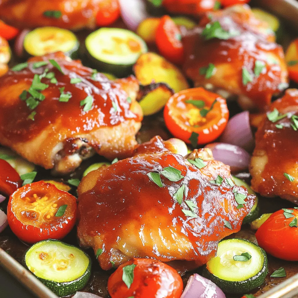 For this dish, you need a few key items to make the chicken tasty and tender. Here’s what you will gather: - 4 chicken thighs, bone-in and skin-on - 2 tablespoons smoky BBQ sauce (store-bought or homemade) - 1 teaspoon smoked paprika - 1 teaspoon garlic powder - 1 teaspoon onion powder - Salt and pepper to taste The chicken thighs are juicy and full of flavor. The skin adds crispiness. The smoky BBQ sauce gives that sweet and tangy taste. Smoked paprika, garlic powder, and onion powder add depth and warmth. Next, we will add some colorful veggies that bring fun and health to your meal. Here is the list: - 1 red bell pepper, sliced - 1 zucchini, sliced - 1 cup cherry tomatoes, halved - 1 small red onion, cut into wedges - 2 tablespoons olive oil - Salt and pepper to taste These veggies not only add color but also texture. The red bell pepper is sweet, while the zucchini brings a nice crunch. Cherry tomatoes burst with flavor, and the red onion adds a savory touch. Tossing them in olive oil and seasoning helps them roast well. To finish your dish, you can add some garnishes. They make the meal look pretty and add a fresh taste. Here’s what you can use: - Fresh parsley, chopped Chop the fresh parsley and sprinkle it on top before serving. This small step brightens the whole dish. It adds a fresh flavor that pairs well with the smoky chicken and veggies. First, preheat your oven to 400°F (200°C). This step ensures even cooking. In a large bowl, add the chicken thighs. Pour in the smoky BBQ sauce, smoked paprika, garlic powder, onion powder, salt, and pepper. Mix everything well. Make sure the chicken is coated in the sauce and spices. This will give your chicken a great flavor. Now, grab another bowl for the veggies. Add the sliced red bell pepper, zucchini, halved cherry tomatoes, and onion wedges. Drizzle with olive oil, then sprinkle with salt and pepper. Toss the veggies until they are evenly coated. This step brings out their natural taste. Once done, set them aside for the next step. Take a large sheet pan and arrange the marinated chicken in the center. Spread the seasoned veggies around the chicken in a single layer. This helps them cook evenly. Place the sheet pan in the preheated oven. Roast everything for 30 to 35 minutes. The chicken should reach an internal temperature of 165°F (75°C). The veggies should be tender and slightly charred. Once cooked, remove the pan from the oven. Let it rest for a few minutes. Finally, garnish with fresh parsley. This adds a pop of color and extra flavor to your meal. To get that perfect BBQ taste, use smoky BBQ sauce. I prefer a brand I trust, but homemade is great too. Mix the sauce with smoked paprika, garlic powder, and onion powder. This blend adds depth. Coat the chicken well. Let it marinate for at least 30 minutes. This allows the flavors to soak in. If you can, marinate overnight for even better taste. For even cooking, cut veggies into similar sizes. I like to slice bell peppers, zucchini, and onions thin. This helps them cook at the same rate as the chicken. Spread the veggies in a single layer on the sheet pan. Avoid crowding them too much. This prevents steaming and helps with that nice char. Check the chicken's internal temperature. It should reach 165°F (75°C) before serving. You don’t need fancy tools to make this dish. Here’s what I recommend: - Large mixing bowl: To mix the chicken and marinade. - Sheet pan: A sturdy one is best for even roasting. - Knife and cutting board: For chopping veggies. - Meat thermometer: To check chicken doneness. - Tongs: Handy for flipping and serving. These tools make the process simple and fun! {{image_2}} You can swap chicken thighs for other proteins. Try using chicken breasts for a leaner option. Turkey thighs also work well, adding a nice flavor. If you want something different, use pork chops. They soak up the BBQ sauce nicely. For a meatless option, consider firm tofu. Just press it to remove moisture before marinating. Feel free to mix up the veggies! Broccoli florets add a nice crunch and color. Carrots can bring a sweet touch, especially when roasted. Sweet potatoes add heartiness and a hint of sweetness. You can even try mushrooms for an earthy flavor. Just remember to cut the vegetables into similar sizes for even cooking. Making your own BBQ sauce is easy and fun! Combine 1 cup of ketchup, 1/4 cup of apple cider vinegar, and 1/4 cup of brown sugar. Add 1 tablespoon of Worcestershire sauce and 1 teaspoon of smoked paprika. Stir well and let it simmer for 10 minutes. This sauce gives your chicken a great smoky flavor. Adjust the ingredients to suit your taste. After enjoying your smoky BBQ chicken and veggies, store leftovers in an airtight container. Let the dish cool down first. Place it in the fridge within two hours to keep it fresh. It will keep well for up to three days. This way, you can enjoy the flavors again without any hassle. To reheat, use the oven for best results. Preheat your oven to 350°F (175°C). Spread the chicken and veggies in a single layer on a baking sheet. Heat for about 15-20 minutes or until warmed through. You can also use a microwave. Just cover the dish with a microwave-safe lid and heat for 2-3 minutes. Make sure the chicken is hot all the way through before serving. If you want to save some for later, freezing is a great option. Place the cooled leftovers in a freezer-safe container. It’s best to divide into portions for easy meals later. Label the container with the date. Your dish can last in the freezer for up to three months. When ready to eat, thaw in the fridge overnight and reheat as described above. Enjoy your meal anytime! Yes, you can use boneless chicken thighs. Boneless thighs cook faster. Just make sure to adjust the cooking time. I recommend roasting them for about 25 to 30 minutes. Check that the chicken reaches 165°F (75°C) to be safe. If you need a substitute for smoky BBQ sauce, try using teriyaki sauce. You can also mix ketchup with a bit of liquid smoke. Another option is to use a blend of honey and soy sauce. This gives a sweet and savory flavor. To check if the chicken is fully cooked, use a meat thermometer. Insert it into the thickest part of the thigh. The temperature should read 165°F (75°C). If you don’t have a thermometer, cut into the chicken. The meat should be white with no pink inside. This blog post covered all you need for a great BBQ dish. We looked at ingredients, from chicken and marinade to veggies and optional garnishes. I shared step-by-step instructions for prepping everything and roasting the dish. Tips helped ensure perfect flavor and even cooking. We explored variations with different proteins and veggies, plus a BBQ sauce recipe. Lastly, I explained how to store your leftovers. With these insights, you can create tasty BBQ meals. Dive in and enjoy cooking!