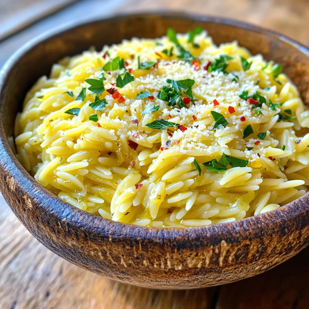 To make Minute Garlic Parmesan Orzo, gather these simple ingredients: - 1 cup orzo pasta - 2 tablespoons olive oil - 4 cloves garlic, minced - 3 cups vegetable broth - 1/2 teaspoon red pepper flakes (optional) - 1/2 cup grated Parmesan cheese - 1/4 cup fresh parsley, chopped - Salt and pepper to taste These ingredients work together to create a dish full of flavor. If you need to make changes, here are some good swaps: - Use chicken broth instead of vegetable broth for a richer taste. - Swap orzo for any small pasta, like ditalini or mini shells. - Try nutritional yeast instead of Parmesan for a dairy-free option. - Use garlic powder if fresh garlic isn’t available. These alternatives can help you customize the dish to your needs. To prepare this dish, you will need: - A medium saucepan for boiling the broth and orzo. - A large skillet for sautéing garlic and mixing ingredients. - A wooden spoon or spatula for stirring the orzo and garlic. - A measuring cup and spoons for accurate ingredient amounts. Having the right tools makes cooking easier and more fun! First, grab a medium saucepan. Pour in 3 cups of vegetable broth. Heat it until it boils. Once it bubbles, add 1 cup of orzo pasta. Stir the pasta gently. Cook it according to the package instructions, usually about 8-10 minutes. You want the orzo to be al dente, which means it should still have a little bite. Stir occasionally to keep it from sticking. When it’s done, drain any extra broth. While the orzo cooks, take a large skillet. Pour in 2 tablespoons of olive oil and heat it over medium heat. As the oil warms, add 4 minced garlic cloves. Sauté the garlic for about 1 minute. You want it fragrant but not burnt. If you like a little heat, sprinkle in 1/2 teaspoon of red pepper flakes. This adds a nice kick to the dish. Now it’s time to mix everything together. Once the orzo is ready, carefully drain it and add it to the skillet with the garlic. Stir gently to combine the orzo and garlic. Then, mix in 1/2 cup of grated Parmesan cheese while the orzo is still warm. This helps the cheese melt and create a creamy texture. Lastly, add chopped parsley, and season with salt and pepper to taste. Stir everything well to make sure the flavors blend. Now, your Minute Garlic Parmesan Orzo is ready to serve! To get the best garlic taste, use fresh garlic. Fresh garlic gives a stronger flavor than dried. Mince the garlic finely. This helps release its oils and aroma. Sauté it gently in olive oil. Cook it for just one minute. You want it fragrant, not burnt. If you like heat, add red pepper flakes. They give a nice kick that pairs well with garlic. For a creamy texture, add the Parmesan cheese while the orzo is warm. This helps the cheese melt perfectly. Use freshly grated Parmesan. It melts better than pre-grated cheese. Stir it in well, so every bite has that cheesy goodness. Adjust the amount of cheese to your taste. More cheese means more creaminess! Presentation makes food more appealing. Use a nice serving dish or individual bowls for the orzo. Garnish with extra Parmesan on top. Add a sprinkle of fresh parsley for color. You could even add a few chili flakes on top. This not only adds color but also shows guests a hint of spice. Serve it warm for the best taste! {{image_2}} You can easily boost the nutrition of Minute Garlic Parmesan Orzo by adding protein. Cooked chicken or shrimp works great here. For chicken, use grilled or rotisserie chicken. Cut it into bite-sized pieces before adding it to the orzo. For shrimp, sauté them in the skillet after the garlic until they turn pink. This adds flavor and makes the dish heartier. Adding veggies can enhance the taste and nutrition of your orzo. Spinach is a perfect choice. You can toss fresh spinach into the skillet right after sautéing the garlic. Cook until it wilts down. Peas also add a nice pop of color. You can stir in frozen peas when you combine the orzo. They will heat through quickly. Feel free to get creative with your favorite vegetables! You can easily make this dish vegan. Simply skip the Parmesan cheese or use a dairy-free version. Nutritional yeast is a great substitute. It adds a cheesy flavor without dairy. Use vegetable broth to keep it vegan. Olive oil is perfect for cooking and adds richness. You can still enjoy this tasty dish while sticking to a vegan lifestyle! To store your garlic Parmesan orzo, let it cool first. Place it in an airtight container. Keep it in the fridge. It will stay fresh for about three days. This way, you can enjoy it again soon. When you’re ready to eat, you can reheat the orzo on the stove or in the microwave. On the stove, add a splash of vegetable broth to keep it moist. Heat it over low heat and stir often. In the microwave, cover the dish and heat it for 1-2 minutes. Check and stir halfway to heat evenly. If you want to save it for later, you can freeze the orzo. Use a freezer-safe bag or container. Make sure to remove as much air as possible. It can last up to three months in the freezer. When you're ready to eat, thaw it overnight in the fridge before reheating. It takes about 15 minutes to make Minute Garlic Parmesan Orzo. The prep time is just 5 minutes. Cooking the orzo in vegetable broth takes about 8 to 10 minutes. This quick recipe is perfect for busy nights! Yes, you can use regular pasta instead of orzo. However, cooking times may change. Make sure to check the package for timing. Also, keep in mind that orzo has a unique shape, which adds to the dish's texture. You can serve Minute Garlic Parmesan Orzo with many dishes. It pairs well with grilled chicken, shrimp, or vegetables. A fresh salad or garlic bread also makes a great side. Feel free to get creative and mix flavors! In this blog post, I shared how to make Minute Garlic Parmesan Orzo. You learned about key ingredients and tasty substitutes. I also covered handy tools you will need. Then, I walked you through step-by-step cooking instructions. I provided tips to enhance flavor and achieve creamy textures. You saw different ways to customize the dish with proteins and veggies. Finally, we discussed how to store and reheat leftovers. Now you are ready to cook and enjoy this dish.