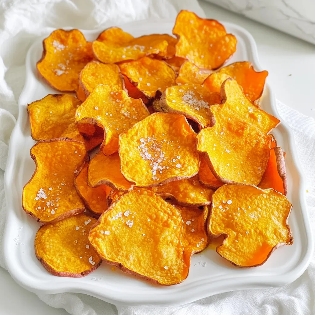 - 2 medium sweet potatoes - 2 tablespoons olive oil - 1 teaspoon sea salt - 1/2 teaspoon smoked paprika (optional) - 1/2 teaspoon garlic powder - 1/4 teaspoon black pepper The right ingredients make the best sweet potato chips. Start with medium sweet potatoes. They bring the perfect balance of sweetness and texture. Olive oil helps the chips crisp up nicely. Sea salt enhances their natural flavor. If you want a smoky touch, add smoked paprika. Garlic powder adds a nice savory note. Black pepper gives a subtle kick. Having all these ingredients ready will help you make delicious chips. Use fresh spices for the best taste. Quality olive oil adds richness. Make sure your sweet potatoes are firm and free of blemishes. This way, you’ll end up with the best possible snack. When you have everything prepped, you’ll be excited to start cooking. Getting the perfect combination of flavors is key. - Start by washing the sweet potatoes well. - Peel them using a vegetable peeler. - Slice them thinly to about 1/8 inch thick. - A mandoline slicer works great for even slices. - Soaking is key for crispy chips. - Place the slices in a bowl of cold water. - Soak them for 30 minutes to remove starch. - After soaking, drain the slices. - Pat them dry with a kitchen towel. - In a bowl, mix olive oil, sea salt, smoked paprika, garlic powder, and black pepper. - Toss the dry slices in the seasoning mix until coated. - Preheat your air fryer to 375°F (190°C) for 3-5 minutes. - Place the sweet potato slices in a single layer in the basket. - Cook for 12-15 minutes, shaking halfway for even cooking. - The chips should be crisp and lightly golden. - If they need more crispiness, add 2-3 extra minutes. - Carefully remove the chips from the air fryer. - Let them cool slightly to enhance crispiness. - Serve them warm for the best taste. To make your sweet potato chips really crispy, you must dry the slices well. After soaking them in water, use a kitchen towel to pat them dry. This step is key! For cooking time, I suggest air frying at 375°F for 12 to 15 minutes. Shake the basket halfway through. If they aren't crispy enough, add 2 to 3 more minutes. You can mix up the flavors with different spices and herbs. Try adding cumin for a warm taste. Or, use a pinch of chili powder for some heat. A bit of rosemary adds a nice earthy flavor too! Play with flavor combinations. Sweet potato pairs well with cinnamon for a sweet snack. You can also mix garlic powder with parmesan for a savory twist. For air frying, I recommend a model with a good capacity. Look for a brand that has even heat distribution. This ensures all your chips cook well. A mandoline slicer is perfect for cutting even slices. If you don’t have one, use a sharp knife but take your time to make thin slices. This helps the chips cook evenly and become crispy! {{image_2}} You can easily change sweet potato chips from sweet to savory. Here are some great ideas for each. For a sweet twist, consider adding: - Cinnamon: Sprinkle some on top. - Brown sugar: Mix it with the cinnamon for a sugary crunch. For a savory taste, try these options: - Parmesan cheese: Grate it and sprinkle on the chips. - Chili powder: This adds a nice kick. - Italian herbs: Oregano and basil give great flavor. Did you know you can use different potatoes for chips? Here are a few options: - Russet potatoes: These are starchy and become crispy. - Purple potatoes: They add color and taste. Keep in mind, cooking times may change. Russet potatoes often take longer to cook. Always adjust the time based on how thick you slice them. Both methods make tasty chips, but they differ in a few ways. Air fryer: - Cooks faster and uses less oil. - Chips come out very crispy. Oven-baked: - Takes longer and needs more oil. - Spread the chips out on a baking sheet for even cooking. If you bake them, set the oven to 400°F (200°C). Bake for about 20-25 minutes, flipping halfway. Check for crispiness as they cook. To keep your sweet potato chips fresh, store them in an airtight container. This helps to keep out air and moisture, which can make them soggy. I recommend using a glass jar or a plastic container with a tight lid. Avoid stacking the chips too high to prevent crushing. If you have leftover chips, let them cool completely before storing. To reheat your chips and keep them crispy, use the air fryer again. Set it to 350°F (175°C). Heat the chips for about 3-5 minutes. This method revives their crunch. Avoid using the microwave, as it can make them soggy. If you must use a microwave, place a paper towel under the chips to absorb moisture. Sweet potato chips stay fresh for about 3-5 days when stored properly. After this time, they may lose their crispiness. Look for signs of spoilage, such as a soft texture or off smell. If the chips feel chewy or taste stale, it's best to toss them. Always trust your senses when it comes to food freshness. To keep your sweet potato chips crispy, dry them well after soaking. Use a kitchen towel to remove excess moisture. Cook them in a single layer in the air fryer. Avoid overcrowding the basket. If you notice them getting soft, cook them a bit longer. Yes, you can try many seasonings. Use your favorite spices like chili powder or cumin. You can also add herbs like rosemary or thyme for extra flavor. Experimenting with different seasonings can make your chips unique. Soaking is not strictly necessary, but it helps. It removes excess starch, which makes your chips crispier. If you skip this step, your chips may still taste good but might not be as crunchy. Use a mandoline slicer for even cuts. If you don’t have one, a sharp knife works too. Aim for slices about 1/8 inch thick. This thickness helps them cook evenly and become crispy. You can make these chips ahead of time. Store them in an airtight container for up to a week. To keep them crispy, avoid exposing them to moisture. Reheat in the air fryer for a few minutes before serving. Yes, air fryer sweet potato chips are a healthier snack. They use less oil than traditional frying. Sweet potatoes are rich in vitamins and fiber, making them a nutritious choice. Enjoy them guilt-free! Air fryer sweet potato chips are a tasty snack. We covered the key steps, from ingredients to cooking tips. Start with fresh sweet potatoes, soak them, and season well. Remember to dry the slices for crispiness. Explore fun seasoning variations and experiment with different potatoes. Store chips in airtight containers, and reheat them for optimal crunch. Enjoy making these simple and healthy treats. They are easy to customize and a great addition to your snack routine. Happy cooking!