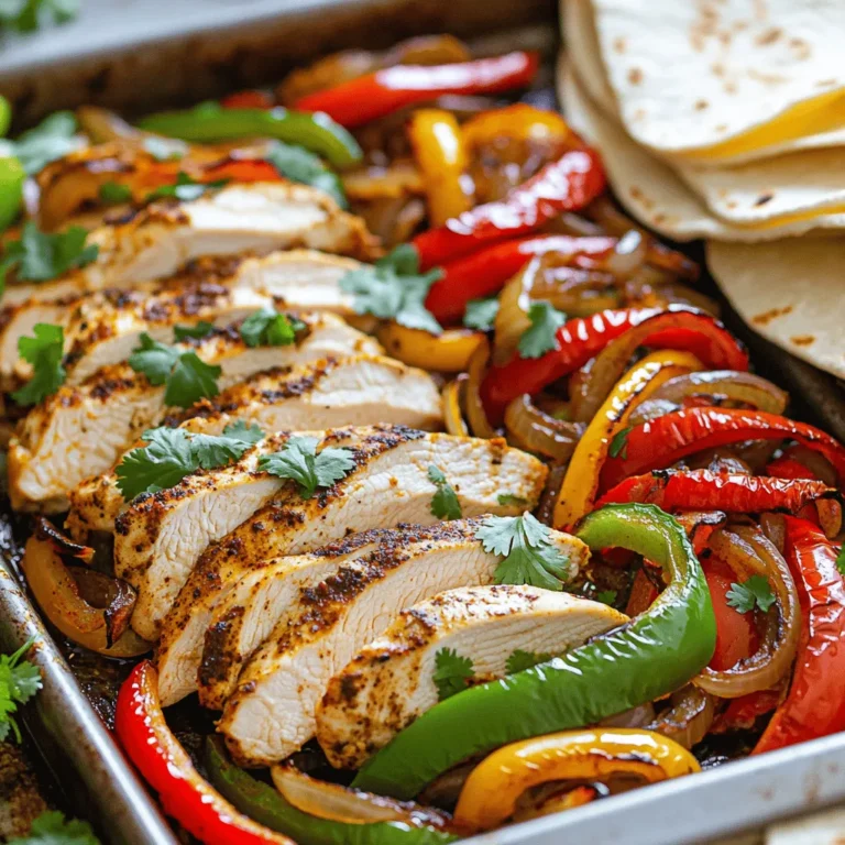- 1.5 lbs boneless, skinless chicken breasts, sliced into strips - 1 red bell pepper, sliced - 1 green bell pepper, sliced - 1 medium yellow onion, sliced These ingredients come together to create a colorful and tasty dish. The chicken gives you protein and the peppers add crunch and sweetness. The onion brings in a nice flavor that ties it all together. - 3 tablespoons olive oil - 2 tablespoons chipotle seasoning (or a mix of chili powder, cumin, smoked paprika, and garlic powder) - 1 teaspoon salt - 1/2 teaspoon black pepper - 1 lime, juiced The seasonings are key to making this meal special. Olive oil keeps everything moist. The chipotle seasoning brings heat and depth. Lime juice adds a fresh twist. Salt and pepper enhance the flavors, making every bite tasty. - Fresh cilantro, chopped (for garnish) - Flour or corn tortillas (for serving) Cilantro adds a bright, fresh touch. You can use flour or corn tortillas, depending on your taste. Wrap up the chicken and veggies for a delicious meal that’s fun to eat. - Preheating the Oven Start by preheating your oven to 425°F (220°C). This helps get the chicken and veggies nice and crispy. - Preparing Chicken and Vegetables In a large bowl, slice 1.5 pounds of boneless, skinless chicken breasts into strips. Then, slice 1 red bell pepper, 1 green bell pepper, and 1 medium yellow onion. Add all of these to your bowl. - Seasoning the Mixture Drizzle 3 tablespoons of olive oil and the juice of 1 lime over the chicken and veggies. Add 2 tablespoons of chipotle seasoning, 1 teaspoon of salt, and 1/2 teaspoon of black pepper. Toss everything well so that it gets coated with the tasty mix. - Spreading on the Baking Sheet Take a large baking sheet and line it with parchment paper. Spread the chicken and vegetable mixture evenly on the sheet. Make sure it is in a single layer for even cooking. - Roasting the Mixture Place the baking sheet in your preheated oven. Roast the mixture for 20 to 25 minutes. Stir halfway through to help it cook evenly. The chicken should be cooked through, and the veggies will be tender and lightly charred. - Serving Suggestions Once cooked, remove the sheet from the oven and let it rest for 5 minutes. Serve the fajita mix in warm flour or corn tortillas. Add fresh cilantro on top for a burst of flavor. Enjoy your meal! Choosing the Right Chicken I prefer using boneless, skinless chicken breasts for this recipe. They stay tender and juicy. Cut the chicken into thin strips for even cooking and to soak up the flavors. Variations in Vegetables Feel free to mix and match your veggies. I love using red and green bell peppers, but you can add zucchini, mushrooms, or corn. Each veggie brings its own taste. Seasoning Adjustments Chipotle seasoning gives a nice kick. If you want less heat, cut back on the seasoning. You can also add a bit of lime zest for extra zing. Oven vs. Air Fryer The oven is great for roasting and gives a nice char. If you use an air fryer, cut cooking time in half. Both methods work well, so choose what fits your kitchen. How to Properly Roast Spread the chicken and veggies evenly on the pan. This helps everything roast well. Stir halfway through cooking for even browning. When done, let it sit for a few minutes for the best texture. {{image_2}} You can make these fajitas your own with some fun twists. - Adding Different Proteins Try using shrimp or beef instead of chicken. Just adjust cooking times. For shrimp, cook until they turn pink. For beef, use thin slices and cook until browned. - Vegetarian Options Swap chicken for hearty veggies like mushrooms or zucchini. Add black beans for protein. Roasting these adds great flavor. - Spice Level Adjustments Want a kick? Add more chipotle seasoning or fresh jalapeños. For a milder taste, reduce the seasoning or use sweet peppers. Pair your fajitas with tasty sides and dips. - Sides that Pair Well Serve with rice or beans for a filling meal. Corn salad or grilled corn on the cob also make great matches. Don’t forget a fresh salad with lime dressing. - Dipping Sauces Suggestions A creamy avocado sauce or simple sour cream works well. You can also try pico de gallo for a fresh taste. Salsa verde adds a nice zing, too. After you enjoy your meal, store leftovers right away. Place them in an airtight container. You can keep them in the fridge for up to three days. If you want to save them longer, freeze the fajita mixture. - Refrigeration Guidelines - Use an airtight container. - Store in the fridge for up to 3 days. - Freezing Instructions - Use freezer-safe bags or containers. - Store for up to three months. When it’s time to eat again, you want your fajitas to taste great. Reheat them well to enjoy the flavors. - Best Methods for Reheating - Use a skillet over medium heat for a few minutes. - You can also use the microwave for 1-2 minutes. - Tips to Maintain Texture - Stir the mixture while reheating. - Add a splash of water if it seems dry. - Avoid overheating to keep the chicken tender. How long do Chipotle Chicken Fajitas last in the fridge? Chipotle Chicken Fajitas last about 3 to 4 days in the fridge. Store them in an airtight container. This keeps the chicken and veggies fresh longer. Can I use frozen chicken for this recipe? Yes, you can use frozen chicken, but it needs to thaw first. Cooking frozen chicken directly can result in uneven cooking. Thaw it overnight in the fridge for best results. What's the best way to serve these fajitas? Serve these fajitas in warm tortillas. You can use flour or corn tortillas, depending on your taste. Add fresh cilantro and lime on top for extra flavor. Can I make this recipe in advance? Yes, you can prep the chicken and veggies ahead of time. Store them in the fridge for up to a day. This makes dinner prep quick and easy. What can I substitute for chipotle seasoning? You can mix chili powder, cumin, smoked paprika, and garlic powder. These spices give a similar smoky flavor. Adjust the amounts to suit your taste. How can I make this dish healthier? To make this dish healthier, use lean chicken breast and add more veggies. You can also use whole grain tortillas for added fiber. This boosts nutrition without losing flavor. In this post, we explored making tasty chicken fajitas. We covered essential ingredients like chicken, veggies, and seasonings. The step-by-step guide made cooking simple, and our tips shared ways to perfect your meal. Remember, you can customize your fajitas to fit your taste. Store leftovers properly to keep them fresh. With this easy recipe and helpful advice, you can enjoy delicious fajitas anytime. Happy cooking!