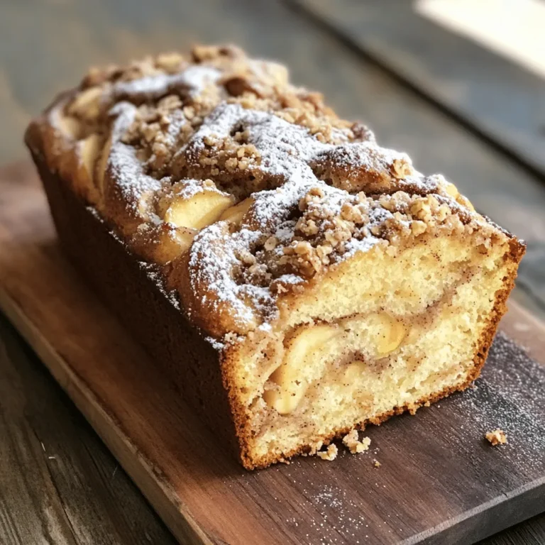 - 2 cups all-purpose flour - 1 cup granulated sugar - 1 tablespoon baking powder - 1 teaspoon ground cinnamon - 1/2 teaspoon salt - 1/2 cup unsalted butter, softened - 2 large eggs - 1 teaspoon vanilla extract - 1/2 cup milk - 2 cups apples, peeled and diced - 1/4 cup brown sugar - 1 teaspoon ground cinnamon (for the swirl) - 1/2 cup rolled oats - 1/4 cup chopped nuts - Pinch of salt To make this delicious bread, gather these simple ingredients. Use fresh apples for the best flavor. I love using Granny Smith or Honeycrisp apples. They add a nice tartness and sweetness. The cinnamon gives warmth and spice, making this treat perfect for fall. The oats and nuts on top add a nice crunch. You can use walnuts or pecans based on your taste. The butter makes the bread rich and moist. Don't skip the vanilla; it brings out the flavor of the apples. Make sure to measure your flour and sugar carefully. Too much flour can make the bread dry. Use a scale if you have one for the best accuracy. This bread is not just tasty; it fills your home with a lovely aroma while baking. Now you're ready to start your cinnamon swirl apple crumble bread. Gather your ingredients and get excited for a warm, comforting treat! - Preheat your oven to 350°F (175°C). Grease a 9x5 inch loaf pan and set it aside. - In a large bowl, combine 2 cups of flour, 1 cup of sugar, 1 tablespoon of baking powder, 1 teaspoon of cinnamon, and 1/2 teaspoon of salt. Mix well. - In another bowl, cream 1/2 cup of softened butter until light. Add 2 large eggs one at a time. Mix well after each egg. Stir in 1 teaspoon of vanilla and 1/2 cup of milk. - Gradually mix the wet ingredients into the dry ingredients. Be careful not to overmix; it’s okay to have a few lumps. - Gently fold in 2 cups of diced apples into the batter. - In a small bowl, mix 1/4 cup of brown sugar and 1 teaspoon of cinnamon for the swirl. - Pour half of the batter into the loaf pan. Sprinkle half of the cinnamon mixture over it. Pour the rest of the batter on top. Finish with the remaining cinnamon mixture. - Use a knife to swirl the layers together. This creates a nice marbled effect. - In a separate bowl, mix 1/2 cup of rolled oats, 1/4 cup of chopped nuts, and a pinch of salt. Sprinkle this topping evenly over the batter. - Bake in the preheated oven for 60-70 minutes. Check if a toothpick comes out clean from the center. - Once baked, let the loaf cool in the pan for about 10 minutes. Then transfer it to a wire rack to cool completely. - Avoid overmixing the batter. This helps keep your bread light and fluffy. - Ensure apples are evenly distributed. This gives each bite a tasty apple flavor. - Serve with whipped cream or ice cream. This adds a creamy touch to your bread. - Dust with powdered sugar before serving. It makes the bread look extra special. {{image_2}} You can change up the apples in this recipe. Try sweet Honeycrisp or tart Granny Smith apples. Each type gives a unique taste. If you prefer, swap nuts with seeds like pumpkin or sunflower. Chocolate chips can also add a sweet twist. To make this bread dairy-free, use almond or oat milk instead of regular milk. You can also replace butter with coconut oil or a dairy-free spread. For a healthier option, try whole wheat flour instead of all-purpose flour. This swap adds fiber and nutrients without losing flavor. To keep your Cinnamon Swirl Apple Crumble Bread fresh, use an airtight container. This method helps keep the bread moist. You can store it at room temperature for up to three days. If you want it to last longer, refrigerate it. This will help it stay fresh for about a week. Freezing is a great option if you want to save some for later. First, let the bread cool completely. Then, wrap it tightly in plastic wrap. Next, place it in a freezer bag. Label the bag with the date. This way, you’ll know how old it is. When you’re ready to eat it, take it out. Let it thaw in the fridge overnight or on the counter for a few hours. You can also warm it in the oven for a few minutes before serving. Enjoy each slice as if it were fresh! Can I use gluten-free flour? Yes, you can use gluten-free flour. Make sure to choose a blend that works for baking. The texture may change slightly, but it will still be tasty! How do I know when it’s done baking? Check with a toothpick. Insert it into the center. If it comes out clean, the bread is done. The top should be golden brown and spring back when touched. Can I make this recipe in advance? Yes! You can make the batter a day ahead. Store it in the fridge, then bake it fresh the next day for best results. What types of apples are best for baking? Use firm apples like Granny Smith or Honeycrisp. They hold their shape and add a nice tart flavor. You can mix varieties for a fun taste! How to reheat leftover bread? Reheat slices in the microwave for 10-15 seconds. For a crispier crust, place them in a toaster. You can also warm slices in the oven at 350°F for about 5-10 minutes. Best way to slice without crumbling? Use a serrated knife. Make sure the bread is fully cooled. It helps to slice slowly and gently to keep it intact. This blog post shared a detailed recipe for a delicious apple cinnamon bread. You learned about the ingredients, step-by-step instructions, and helpful tips for perfecting your loaf. Remember, you can swap ingredients to fit your taste and dietary needs. Store leftovers properly for lasting freshness. With the right techniques, your baking will shine. Enjoy the warm, sweet flavors of your homemade bread! I hope you create a delightful treat that brings joy to your kitchen.