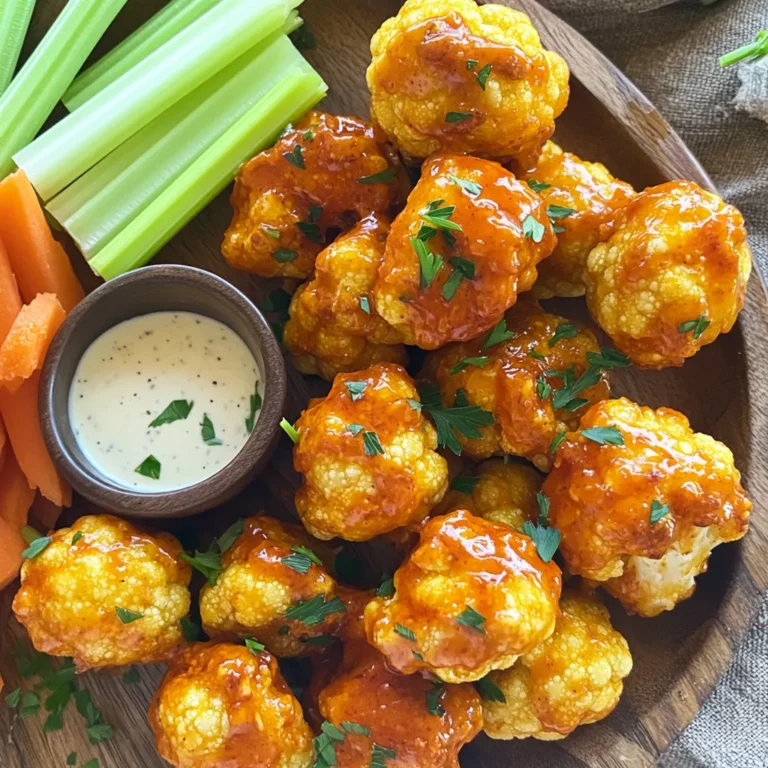 - Cauliflower florets - 1 cup all-purpose flour (or gluten-free flour if needed) - 1 cup plant-based milk (such as almond or soy) - 1 teaspoon garlic powder - 1 teaspoon onion powder - 1 teaspoon smoked paprika - ½ teaspoon salt - ½ teaspoon black pepper - ½ cup buffalo sauce (adjust to taste) - 2 tablespoons olive oil - Fresh parsley, chopped (for garnish) To make savory air fryer buffalo cauliflower bites, you need a few simple ingredients. Start with fresh cauliflower florets, which give the dish its crunch and taste. For the batter, you’ll use flour. You can choose all-purpose or gluten-free flour based on your needs. Next, pick a plant-based milk. Almond or soy milk works great to keep the batter smooth and creamy. Seasoning is key to flavor. You will need garlic powder, onion powder, smoked paprika, salt, and black pepper. These spices add a robust taste to the cauliflower. Finally, don’t forget the buffalo sauce! This is what gives our bites that spicy kick. Adjust the amount based on how hot you like it. Toss in a bit of olive oil to help everything crisp up nicely in the air fryer. You can also garnish the finished dish with fresh parsley for a pop of color. Now you have all the ingredients to make these delicious bites! Start by cutting the cauliflower into bite-sized florets. You want pieces that are easy to handle. Next, make the batter. In a mixing bowl, combine 1 cup of flour, 1 cup of plant-based milk, 1 teaspoon of garlic powder, 1 teaspoon of onion powder, 1 teaspoon of smoked paprika, ½ teaspoon of salt, and ½ teaspoon of black pepper. Whisk until the batter is smooth. Preheat your air fryer to 400°F (200°C). Dip each cauliflower floret into the batter. Make sure they are fully coated. Allow the excess batter to drip off. Place the coated florets in the air fryer basket. Make sure they are in a single layer and do not overlap. Lightly spray them with olive oil for a crispy finish. Air fry the cauliflower for 10-12 minutes. Shake the basket halfway through to ensure even cooking. You want them golden brown and crispy. Once the cauliflower is cooked, transfer the bites to a separate bowl. Toss them with ½ cup of buffalo sauce until all pieces are well coated. Return the sauced cauliflower to the air fryer. Air fry them again for 2-3 minutes at 400°F (200°C) to set the sauce. When done, remove them from the air fryer and garnish with fresh parsley before serving. Enjoy your tasty buffalo cauliflower bites! For the best crispiness, focus on batter consistency. Your batter should be smooth but not too runny. This helps the coating stick to the cauliflower and creates a crunchy layer. When you dip the florets, coat them well. Let any extra batter drip off before frying. Using olive oil spray makes a big difference. A light spray on the coated florets helps them crisp up nicely in the air fryer. This gives you that desired crunch without adding too much oil. Pair your buffalo cauliflower bites with tasty dipping sauces. Ranch dressing or blue cheese are classic choices. They balance the heat of the buffalo sauce well. You can also try a yogurt-based dip for a fresh twist. For presentation, serve the bites on a large platter. Add fresh carrot and celery sticks on the side. This adds color and crunch. Place a small bowl of your chosen dip in the center for easy access. This makes your dish look inviting and fun! {{image_2}} If you want this dish to be gluten-free, you can swap out the flour. Use gluten-free all-purpose flour instead. This keeps the texture light and crispy. You can also try using almond flour or chickpea flour. Both work well and add a nice flavor. Want to switch up the taste? You can use different sauces. Garlic parmesan is a great option. Just toss your fried cauliflower in melted butter, garlic, and parmesan cheese. For a sweet twist, try teriyaki sauce. It adds a unique flavor that pairs well with the cauliflower. You can serve these bites as an appetizer or a main dish. As an appetizer, plate them with carrot and celery sticks. Add a small bowl of ranch or blue cheese dressing for dipping. If you serve them as a main dish, pair them with rice or a fresh salad. Both ways, your guests will love the flavor! After enjoying your buffalo cauliflower bites, store any leftovers in the fridge. Place them in an airtight container. This keeps them fresh for about three to five days. Make sure to let them cool completely before sealing the container. This prevents moisture buildup, which can make them soggy. When you’re ready to enjoy your leftovers, reheating them correctly will keep them crispy. The best method is to use the air fryer again. Preheat it to 375°F (190°C) and warm the bites for about five to seven minutes. This method helps restore their crunch. You can also use an oven set to the same temperature. Just spread them on a baking sheet and heat for seven to ten minutes. If you want to save some for later, you can freeze these bites. First, let them cool completely. Then, spread them in a single layer on a baking sheet and freeze for about an hour. This prevents them from sticking together. After they’re frozen, transfer them to a freezer-safe bag or container. They can last up to three months. To thaw, place them in the fridge overnight before reheating. Yes, you can make this recipe in the oven. Preheat it to 450°F (232°C). Spread the coated cauliflower on a baking sheet. Bake for 20-25 minutes, flipping halfway through. This gives a nice crunch, though it may not be as crispy as the air fryer. The best sauces include ranch dressing and blue cheese dressing. Both add creaminess and balance the heat. You can also try a yogurt-based dip for a lighter option. Experiment with your favorites to find what you love. To lower the spice, use less buffalo sauce. You can mix in some honey or maple syrup to sweeten it. Adding more plant-based milk to the sauce can also tone down the heat. Taste as you go to get it just right. You can use frozen cauliflower, but it’s best to thaw and dry it first. Excess moisture can make the batter soggy. After thawing, pat it dry with a towel. Then, coat it in the batter and air fry as usual. Enjoy your tasty bites! This blog post showed you how to make tasty buffalo cauliflower bites. We covered the key ingredients, step-by-step instructions, and useful tips. You learned about flavor variations and how to store leftovers properly. Now, you can enjoy this dish in many ways. Whether as a snack or a meal, buffalo cauliflower is simple and fun. Have fun experimenting with different flavors and serving ideas! Enjoy your tasty creation!